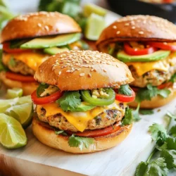 - 1 pound ground turkey - 1/4 cup whole-wheat breadcrumbs - 1/4 cup diced red bell pepper - 1/4 cup diced onion - 1 jalapeño, finely chopped (seeds removed for less heat, if desired) - 2 cloves garlic, minced For the Spicy Southwest Turkey Burgers, we use simple, fresh ingredients. Ground turkey gives us a lean protein base. Whole-wheat breadcrumbs help bind the mixture and add texture. Diced vegetables, like red bell pepper and onion, bring color and flavor. Finely chopped jalapeño adds the spice. Finally, minced garlic enhances the overall flavor of the burgers. - 1 teaspoon cumin - 1 teaspoon smoked paprika - 1/2 teaspoon chili powder - Salt and pepper to taste Spices are key to great taste. Cumin adds earthiness. Smoked paprika gives a hint of smoke and depth. Chili powder adds heat and flavor. Salt and pepper are essential to bring everything together. These spices elevate the burger to new levels. - Sliced avocado - Pepper jack cheese - Salsa - Shredded lettuce Toppings make each burger unique. Sliced avocado provides creaminess. Pepper jack cheese melts beautifully on top. Salsa adds freshness and a zesty kick. Shredded lettuce gives a nice crunch. You can mix and match these toppings for your perfect bite. Serve your burgers on whole-wheat buns for added flavor and nutrition. Enjoy this meal with a side of mixed greens or sweet potato fries for a well-rounded feast. {{ingredient_image_1}} Start with a large bowl. Add the ground turkey, breadcrumbs, diced red bell pepper, onion, jalapeño, and garlic. Then, sprinkle in the cumin, smoked paprika, chili powder, salt, and pepper. Pour in the lime juice and add the chopped cilantro. Mix gently with your hands or a spoon. Be careful not to overmix. If you mix too much, the burgers can become tough. You want a soft, tender burger. Just combine everything until you don’t see any dry spots. Now, divide the mixture into four equal parts. You want each patty to be the same size for even cooking. Roll each part into a ball, then flatten it to make a patty. Use your thumb to create a small indentation in the center of each patty. This helps them cook evenly and avoids puffing up while cooking. You can cook these burgers on a grill or a skillet. If you use a grill, preheat it to medium-high heat and brush it with a little oil. For a skillet, heat it on the stove over medium-high heat. Cook the patties for about 5-6 minutes on each side. They should reach a safe temperature of 165°F (74°C). If you like cheese, place a slice of pepper jack on top in the last minute of cooking. To finish, toast the whole wheat buns on the grill or in a toaster. This adds a nice crunch and flavor. Enjoy your juicy, flavorful burgers! To keep your turkey burgers juicy, do not overmix the meat. Gently combine the ingredients until just mixed. This helps keep the burgers tender. After shaping them, check for doneness using a meat thermometer. Aim for an internal temperature of 165°F (74°C). This ensures your burgers are safe to eat. Want to add more kick? Try adding extra spices like cayenne pepper or chipotle powder. You can also marinate the turkey mixture with lime juice for an hour before cooking. This adds depth to the flavor and makes the burgers even tastier. For a vibrant look, garnish your burgers with lime wedges and fresh cilantro. This not only adds color but enhances the taste. Serve with sides like mixed greens or sweet potato fries. These pair well with the spicy flavors of the turkey burgers. Pro Tips Keep It Tender: Gently mix the ingredients to avoid overworking the turkey, which can make the burgers tough. Cooking Temperature: Ensure the internal temperature of the turkey burgers reaches 165°F (74°C) for safe consumption. Flavor Boost: Experiment with different spices such as coriander or cayenne for an extra kick of flavor. Perfect Patties: Make a slight indentation in the center of each patty to prevent them from puffing up while cooking. {{image_2}} You can switch up the meat in your turkey burger. Ground chicken works well. It has a similar texture and taste. You can also use ground beef for a richer flavor. If you want a plant-based choice, try a vegetarian burger. Look for beans or lentils as the main ingredient. These options pack protein and flavor. If you need gluten-free options, use gluten-free breadcrumbs. They will still give your burgers a nice texture. For those who avoid dairy, there are many dairy-free cheese options. Look for nut-based or soy cheeses. They melt well and add creaminess without dairy. Add southwestern elements to your burgers for a fun twist. Corn adds sweetness and crunch. You can mix it right into the patty. Different spice blends can also change the flavor. Try adding chili flakes or cayenne for more heat. Each variation gives you a new taste adventure while keeping it delicious. To keep your spicy southwest turkey burgers fresh, refrigerate them right away. Place them in an airtight container. They will last for about three to four days in the fridge. If you want to store them for a longer time, freezing is a great option. Wrap each burger tightly in plastic wrap, then place them in a freezer bag. They can stay good for up to three months. When you are ready to enjoy your leftovers, there are a few great ways to reheat your burgers. The oven works well for reheating. Preheat it to 350°F and place the burgers on a baking sheet. Heat for about 10-15 minutes. You can also use a microwave, but this may make the burgers a bit soggy. To keep the flavor and texture, try reheating them in a skillet over medium heat for about 5 minutes on each side. Keeping your fresh ingredients is key to great burgers. For chopped veggies, store them in a sealed container in the fridge. This helps maintain their crunch and flavor. For spices and breadcrumbs, keep them in a cool, dry place. Use airtight containers to keep them fresh longer. This way, you can always have the best flavors ready for your next cooking adventure! You can check if turkey burgers are done by using a meat thermometer. The internal temperature should reach 165°F (74°C). This ensures they are safe to eat. If you don’t have a thermometer, cut into a burger. The meat should be white and no longer pink. Always check the thickest part of the patty. Yes, you can prepare the burger mixture ahead of time. Mix all the ingredients and cover it. Keep it in the fridge for up to 24 hours. This saves time when you are ready to cook. Just shape and cook them when you’re ready. A few great side dishes include: - Sweet potato fries - Mixed greens salad - Corn on the cob - Coleslaw - Grilled vegetables These sides complement the spicy flavor of the burgers well. You can also serve them with some salsa for an extra kick. In this post, we explored making spicy Southwest turkey burgers. We discussed key ingredients like ground turkey, fresh veggies, and flavorful spices. I shared step-by-step instructions to prepare and cook the perfect burger. We covered tips to keep them tender and variations to suit your taste. Don't forget about storage and reheating methods to enjoy leftovers. These burgers are not just tasty; they are easy to make. Try them today for a delicious meal that satisfies!