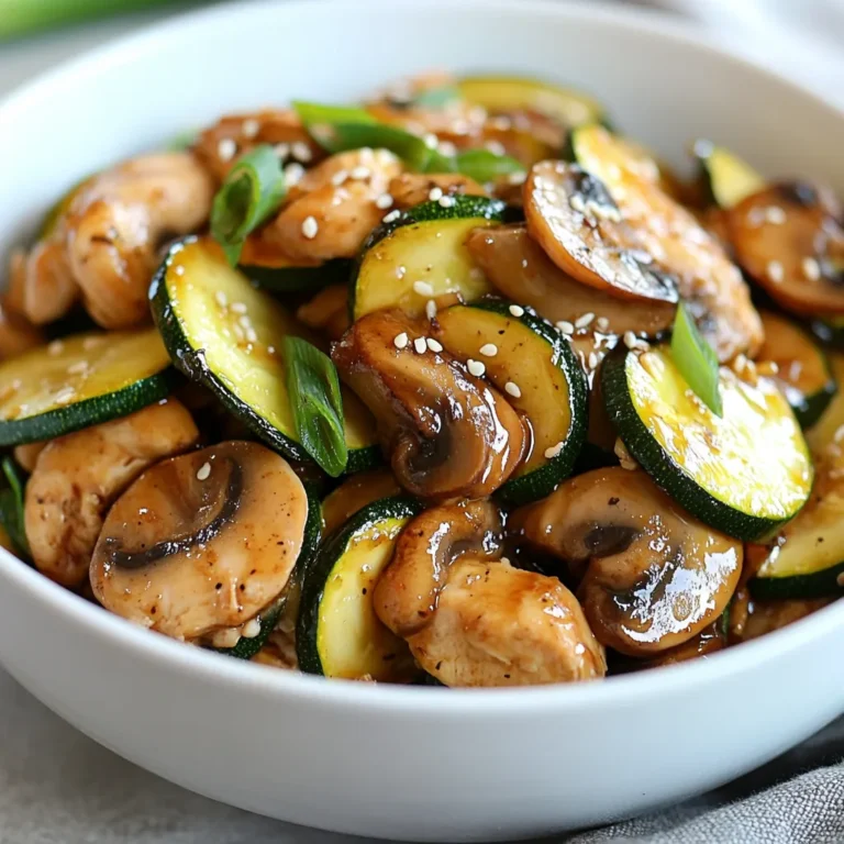 - 1 pound chicken breast, thinly sliced - 2 medium zucchinis, sliced into half-moons - 8 ounces mushrooms, sliced (any variety) - 1 bell pepper (red or yellow), sliced - 3 cloves garlic, minced - 1 tablespoon fresh ginger, minced - 3 tablespoons soy sauce (or tamari for gluten-free) - 2 tablespoons honey or maple syrup - 1 tablespoon sesame oil - 1 tablespoon vegetable oil (for cooking) - Salt and pepper to taste In this stir fry, I love using fresh and vibrant ingredients. Chicken breast gives the dish protein and flavor. Zucchini adds a nice crunch. Mushrooms provide earthy notes, while bell pepper adds sweetness. To enhance flavor, I always add garlic and ginger. They bring warmth and depth. Soy sauce or tamari gives a savory kick. Honey or maple syrup adds a hint of sweetness, balancing the flavors nicely. For oils, I use sesame oil for its nutty taste. Vegetable oil helps in cooking at high heat. Don’t forget salt and pepper to taste! They really make everything pop. {{ingredient_image_1}} 1. Marinating the chicken: Start with 1 pound of thinly sliced chicken breast. In a medium bowl, mix the chicken with 1 tablespoon of soy sauce, salt, and pepper. Let it sit for about 15 minutes. This helps the chicken soak up flavor. 2. Heating the skillet: While the chicken marinates, heat 1 tablespoon of vegetable oil in a large skillet over medium-high heat. Make sure the oil is hot before adding anything. This step is key for a good stir-fry. 1. Stir-fry the chicken: Add the marinated chicken to the hot skillet. Stir-fry it for about 5-7 minutes. Cook until it’s browned and fully cooked. Once done, remove the chicken from the skillet and set it aside. 2. Adding garlic and ginger: In the same skillet, add 3 cloves of minced garlic and 1 tablespoon of minced ginger. Stir them for about 30 seconds. You want to smell the fragrant aroma, which means they are ready for the next step. 1. Incorporating zucchini, mushrooms, and bell pepper: Now, add 2 sliced zucchinis, 8 ounces of sliced mushrooms, and 1 sliced bell pepper to the skillet. Stir-fry these vegetables for about 5-6 minutes. They should be tender but still crisp and colorful. 2. Final steps to combine all ingredients: Return the cooked chicken to the skillet. Add the remaining soy sauce, 2 tablespoons of honey, and 1 tablespoon of sesame oil. Mix everything well and cook for an additional 2-3 minutes. This combines all the flavors. Taste and adjust seasoning with more salt or soy sauce as needed. Serve the stir-fry hot, topped with sliced green onions and sesame seeds if you like. Enjoy every bite of this colorful dish! To get the best stir-fry, start with high heat. The heat helps the chicken cook fast and stay juicy. It also keeps the veggies crisp and bright. Use a wok or a large skillet to give your food room to move. Another tip is to cut everything into similar sizes. This helps all the ingredients cook evenly. Thin slices cook faster and absorb more flavor. You can change the sweetness in this dish. Use honey or maple syrup to add a touch of flavor. Just a little can brighten the whole meal. If you want different tastes, try soy sauce alternatives. Teriyaki or hoisin sauce can give a fun twist. For a beautiful finish, garnish your stir-fry with sliced green onions. They add color and a fresh taste. You can also sprinkle sesame seeds on top. They give a nice crunch and extra flavor. A pretty dish makes your meal even more enjoyable! Pro Tips Marinate for Flavor: Allow the chicken to marinate for at least 15 minutes to enhance its flavor. For even more depth, consider marinating it for up to an hour. High Heat is Key: Stir-frying requires high heat to achieve that delicious sear. Make sure your skillet or wok is hot enough before adding the ingredients. Veggie Crunch: To keep your vegetables crisp, add them in the order of cooking time. Start with those that take longer to cook, like bell peppers, and finish with quicker-cooking ones like zucchini. Adjust to Taste: Don’t hesitate to taste and adjust the seasoning towards the end. A splash more soy sauce or a pinch of salt can make a big difference in flavor. {{image_2}} You can easily switch the chicken for other proteins. Tofu is a great choice for a vegetarian meal. It absorbs flavors well, making your stir fry delicious. For a seafood twist, try shrimp. Shrimp cooks quickly and brings a nice texture. If you want a vegan option, use tempeh or chickpeas. Both are hearty and will fill you up. They add protein and work well with the other flavors in the dish. Feel free to mix in other vegetables. Broccoli and carrots are excellent choices. They add color and crunch to your stir fry. You can also use snap peas or bell peppers for extra flavor. Seasonal produce can change your dish. In summer, add fresh corn or bell peppers. In fall, try squash or fresh green beans. The more veggies, the better the taste! If you need gluten-free options, use tamari instead of soy sauce. It has the same great flavor without gluten. For low-carb diets, skip the honey or maple syrup. You can also reduce the amount of zucchini. Instead, add more protein or other low-carb veggies like spinach or cauliflower. This keeps the meal tasty and light. After cooking your zucchini mushroom chicken stir fry, let it cool for a bit. Place leftovers in an airtight container. This keeps the flavors fresh. Store it in the fridge for up to three days. To keep the texture nice, avoid stacking too much on top of each other. If you want to save some for later, freezing is a great option. First, let the stir fry cool completely. Then, pack it in a freezer-safe bag or container. Remove as much air as possible to prevent freezer burn. This stir fry can last for about three months in the freezer. When you're ready to eat, thaw it overnight in the fridge. Reheat it in a pan over medium heat for best results. Leftovers from your stir fry can last about three days in the fridge. If you see any discoloration or an off smell, it's best to toss it. Always trust your senses! If the food looks or smells strange, don't take a chance. Enjoy your meals safely! You can serve this stir fry with a few tasty sides. Here are my favorites: - Steamed rice: White or brown rice works well. It soaks up the sauce. - Quinoa: This grain adds great texture and protein. - Noodles: Try rice noodles or whole wheat noodles for a fun twist. - Salad: A light green salad balances the meal nicely and adds freshness. - Egg rolls: These crunchy treats make a nice addition to your plate. Yes, you can prepare this dish in advance. Here are some meal prep tips: - Marinate the chicken: You can marinate it the night before. This adds more flavor. - Chop veggies: Cut your zucchinis, mushrooms, and bell peppers a day ahead. Store them in the fridge. - Cook and store: Make the stir fry, let it cool, and store it in an airtight container. It lasts in the fridge for up to three days. - Reheat: When ready to eat, just heat it in a skillet over medium heat. It warms through quickly. To make a vegetarian stir fry, you can easily swap some ingredients. Here’s how: - Replace chicken: Use firm tofu or tempeh instead. Cut it into small pieces. - Add protein: Chickpeas or edamame are great options for extra protein. - Keep veggies: All the veggies in the recipe are vegetarian-friendly. You can add more too, like broccoli or carrots. - Adjust sauce: Make sure your soy sauce is vegetarian. Some brands add fish sauce. These swaps keep the dish flavorful and healthy! This blog post covered how to make a delicious Zucchini Mushroom Chicken Stir Fry. We explored key ingredients like chicken, zucchini, and flavor enhancers such as garlic and soy sauce. You learned step-by-step cooking instructions and tips for a perfect stir-fry texture. We also discussed variations for proteins and vegetables, ensuring options for all diets. Lastly, we provided storage tips for leftovers. Stir-fry is simple and fun, and you can easily adjust it to fit your taste. Enjoy your cooking adventure!