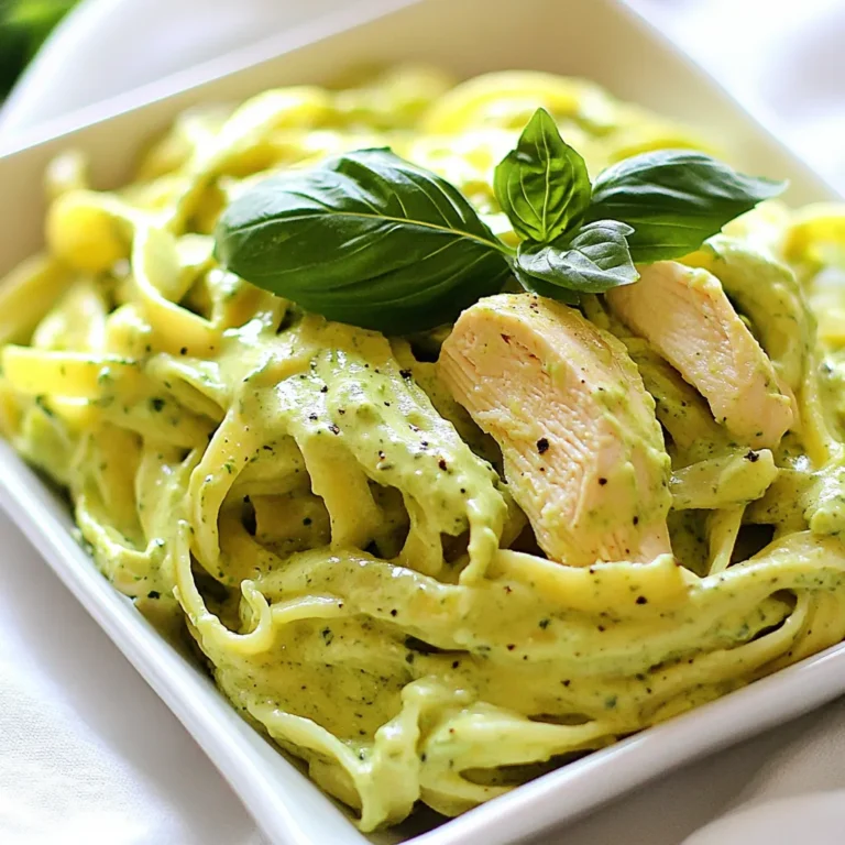 - 2 cups cooked fettuccine pasta - 2 chicken breasts, cooked and sliced - 1 ripe avocado - 1 cup unsweetened coconut milk - 2 cloves garlic, minced - 2 tablespoons nutritional yeast - 1 tablespoon olive oil - 1 tablespoon lemon juice - Salt and pepper to taste - Fresh basil for garnish This Dairy Free Chicken Alfredo offers a healthy meal option. Each serving has good fats from avocado and coconut milk. You get protein from chicken, too. The nutritional yeast adds vitamins and gives a cheesy flavor. This dish is rich in nutrients while being dairy-free. If you're out of any ingredient, there are easy swaps. Use whole grain pasta for more fiber. For a different protein, try tofu or chickpeas. If you want a new flavor, swap coconut milk for almond milk. You can also skip the nutritional yeast if you prefer. Use some vegan cheese instead if you like. {{ingredient_image_1}} First, you need to cook the fettuccine. Boil water in a large pot. Add a pinch of salt to the water. It helps to flavor the pasta. Cook the fettuccine according to the package instructions, usually around 8 to 10 minutes. Stir it often to prevent sticking. When it's al dente, drain the pasta and set it aside. This step is crucial for the perfect texture. Next, let’s make the creamy avocado sauce. Grab a ripe avocado and cut it in half. Remove the pit and scoop the green flesh into a blender. Add one cup of unsweetened coconut milk to the blender. This gives the sauce its nice creaminess. Then, toss in two cloves of minced garlic for flavor. Add two tablespoons of nutritional yeast. It adds a cheesy taste without dairy. Pour in one tablespoon of olive oil and one tablespoon of lemon juice. Season with salt and pepper to your liking. Blend everything until it’s smooth and creamy. Taste it and adjust the seasoning if needed. This sauce is rich and delicious. Now it’s time to bring everything together. In a large pan over medium heat, add the sliced cooked chicken. Pour the avocado sauce over the chicken. Stir gently to coat the chicken evenly. Heat this mixture until the chicken is warmed through. Then, add the cooked fettuccine to the pan. Toss it all together until the pasta is covered in the creamy sauce. Make sure every bite is flavorful. Serve your dish immediately and garnish with fresh basil. This adds a lovely touch and fresh flavor. Enjoy your creamy, dairy-free chicken Alfredo! To get that creamy texture, use a ripe avocado. A ripe avocado blends well and makes the sauce smooth. The coconut milk adds extra creaminess. If your sauce feels thick, add a bit more coconut milk. Blend until there are no lumps. This step is key for that rich Alfredo feel. If you don't have coconut milk, try almond milk or cashew milk. Both can create a tasty sauce. For nutritional yeast, you can use grated vegan cheese. It gives a cheesy flavor without dairy. Olive oil is great, but you can also use avocado oil. Adjust based on what you have in your kitchen. Store any leftovers in an airtight container. Keep it in the fridge for up to three days. If you want to freeze it, place the sauce in a freezer-safe bag. It can last up to a month. When you reheat, add a splash of coconut milk. This helps bring back the creamy texture. Pro Tips Choose Ripe Avocados: Ensure your avocados are perfectly ripe for the creamiest sauce. A ripe avocado will yield slightly to gentle pressure and have a vibrant green color inside. Add More Flavor: Consider adding spices like paprika or Italian herbs to the sauce for an extra flavor boost that complements the creamy avocado. Perfect Pasta Texture: Cook the fettuccine al dente for the best texture. This ensures the pasta holds its shape and doesn't become mushy when mixed with the sauce. Garnish Fresh: Fresh basil adds a lovely aromatic finish. For an added touch, try a sprinkle of nutritional yeast on top for a cheesy flavor without dairy. {{image_2}} You can easily swap chicken for plant-based proteins. Try using tofu or chickpeas. Both options add great texture. They also absorb the creamy avocado sauce well. If you want a quick option, use store-bought vegan chicken. This makes your dish quick and easy. Adding vegetables boosts nutrition and flavor. Consider spinach or broccoli for color and crunch. Toss in some cherry tomatoes for a pop of sweetness. You can also use zucchini noodles instead of fettuccine. This keeps your meal light and fresh, while still tasty. Don’t be shy with flavors! Add red pepper flakes for heat. You can also sprinkle in smoked paprika for a smoky taste. Fresh herbs like parsley or cilantro add bright notes. Experiment with lemon zest for extra zing. Each of these will make your dish unique and delicious! After you make Dairy Free Chicken Alfredo, let it cool. Store it in an airtight container. It will last in the fridge for up to three days. When ready to eat, check for any signs of spoilage. If it smells off or looks strange, toss it. You can freeze this dish, but the texture may change. Allow the meal to cool completely. Then, place it in a freezer-safe container. It will keep well for up to three months. Be sure to label the container with the date. To thaw, place it in the fridge overnight before reheating. When you are ready to enjoy your leftovers, reheat gently. Use a pan over medium heat for best results. Add a splash of water or coconut milk to help the sauce regain its creaminess. Stir as you heat it to ensure it warms evenly. You can also use a microwave, but heat in short bursts, stirring in between. To lower calories, use less olive oil. You can cut it down to one teaspoon. Choose a lighter pasta or try zucchini noodles. This will help reduce carbs and calories. You can also skip the nutritional yeast or use less. Finally, control your portion size. Smaller servings can make a big difference. If you want a different flavor, use unsweetened almond milk. It gives a nice touch and is lower in calories. You can also try cashew milk for creaminess. Another option is oat milk, which is smooth and tasty. Each of these will change the taste slightly but still keep it creamy. Yes, you can make it ahead. Cook the pasta and chicken in advance. Store them separately. Make the avocado sauce and keep it in the fridge. When ready to eat, warm the chicken and pasta. Mix everything together and enjoy! This makes meal prep easy and quick. In this blog post, we explored the ingredients and steps to make a delicious dish. You learned about nutritional info and alternative ingredients. I shared tips for the perfect creamy texture and how to store your leftovers. By trying different variations, you can make this dish fit your taste. Remember, cooking is all about experimenting. With the right knowledge and a few easy tricks, you can create tasty meals that everyone will love. Enjoy your cooking journey!