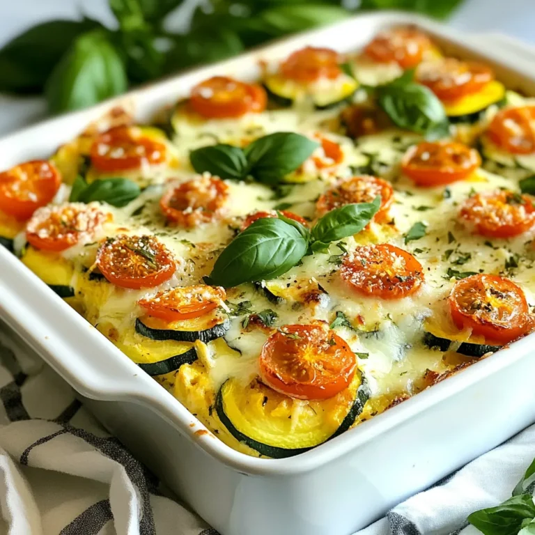 To make a tasty Chicken Zucchini Bake, you need some simple ingredients. Here is the list: - 2 medium zucchinis, sliced into thin rounds - 2 cups cooked chicken, shredded - 1 cup cherry tomatoes, halved - 1 cup shredded mozzarella cheese - 1/2 cup grated Parmesan cheese - 1/4 cup fresh basil, chopped - 1 teaspoon garlic powder - 1 teaspoon onion powder - Salt and pepper, to taste - 2 tablespoons olive oil - 1/4 teaspoon red pepper flakes (optional, for a spicy kick) Each ingredient adds flavor and texture to the dish. You get creamy cheese, fresh veggies, and tender chicken. The zucchinis provide a nice crunch. Cherry tomatoes add sweetness. Garlic and onion powder give it depth. Don’t skip the fresh basil. It adds a lovely aroma and taste. You can adjust the salt and pepper based on your preference. If you like it spicy, add red pepper flakes. With these ingredients, you’re on your way to a delicious dinner that’s easy to prepare. Enjoy the process and get ready for a cozy meal! {{ingredient_image_1}} First, we need to preheat the oven. Set it to 375°F (190°C). This helps cook our bake evenly. Next, grab a 9x13 inch baking dish. Use a bit of olive oil to grease the bottom. This step keeps the bake from sticking. Now it’s time to mix our main ingredients. In a large bowl, combine the sliced zucchinis, shredded chicken, and halved cherry tomatoes. Add garlic powder, onion powder, salt, and pepper. If you like it spicy, toss in some red pepper flakes. Drizzle olive oil on top and mix everything well. This step ensures all the flavors blend nicely. Let’s build our layers. Start with half of the zucchini and chicken mixture. Spread it evenly in the bottom of the greased dish. Next, sprinkle half of the mozzarella and Parmesan cheese over this layer. Now, add the rest of the zucchini and chicken mixture on top. Finish with the remaining cheese. To add a fresh touch, sprinkle chopped basil over the top layer. Cover the baking dish with aluminum foil. This helps trap steam and cook the ingredients. Bake for 25 minutes. After that, remove the foil. Bake for another 15-20 minutes. You want the cheese to bubble and turn golden. Once done, let it cool for a few minutes before serving. - Ensuring even cooking: Cut the zucchini into thin rounds. This helps them cook evenly. Layer the ingredients flat in the dish. This way, heat can reach all parts. - Perfecting cheese melt: Use fresh cheese for the best melt. Mix mozzarella and Parmesan for great flavor. Cover the dish with foil during the first part of baking. This keeps moisture in, giving you that gooey texture. - Presentation tips: Serve the bake in the dish. This keeps it warm and inviting. Top with fresh basil for a pop of color. A drizzle of balsamic glaze adds a nice touch. - Enhancing flavor with garnishes: Fresh herbs like parsley or chives work well. A sprinkle of red pepper flakes adds spice. You can also serve with a side salad for balance. - Overcooking chicken: Use cooked chicken to avoid drying it out. If you cook it too long, it can become tough. Check the bake a few minutes early to ensure it stays juicy. - Not seasoning adequately: Don’t skip the salt and pepper. They bring out the dish's flavors. Taste the mixture before baking to adjust if needed. Pro Tips Use Fresh Zucchini: Fresh zucchini has a firmer texture and better flavor compared to older, softer zucchinis. Look for ones that are glossy and firm. Opt for Rotisserie Chicken: For a quicker prep time, using rotisserie chicken can save you time, and it adds a great flavor to the bake. Add More Veggies: Feel free to incorporate other vegetables like bell peppers or spinach for added nutrition and flavor. Let it Rest: Allow the dish to cool for a few minutes after baking; this helps the layers set and makes serving easier. {{image_2}} You can change some ingredients in this Chicken Zucchini Bake. For cheese, you might try using cheddar or gouda. They melt well and add a rich taste. If you want a lighter option, use low-fat cheese. You can also switch out the vegetables. Instead of zucchini, try bell peppers or eggplant. Both will add different flavors and textures. You could even add spinach or kale for extra greens. This dish can fit many diets. For gluten-free options, ensure that your cheese and seasonings are gluten-free. Most cheese is gluten-free, but it’s always good to check labels. If you want low-carb adaptations, you can skip the tomatoes. They add some carbs. Instead, use more zucchini or other low-carb veggies like mushrooms. This keeps the dish tasty and healthy. Adding spices can make this bake exciting. Try paprika for a smoky flavor, or cumin for warmth. If you like heat, add more red pepper flakes. Incorporating fresh herbs can also change the taste. Use thyme or oregano for a different twist. You can mix basil with parsley for a fresh and bright flavor. Experimenting with these options can make each bake unique! To keep your Chicken Zucchini Bake fresh, store it in the fridge. Place the leftovers in a container with a tight lid. Make sure to eat them within 3 to 4 days. This helps keep the flavors strong. For best results, use glass or plastic food containers. They keep the dish sealed and safe. Avoid metal containers, as they can affect taste. When it’s time to enjoy the leftovers, reheating is key. The best method is to use an oven. Preheat the oven to 350°F (175°C). Place the leftovers in an oven-safe dish. Cover it with foil to keep the moisture in. Heat for about 15 to 20 minutes. You can also use a microwave. Place a portion in a microwave-safe bowl. Heat it in short bursts, like 1 to 2 minutes. Stir in between to warm evenly. To keep the texture nice, avoid too much microwave time. This helps the cheese stay gooey, not rubbery. If you want to save the dish for later, freezing works great. Let the Chicken Zucchini Bake cool completely. Cut it into portions, then wrap each piece tightly in plastic wrap. Place wrapped pieces in a freezer bag. Be sure to squeeze out as much air as possible. Label the bag with the date. This way, you can keep track of how long it’s been frozen. Aim to eat it within 2 to 3 months for best taste. To defrost, move a portion from the freezer to the fridge the night before. When you’re ready to reheat, follow the same steps as before. This ensures a tasty meal, just like when you first made it! To prepare zucchini for baking, wash and slice it. Cut the zucchini into thin rounds. This helps it cook evenly and blend well with other ingredients. You can sprinkle a little salt on the slices. Let them sit for about 10 minutes to draw out excess moisture. Pat them dry with a paper towel. This step helps prevent a soggy bake. Using raw chicken is not recommended. Cooked chicken ensures that the meat is safe to eat and tender. Raw chicken may not cook evenly in the bake. It’s best to use shredded or diced cooked chicken for a quick and tasty meal. The Chicken Zucchini Bake is done when the cheese is bubbly and slightly golden. You should also check that the zucchini is tender. A good way to test this is with a fork. If it easily pierces the zucchini, your dish is ready to enjoy. Yes, you can make the Chicken Zucchini Bake ahead of time. Prepare the dish but do not bake it yet. Cover it well and store it in the fridge. It can sit for up to 24 hours. When you're ready to eat, just pop it in the oven and bake as directed. You now have all you need to create a delicious Chicken Zucchini Bake. You learned about essential ingredients like fresh veggies and cheeses. I shared step-by-step instructions to guide you through the prep and baking. We also discussed tips to avoid common mistakes and variations to suit your taste. Enjoy your cooking journey, and remember, this dish is versatile and easy to adapt. Happy baking!
