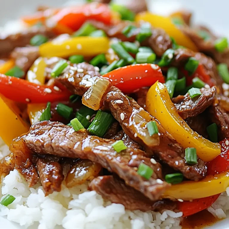 - 1 lb flank steak, thinly sliced against the grain - 1 bell pepper, sliced (any color) - 1 onion, sliced - 3 cloves garlic, minced - 1-inch piece ginger, minced - Green onions, for garnish - 2 tablespoons soy sauce - 1 tablespoon cornstarch - 1 tablespoon oyster sauce - 1 tablespoon rice vinegar - 1 teaspoon sugar - Salt and black pepper to taste - 2 tablespoons vegetable oil (divided) - Large skillet or wok - Mixing bowl - Sharp knife for slicing - Cutting board - Measuring spoons - Serving dish This list includes all you need for a tasty Chinese pepper steak. The flank steak gives it a nice texture. The bell pepper and onion add color and crunch. The garlic and ginger bring a wonderful aroma. Don't forget the green onions for garnish! {{ingredient_image_1}} Start by slicing the flank steak against the grain. This helps the meat stay tender. Place the steak in a bowl. Add soy sauce and cornstarch to the bowl. Mix it well to coat the meat. Let it marinate for 15 to 20 minutes. This step adds a lot of flavor. Heat a large skillet or wok over high heat. Add 1 tablespoon of vegetable oil to the pan. Once hot, place the marinated steak in a single layer. Let it sear for 1 to 2 minutes. You want it to brown nicely. After that, remove the beef from the pan and set it aside. This keeps it juicy. In the same skillet, add the remaining oil. Toss in the sliced onions and bell peppers. Stir-fry them for 3 to 4 minutes. You want them to soften a bit. Now, add minced garlic and ginger to the pan. Stir for another minute until you smell their aroma. Return the steak to the pan and mix it with the vegetables. Next, pour in oyster sauce, rice vinegar, and sugar. Stir everything well to coat it. Cook for 2 to 3 minutes until the sauce thickens. Finally, season with salt and black pepper to taste. Serve hot over rice or noodles, topped with green onions. For Chinese pepper steak, I recommend using flank steak. Flank steak is lean and has strong flavor. It works best when sliced thinly against the grain. This helps keep the meat tender and easy to chew. You can also use sirloin or ribeye for a richer taste. Just make sure to slice it thinly to maintain tenderness. Marinades add depth to your steak. I use soy sauce and cornstarch in my recipe. Soy sauce gives a savory taste, while cornstarch helps keep the meat moist. Let the steak marinate for about 15-20 minutes. This step is crucial for flavor and tenderness. You can also add a dash of sesame oil or garlic to the marinade for extra zing. Cooking beef quickly at high heat is key. Start by searing the marinated steak in a hot skillet. This locks in flavor and juices. Remove the beef once it's browned, then stir-fry your veggies. After that, add the steak back into the pan. This method keeps the beef tender and juicy. Stir-frying also lets the flavors mix well without overcooking the meat. Pro Tips Slice Against the Grain: For tender beef, always slice the flank steak against the grain. This shortens the muscle fibers, making each bite easier to chew. High Heat is Key: Cooking on high heat helps to sear the steak quickly, locking in juices and creating a delicious crust. Ensure your skillet or wok is properly heated before adding the meat. Marinate for Flavor: Allowing the steak to marinate for at least 15-20 minutes enhances the flavor and tenderness. Consider adding some sesame oil for an extra layer of taste. Garnish for Presentation: A sprinkle of chopped green onions not only adds color but also a fresh crunch that complements the rich flavors of the stir-fry. {{image_2}} You can swap out bell peppers and onions for other veggies. Try using broccoli, snap peas, or carrots. These options add crunch and color. You can even mix them all together for a rainbow of flavors. Just remember to cut them into similar sizes to keep cooking even. If you love heat, add some chili flakes or sliced jalapeños. You can also use spicy soy sauce. This will give the dish a fiery kick. Adjust the amount to your taste. A little goes a long way! To make this dish gluten-free, use tamari instead of soy sauce. This simple swap keeps the flavor rich without gluten. Always check labels on sauces for hidden gluten. Your gluten-free friends will be impressed! To keep your Chinese pepper steak fresh, start by letting it cool. Place the cooled dish in an airtight container. This helps prevent moisture loss. Store it in the fridge for up to three days. If you want to keep it longer, consider freezing. For meal prep, pack your pepper steak in freezer-safe bags. Remove as much air as possible to avoid freezer burn. Label the bags with the date, so you know when to use them. You can freeze it for up to three months. When you’re ready to eat, just thaw it in the fridge overnight. To reheat, the best method is on the stove. Place the pepper steak in a skillet over medium heat. Add a splash of water or broth to help restore moisture. Stir occasionally until heated through. This keeps the flavors vibrant and the beef tender. Avoid using the microwave, as it can make the beef tough. The best cut for pepper steak is flank steak. Flank steak has great flavor and is easy to slice thin. It cooks quickly and stays tender when cooked right. Other good options include sirloin or skirt steak. These cuts also have nice texture and taste. Always slice against the grain for the best bite. You can prep some parts ahead. Marinate the flank steak a few hours earlier or overnight. This helps the meat soak up all the flavor. You can also chop the veggies ahead. Just keep everything in the fridge. When ready to cook, it will only take about 30 minutes to finish. Pepper steak pairs well with rice or noodles. Steamed white rice is a classic choice. It soaks up the sauce nicely. You can also serve it with fried rice for extra flavor. Add a side of stir-fried veggies for more color and nutrition. Don't forget to top it with sliced green onions for a fresh touch! You learned about making Chinese Pepper Steak, from choosing the right beef to cooking. I shared tips on marinating and searing for great flavor. You can add your twist with different veggies, spice levels, or even gluten-free options. Proper storage helps maintain taste, so you can enjoy leftovers later. Now, you have all the tools and tips to create a delicious dish. Cooking becomes fun when you experiment and make it your own. Enjoy your tasty meal!