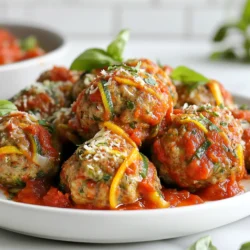 - 1 lb ground turkey - 1/2 cup grated zucchini - 1/2 cup grated carrot - 1/4 cup finely chopped bell pepper - 1/4 cup finely chopped onion - 2 cloves garlic, minced - 1/4 cup breadcrumbs - 1/4 cup grated Parmesan cheese - 1 large egg - 1 teaspoon Italian seasoning - 1/2 teaspoon salt - 1/4 teaspoon black pepper - 1/4 teaspoon crushed red pepper flakes (optional) - 1 jar (24 oz) marinara sauce - Fresh basil for garnish (optional) These ingredients make up a healthy and tasty dish. Ground turkey is lean and full of protein. It pairs well with the veggies, adding flavor and nutrients. Grated zucchini and carrot keep the meatballs moist and add a hint of sweetness. The bell pepper and onion bring a nice crunch and depth. Garlic gives a bold taste that makes each bite pop. Parmesan cheese adds richness and a savory kick. The egg helps bind everything together. Italian seasoning gives a classic flavor that reminds you of home-cooked meals. You can adjust the spices, too. Add crushed red pepper for a bit of heat. This simple list of ingredients will help you create the best veggie-loaded turkey meatballs. They are not just healthy; they also taste amazing! {{ingredient_image_1}} - Preheat your oven to 400°F (200°C) and line a baking sheet with parchment paper. - In a large mixing bowl, add the ground turkey, grated zucchini, grated carrot, chopped bell pepper, chopped onion, minced garlic, breadcrumbs, grated Parmesan cheese, egg, Italian seasoning, salt, black pepper, and crushed red pepper flakes if you like heat. - Mix all these ingredients with your hands until just combined. Be gentle; overmixing makes meatballs tough. - Shape the mixture into 1 to 1.5-inch meatballs and place them on the baking sheet. - Bake the meatballs in the preheated oven for 20 to 25 minutes. They should be cooked through and golden brown. - While the meatballs bake, heat the marinara sauce in a saucepan over medium heat. Stir it occasionally to keep it from sticking. - Once the meatballs are done, remove them from the oven and place them in the saucepan with the marinara sauce. Let them simmer for about 5 minutes to soak up the sauce's flavors. To make perfect meatballs, avoid overmixing the ingredients. When you mix too much, the meatballs can turn out tough. Gently combine the ground turkey, veggies, and spices. The goal is to mix until just blended. Using fresh vegetables adds a flavor boost. Zucchini and carrots bring moisture and sweetness. Fresh bell peppers and onions add crunch and taste. Grate or chop them finely for even cooking. Use parchment paper on your baking sheet. This helps with easy clean-up, so you won’t have to scrub later. The paper also keeps the meatballs from sticking. Adjust the baking time based on the size of your meatballs. Smaller meatballs may cook faster, while larger ones need a bit longer. Check them at 20 minutes for doneness. Pro Tips Use Lean Turkey: Choosing lean ground turkey helps keep the meatballs moist without excess fat, making them healthier. Squeeze Out Moisture: Ensure to squeeze out excess moisture from the zucchini before mixing; this prevents soggy meatballs. Mix Gently: Overmixing can lead to tough meatballs, so mix the ingredients until just combined for a tender texture. Add Flavor with Herbs: Experiment with fresh herbs like parsley or basil for an extra layer of flavor in the meatballs. {{image_2}} You can switch the ground turkey for lean beef or chicken. This change keeps the meal tasty and adds variety. Ground beef gives a richer flavor, while chicken is lighter. You can also use different veggies. Spinach and mushrooms work well in meatballs. Spinach adds nutrients and a nice green color. Mushrooms bring a savory, earthy taste. Experiment with your favorite veggies for a unique twist. Adding herbs can make your meatballs burst with flavor. Try parsley or oregano for a fresh taste. These herbs complement the meat and veggies perfectly. You can also mix in cheese blends. Adding mozzarella or cheddar makes meatballs richer and creamier. Cheese melts beautifully and adds a lovely texture. This simple change lifts the dish to new heights. To store leftover meatballs, let them cool first. Place them in an airtight container. This keeps the meatballs fresh for up to three days. If you want to reheat them, add a bit of marinara sauce in a pan. Heat over medium heat for about 10 minutes. Stir often to avoid sticking. You can also microwave them for about 2-3 minutes. Just make sure they are heated all the way through. If you want to freeze cooked meatballs, let them cool completely. Then, place them in a single layer on a baking sheet. This prevents them from sticking together. Freeze for about 1-2 hours. Once frozen, move the meatballs to a freezer bag. They can last for up to three months. To thaw, move the meatballs from the freezer to the fridge for a few hours. For quick reheating, use a microwave. Heat for about 3-4 minutes, checking them often. You can also reheat in the oven at 350°F (175°C) for about 15-20 minutes. This keeps them nice and moist. Can I make these meatballs gluten-free? Yes, you can make these meatballs gluten-free. Just swap the regular breadcrumbs for gluten-free ones. Many stores sell gluten-free options. You can also use crushed rice crackers or oats as a substitute. How can I make these meatballs spicier? To add spice, increase the crushed red pepper flakes in the mix. You can also add diced jalapeños or a splash of hot sauce. Be sure to taste the mixture before cooking to find your perfect heat level. What to serve with veggie-loaded turkey meatballs? These meatballs go well with many sides. Serve them over pasta, rice, or in a sub roll. You can also pair them with a fresh salad or steamed veggies for a balanced meal. How to know when the meatballs are fully cooked? Check the internal temperature of the meatballs to ensure they reach 165°F (75°C). You can cut one open to check if it's no longer pink inside. The meatballs should be golden brown on the outside. In this blog post, we explored a tasty turkey meatball recipe that’s easy to make. We covered the key ingredients, simple preparation steps, and helpful tips for the best flavor and texture. You can mix it up with different meats and veggies too. Remember, leftovers can be stored well or frozen for later. With these tricks, you’ll enjoy delicious meatballs any day. Now, it’s time to start cooking and impress everyone with your skills. Enjoy your meal!