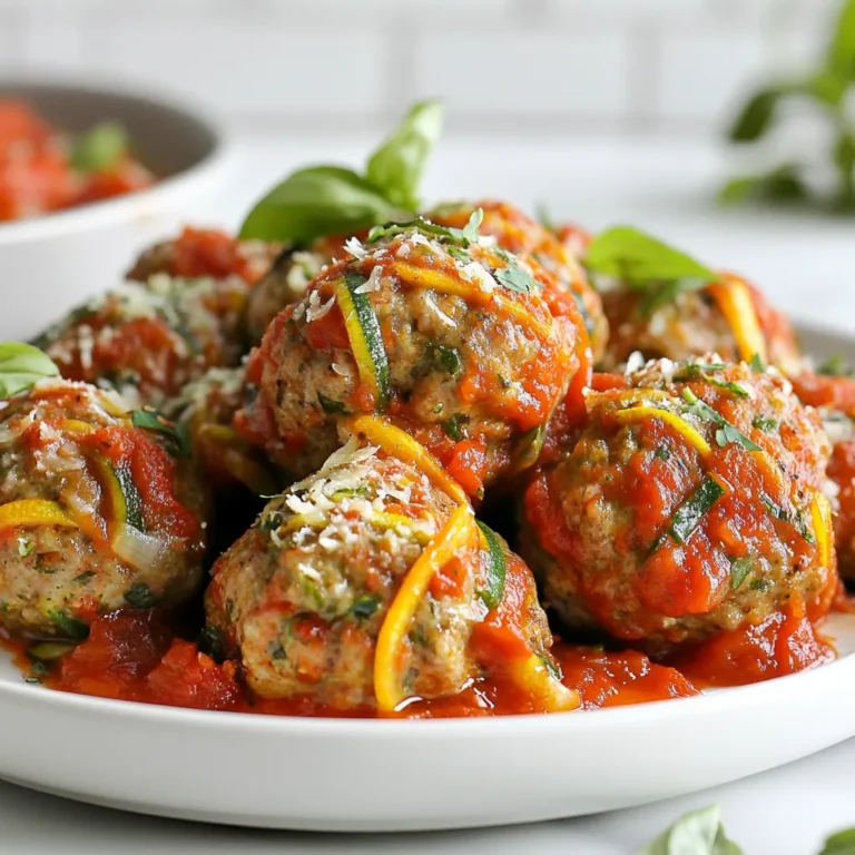 - 1 lb ground turkey - 1/2 cup grated zucchini - 1/2 cup grated carrot - 1/4 cup finely chopped bell pepper - 1/4 cup finely chopped onion - 2 cloves garlic, minced - 1/4 cup breadcrumbs - 1/4 cup grated Parmesan cheese - 1 large egg - 1 teaspoon Italian seasoning - 1/2 teaspoon salt - 1/4 teaspoon black pepper - 1/4 teaspoon crushed red pepper flakes (optional) - 1 jar (24 oz) marinara sauce - Fresh basil for garnish (optional) These ingredients make up a healthy and tasty dish. Ground turkey is lean and full of protein. It pairs well with the veggies, adding flavor and nutrients. Grated zucchini and carrot keep the meatballs moist and add a hint of sweetness. The bell pepper and onion bring a nice crunch and depth. Garlic gives a bold taste that makes each bite pop. Parmesan cheese adds richness and a savory kick. The egg helps bind everything together. Italian seasoning gives a classic flavor that reminds you of home-cooked meals. You can adjust the spices, too. Add crushed red pepper for a bit of heat. This simple list of ingredients will help you create the best veggie-loaded turkey meatballs. They are not just healthy; they also taste amazing! {{ingredient_image_1}} - Preheat your oven to 400°F (200°C) and line a baking sheet with parchment paper. - In a large mixing bowl, add the ground turkey, grated zucchini, grated carrot, chopped bell pepper, chopped onion, minced garlic, breadcrumbs, grated Parmesan cheese, egg, Italian seasoning, salt, black pepper, and crushed red pepper flakes if you like heat. - Mix all these ingredients with your hands until just combined. Be gentle; overmixing makes meatballs tough. - Shape the mixture into 1 to 1.5-inch meatballs and place them on the baking sheet. - Bake the meatballs in the preheated oven for 20 to 25 minutes. They should be cooked through and golden brown. - While the meatballs bake, heat the marinara sauce in a saucepan over medium heat. Stir it occasionally to keep it from sticking. - Once the meatballs are done, remove them from the oven and place them in the saucepan with the marinara sauce. Let them simmer for about 5 minutes to soak up the sauce's flavors. To make perfect meatballs, avoid overmixing the ingredients. When you mix too much, the meatballs can turn out tough. Gently combine the ground turkey, veggies, and spices. The goal is to mix until just blended. Using fresh vegetables adds a flavor boost. Zucchini and carrots bring moisture and sweetness. Fresh bell peppers and onions add crunch and taste. Grate or chop them finely for even cooking. Use parchment paper on your baking sheet. This helps with easy clean-up, so you won’t have to scrub later. The paper also keeps the meatballs from sticking. Adjust the baking time based on the size of your meatballs. Smaller meatballs may cook faster, while larger ones need a bit longer. Check them at 20 minutes for doneness. Pro Tips Use Lean Turkey: Choosing lean ground turkey helps keep the meatballs moist without excess fat, making them healthier. Squeeze Out Moisture: Ensure to squeeze out excess moisture from the zucchini before mixing; this prevents soggy meatballs. Mix Gently: Overmixing can lead to tough meatballs, so mix the ingredients until just combined for a tender texture. Add Flavor with Herbs: Experiment with fresh herbs like parsley or basil for an extra layer of flavor in the meatballs. {{image_2}} You can switch the ground turkey for lean beef or chicken. This change keeps the meal tasty and adds variety. Ground beef gives a richer flavor, while chicken is lighter. You can also use different veggies. Spinach and mushrooms work well in meatballs. Spinach adds nutrients and a nice green color. Mushrooms bring a savory, earthy taste. Experiment with your favorite veggies for a unique twist. Adding herbs can make your meatballs burst with flavor. Try parsley or oregano for a fresh taste. These herbs complement the meat and veggies perfectly. You can also mix in cheese blends. Adding mozzarella or cheddar makes meatballs richer and creamier. Cheese melts beautifully and adds a lovely texture. This simple change lifts the dish to new heights. To store leftover meatballs, let them cool first. Place them in an airtight container. This keeps the meatballs fresh for up to three days. If you want to reheat them, add a bit of marinara sauce in a pan. Heat over medium heat for about 10 minutes. Stir often to avoid sticking. You can also microwave them for about 2-3 minutes. Just make sure they are heated all the way through. If you want to freeze cooked meatballs, let them cool completely. Then, place them in a single layer on a baking sheet. This prevents them from sticking together. Freeze for about 1-2 hours. Once frozen, move the meatballs to a freezer bag. They can last for up to three months. To thaw, move the meatballs from the freezer to the fridge for a few hours. For quick reheating, use a microwave. Heat for about 3-4 minutes, checking them often. You can also reheat in the oven at 350°F (175°C) for about 15-20 minutes. This keeps them nice and moist. Can I make these meatballs gluten-free? Yes, you can make these meatballs gluten-free. Just swap the regular breadcrumbs for gluten-free ones. Many stores sell gluten-free options. You can also use crushed rice crackers or oats as a substitute. How can I make these meatballs spicier? To add spice, increase the crushed red pepper flakes in the mix. You can also add diced jalapeños or a splash of hot sauce. Be sure to taste the mixture before cooking to find your perfect heat level. What to serve with veggie-loaded turkey meatballs? These meatballs go well with many sides. Serve them over pasta, rice, or in a sub roll. You can also pair them with a fresh salad or steamed veggies for a balanced meal. How to know when the meatballs are fully cooked? Check the internal temperature of the meatballs to ensure they reach 165°F (75°C). You can cut one open to check if it's no longer pink inside. The meatballs should be golden brown on the outside. In this blog post, we explored a tasty turkey meatball recipe that’s easy to make. We covered the key ingredients, simple preparation steps, and helpful tips for the best flavor and texture. You can mix it up with different meats and veggies too. Remember, leftovers can be stored well or frozen for later. With these tricks, you’ll enjoy delicious meatballs any day. Now, it’s time to start cooking and impress everyone with your skills. Enjoy your meal!