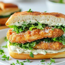 - 2 boneless, skinless chicken breasts - 1 cup buttermilk - 1 cup panko breadcrumbs - 4 slices of ciabatta bread - 1/2 teaspoon garlic powder - 1/2 teaspoon paprika - Salt and pepper to taste - 1/2 cup Caesar dressing - 1/4 cup grated Parmesan cheese - Fresh parsley, chopped - Pair with crispy potato fries or a fresh salad - Enjoy with a cold lemonade or iced tea The main star of this sandwich is the chicken. Using boneless, skinless chicken breasts keeps it light but also tender. Marinating the chicken in buttermilk makes it juicy and adds flavor. The panko breadcrumbs give a delightful crunch that you will love. Next, the seasonings play a key role. Garlic powder and paprika add depth and warmth. Don’t forget salt and pepper; they enhance all the flavors. The Caesar dressing brings a creamy richness that ties everything together. You can use store-bought or whip up a homemade version if you want to get creative! For garnish, the grated Parmesan cheese adds a touch of luxury, while fresh parsley brightens up the dish. When you serve this sandwich, it looks as good as it tastes! Consider serving crispy potato fries or a fresh side salad with your sandwich. A cold lemonade or iced tea will complement your meal perfectly. {{ingredient_image_1}} Marinating the chicken is key. It adds flavor and keeps the meat juicy. I recommend marinating for at least one hour. For the best taste, let it soak overnight. Use buttermilk for a tender result. The longer the chicken sits, the better it gets. Mix your breadcrumbs with seasonings in a shallow dish. Combine 1 cup of panko breadcrumbs, 1/2 teaspoon garlic powder, and 1/2 teaspoon paprika. Add salt and pepper to taste. This mix gives the chicken a tasty crust. Make sure each piece is fully coated for extra crunch. For frying, use a large skillet. Heat oil over medium heat until hot. Cook the breaded chicken for about 5-7 minutes on each side. Look for a golden-brown color to know it's done. Always check for doneness; the chicken should reach 165°F inside. To toast the ciabatta, use the same skillet. Lightly toast each slice until golden, about 1-2 minutes per side. If you prefer, you can also use an oven or grill. This adds a nice crunch and holds up well against the toppings. Start with a slice of toasted bread. Spread a generous layer of Caesar dressing. Next, add chopped romaine lettuce and a crispy chicken breast. Sprinkle grated Parmesan cheese on top for added flavor. Finally, place the second slice of ciabatta on top. This layering makes each bite delicious and satisfying. To get that extra crunch on your chicken, marinate it well. Buttermilk tenderizes and adds flavor. Let the chicken soak for at least an hour. For crunchier results, use panko breadcrumbs. They are lighter and crisp up better than regular ones. Choose ciabatta bread for your sandwich. Its crusty exterior holds up nicely against the juicy filling. For a homemade Caesar dressing, mix mayonnaise, lemon juice, anchovy paste, and Parmesan cheese. You can adjust the taste to your liking! If you want to try new flavors, add spices like cayenne for heat or smoked paprika for depth. You can also add toppings like sliced avocado or crispy bacon for extra richness. Prepare your ingredients ahead of time for a quick meal. Marinate the chicken the night before and store it in the fridge. You can also mix your breadcrumbs and spices in advance. When it’s time to eat, assembly will be simple. Just fry the chicken, toast the bread, and layer everything together! Pro Tips Marinate for Maximum Flavor: The longer you marinate the chicken in buttermilk, the more tender and flavorful it will become. Aim for at least 1 hour, but overnight is ideal. Use Panko for Extra Crunch: Opt for panko breadcrumbs instead of regular breadcrumbs for a crispier texture that enhances the overall crunch of the sandwich. Rest After Frying: Allow the fried chicken to rest on paper towels after cooking. This helps retain its crispiness by preventing it from steaming. Customize Your Toppings: Feel free to add additional toppings like sliced tomatoes, crispy bacon, or avocado for a unique twist on the classic Caesar sandwich. {{image_2}} If you want a change from chicken, try using tofu or turkey. For tofu, press it to remove extra moisture. Then, marinate it in buttermilk. This will help it soak up flavors. Cook it in the same way as chicken for that crispy bite. Turkey can be a great option too. Use turkey cutlets and follow the same steps. They cook quickly and stay juicy. For those who need gluten-free options, switch out ciabatta bread for gluten-free bread. There are many tasty brands available. You can also use lettuce wraps for a lighter choice. If you need dairy-free options, look for dairy-free Caesar dressing. You can also leave out the Parmesan cheese. Your sandwich will still taste great without it. Want to spice things up? Add some cayenne pepper or crushed red pepper flakes to the breadcrumb mix. This will give your sandwich a nice kick. You can also add toppings like avocado or sliced tomatoes. These will bring freshness and a burst of flavor. Experiment with different toppings to find your favorite combination! To store leftover sandwiches, wrap them tightly in plastic wrap or aluminum foil. This keeps them fresh and prevents them from drying out. I recommend placing them in an airtight container for added protection. When reheating, remove the wrap and place the sandwich on a microwave-safe plate. Heat it in the microwave for about 30 seconds to 1 minute. For a crispy finish, use a toaster oven or skillet instead. Yes, you can freeze the chicken! Make sure it’s fully cooled first. Wrap each chicken breast in plastic wrap, then place in a freezer bag. This helps prevent freezer burn. When ready to use, thaw the chicken overnight in the fridge. You can also reheat it in the oven at 375°F for about 20-25 minutes. Leftovers last about 3-4 days in the fridge. Check for signs of spoilage such as a strange smell or a change in texture. If the chicken feels slimy or the bread has mold, it’s time to toss it. Always trust your senses when deciding if food is still good! Marinate the chicken for at least 1 hour. For the best flavor, marinate overnight. The buttermilk tenderizes the meat and adds flavor. This step makes the chicken juicy and tasty. Yes, you can make parts of the sandwich in advance. Cook the chicken and store it in the fridge. You can also prep the dressing and chop the lettuce. Just assemble when you're ready to eat. To reheat, place the sandwich in a toaster oven or skillet. This keeps the bread crispy. Avoid using a microwave, as it can make the bread soggy. Heat until warm, and enjoy! Many restaurants serve great versions of this sandwich. Look for local diners or cafes known for comfort food. Check online reviews for recommendations. You might find a hidden gem nearby! You can create a delicious Crispy Chicken Caesar Sandwich using simple ingredients. Marinating the chicken makes it tender and flavorful. The right coating ensures a perfect crunch. With extra tips, you can customize your sandwich to fit any diet or taste. Enjoy warm toast, freshly layered flavors, and delicious sides. This meal impresses everyone and is easy to make. Follow these steps, and you’ll have a winner every time. Keep experimenting to find your favorite version. Enjoy your tasty creation!