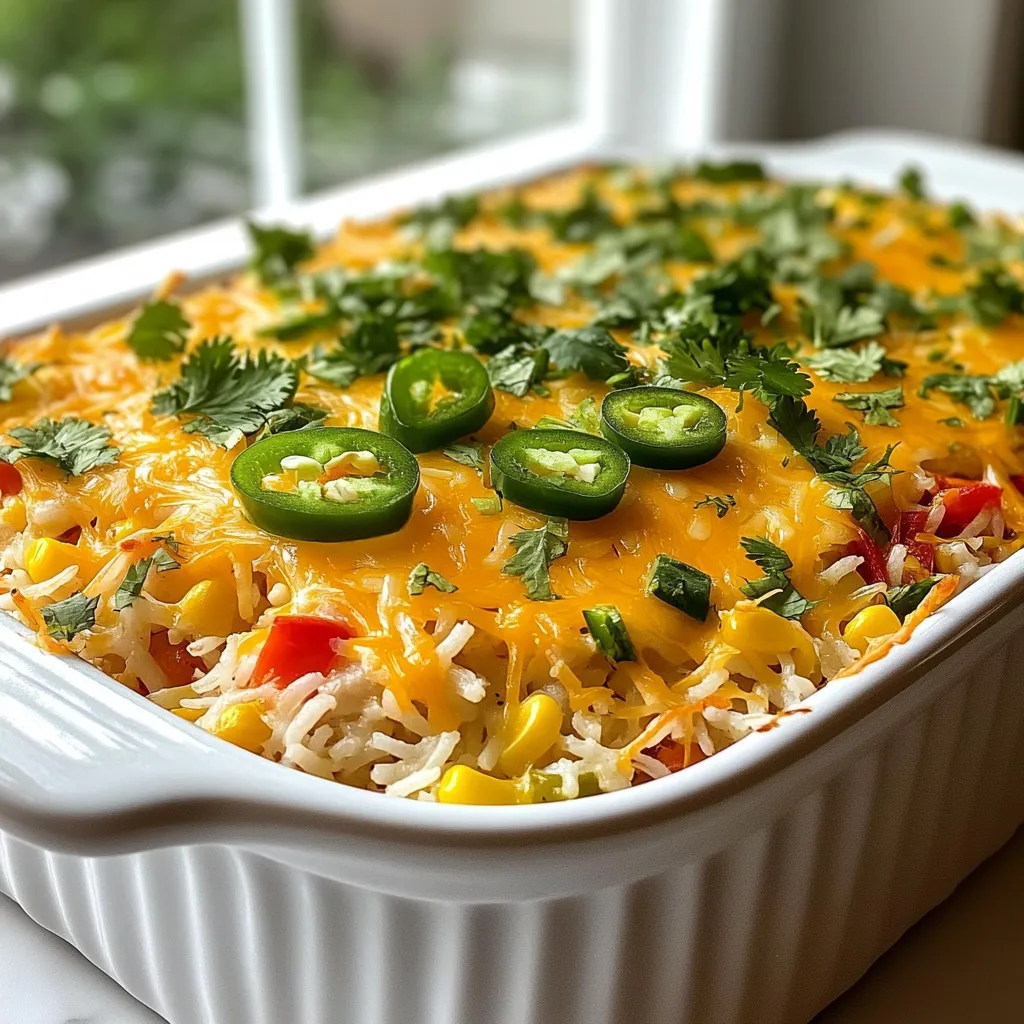 - 2 cups cooked rice (white or brown) - 2 cups shredded cooked chicken - 1 can (10 oz) enchilada sauce (red or green) - 1 cup corn (frozen or canned) - 1 can (15 oz) black beans, rinsed and drained - 1 cup diced bell peppers (mixed colors) - 1 cup shredded cheddar cheese - 1 teaspoon ground cumin - 1 teaspoon smoked paprika - ½ teaspoon garlic powder - ½ teaspoon onion powder - Salt and pepper to taste - Fresh cilantro, for garnish - Sliced jalapeños, for garnish (optional) Gather these ingredients to make a tasty Chicken Enchilada Rice Casserole. The cooked rice gives a nice base, while the chicken adds protein. I love the richness of the enchilada sauce. You can choose red or green based on your taste. The corn adds sweetness, and the black beans boost fiber. Bell peppers bring crunch and color, making the dish visually appealing. Use good-quality cheddar cheese for a creamy topping. The spices enhance the flavors. Ground cumin and smoked paprika add warmth. Garlic and onion powders provide depth. Adjust salt and pepper to your liking. For garnish, fresh cilantro brightens the dish. If you like heat, add jalapeños. This mix of ingredients creates a flavorful casserole. The layers of taste and texture make it a hit at any meal. Enjoy cooking this simple yet delicious dish! {{ingredient_image_1}} - Preheat the oven to 350°F (175°C). Starting with a hot oven helps the casserole cook evenly. - In a large mixing bowl, combine the cooked rice, shredded chicken, corn, black beans, diced bell peppers, and half of the cheddar cheese. This step mixes all the flavors together well. - Pour in the enchilada sauce and sprinkle with ground cumin, smoked paprika, garlic powder, onion powder, salt, and pepper. Stir until every ingredient is covered with the sauce. - Grease a 9x13 inch casserole dish with non-stick cooking spray. This prevents the casserole from sticking. - Pour the mixture into the dish, spreading it evenly. Make sure the mix is flat and smooth. - Top the casserole with the remaining shredded cheddar cheese. Cover the top fully for a cheesy finish. - Cover the dish with aluminum foil and bake for 25 minutes. The foil keeps moisture in, making it tender. - After 25 minutes, remove the foil and bake for an additional 10-15 minutes. Watch for bubbly and golden cheese as the sign it's done. - You can use homemade or store-bought enchilada sauce for more flavor. Both options work well. I like to switch between red and green sauces based on my mood. - Let the casserole sit for a few minutes before cutting it. This helps the layers stay intact. It also makes serving easier and looks nice on the plate. - Serve your casserole with a dollop of sour cream or slices of avocado. Both add creaminess and freshness. You can also sprinkle some extra cilantro on top for color. - Pair the casserole with a fresh salad. A crisp green salad balances the rich flavors of the dish. Try a simple vinaigrette to keep it light. - A 9x13 inch casserole dish works best for this recipe. It holds all the ingredients well and bakes evenly. - When mixing, use a large bowl to combine all the ingredients. Make sure to spread everything evenly in the dish. This ensures each bite is packed with flavor. Pro Tips Use Leftover Chicken: This recipe is perfect for using up leftover rotisserie chicken or any cooked chicken you have on hand, saving you time and effort. Customize Your Veggies: Feel free to swap in other vegetables like zucchini, spinach, or mushrooms to suit your taste or to use what you have in your fridge. Make it Spicy: For an extra kick, add chopped fresh jalapeños or a dash of hot sauce into the casserole mix before baking. Cheese Variations: Experiment with different types of cheese such as Monterey Jack, pepper jack, or a Mexican blend for varied flavors. {{image_2}} You can easily switch some ingredients in this dish to suit your taste. For a healthier option, use quinoa instead of rice. Quinoa adds protein and fiber, making the dish more nutritious. If you want a different protein, swap out the chicken for shredded beef or tofu. Both options work well and give a new twist to your casserole. To elevate the flavor, consider adding diced green chiles. They bring a nice heat and depth to the dish. If you like more spice, add chili powder or cayenne. Just a pinch can make your casserole pack a punch. Experimenting with spices can lead to exciting new flavors. If you need a gluten-free option, check your enchilada sauce. Many brands offer gluten-free choices. For a vegetarian version, simply leave out the chicken. Load up on veggies like zucchini or mushrooms instead. This way, you keep the dish hearty and satisfying without meat. To keep your chicken enchilada rice casserole fresh, store it in an airtight container. Place it in the refrigerator within two hours of cooking. This casserole stays good for about three to four days. Make sure to check for any signs of spoilage before eating. If you want to save some for later, freezing is a great option. Cut the casserole into portions and wrap each piece tightly with plastic wrap. Then, place the wrapped portions in a freezer-safe bag. This way, they stay fresh for up to three months. When you’re ready to eat, thaw the casserole overnight in the fridge. Reheat in the oven at 350°F (175°C) for 20-30 minutes, or until it’s heated through. Serving this casserole warm brings out its rich flavors and gooey cheese. The textures blend well and create a satisfying bite. Cold casserole can taste good too, but the flavors may not shine as bright. Warmed enchilada rice casserole is the better choice for the best taste experience. Can I prepare this casserole ahead of time? Yes, you can prepare this casserole ahead of time. Just follow the steps until you are ready to bake. Cover it with foil and store it in the fridge for up to 24 hours. When you are ready, bake it straight from the fridge. You may need to add a few extra minutes to the baking time. How do I make it spicier? To make it spicier, you can add diced jalapeños or a pinch of cayenne pepper. Mixing in some diced green chiles also adds heat and flavor. Just remember to taste as you go! What are the calories and nutrients in Chicken Enchilada Rice Casserole? One serving has about 350 to 400 calories. It offers protein from chicken and beans, fiber from corn and beans, and healthy fats from cheese. Each serving has around 25 grams of protein, making it filling and nutritious. Is this dish suitable for meal prepping? Yes, this dish is great for meal prepping. It holds up well in the fridge. Just divide it into portions and store them in airtight containers. You can enjoy it throughout the week! How to adjust baking time for larger portions? For larger portions, increase the baking time by about 10 to 15 minutes. Just check the cheese for a bubbly and golden look. If you're unsure, use a food thermometer. The center should be 165°F (74°C) for safety. Can I double the recipe for a larger crowd? Yes, you can double the recipe. Use a larger casserole dish, like a 12x18 inch one. You will also need to bake it longer, so keep an eye on the cheese as it melts. Make sure it’s heated through before serving! This Chicken Enchilada Rice Casserole is easy to make and delicious. You start by mixing cooked rice, chicken, enchilada sauce, and corn. Then, you layer and bake it until the cheese is golden. You can even customize it with veggies or different proteins. If you store leftovers right, they'll stay fresh for days. This dish is simple yet full of flavor, making it perfect for any meal. Enjoy making and sharing your casserole!