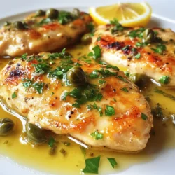 - 4 boneless, skinless chicken breasts - 1/2 cup all-purpose flour - Salt and pepper, to taste - 4 tablespoons olive oil - 2 tablespoons unsalted butter - 1 cup low-sodium chicken broth - 2 tablespoons fresh lemon juice - Zest of 1 lemon - 2 tablespoons capers, rinsed and drained - Fresh parsley, chopped for garnish You can swap chicken breasts for chicken thighs. They add more flavor and stay moist. For a gluten-free option, use almond flour instead of all-purpose flour. You can also replace butter with olive oil for a dairy-free version. If you don’t have fresh lemons, lemon juice from a bottle works, but fresh juice tastes better. Chicken piccata pairs well with many sides. Try serving it with fluffy rice or creamy mashed potatoes. A light salad with mixed greens complements the dish nicely. You can also add steamed asparagus or sautéed green beans for a colorful plate. A crisp white wine, like Sauvignon Blanc, works great with this meal. {{ingredient_image_1}} How to pound chicken breasts for even cooking First, place each chicken breast between two pieces of plastic wrap. This keeps your kitchen clean. Use a meat mallet to pound the chicken to about 1/2 inch thick. This step helps the chicken cook evenly. If the chicken is too thick, it can take longer to cook. Dredging in flour Next, mix flour with salt and pepper in a shallow dish. Take each chicken breast and coat it in the flour. Shake off the extra flour. This creates a nice crust when cooked. The flour also helps the sauce stick later. Heating the skillet with oil and butter In a large skillet, heat 2 tablespoons of olive oil and 1 tablespoon of butter. Use medium-high heat to get the oil hot. You want the oil to shimmer but not smoke. This gives the chicken a golden color. Cooking chicken to golden perfection Add the chicken breasts to the skillet in a single layer. Cook for about 4-5 minutes on each side. Check for a nice golden brown color. Once cooked, remove the chicken and set it aside on a plate. You want the chicken to be juicy and tender. Combining broth, lemon juice, zest, and capers In the same skillet, add 1 cup of chicken broth, 2 tablespoons of lemon juice, lemon zest, and 2 tablespoons of capers. Bring this mixture to a simmer. Scrape the bottom of the skillet to mix in any browned bits. These bits add extra flavor to your sauce. Reducing and finishing the sauce with butter Let the sauce reduce slightly for about 3 minutes. Lower the heat and return the cooked chicken to the skillet. Spoon some sauce over each piece of chicken. Cook for another 2-3 minutes. Finally, remove from heat and add the remaining butter. Swirl it into the sauce for a silky finish. - Avoiding overcooking the chicken: Cook the chicken for just 4-5 minutes on each side. Use a meat thermometer; the internal temperature should reach 165°F. This keeps the chicken juicy and tender. - Ensuring a silky sauce consistency: After you add the butter at the end, swirl it in the sauce. This gives the sauce that rich, silky feel. A well-made sauce clings to the chicken perfectly. - Too much or too little flour: Use 1/2 cup of flour for dredging. If you use too much, the chicken gets too thick. If you use too little, it will not brown well. - Not using fresh ingredients for flavor: Always use fresh lemon juice and zest. Fresh capers also add a bright flavor. Avoid bottled or canned versions when possible. - Garnishing with parsley and lemon wedges: Use fresh parsley to sprinkle on top. It adds color and freshness. Lemon wedges on the side invite your guests to add more zing to their plate. Pro Tips Even Thickness is Key: Pound the chicken breasts to an even thickness to promote uniform cooking and prevent dryness. Perfect Flour Dredging: Ensure you shake off excess flour after dredging to achieve a light, crispy coating without a heavy breading. Scrape for Flavor: When making the sauce, don’t skip the step of scraping the browned bits from the skillet; they add depth and richness to your dish. Finishing Touch: Swirl the remaining butter into the sauce at the end for a glossy finish and enhanced flavor. {{image_2}} Classic Chicken Piccata uses simple, fresh ingredients. The main stars are chicken, lemon, and capers. You start by pounding the chicken breasts flat for even cooking. Then, you dredge them in flour mixed with salt and pepper. After frying in olive oil and butter, the chicken gets a nice golden crust. The sauce is made with chicken broth, lemon juice, zest, and capers. This method ensures a tasty meal that is easy to prepare. You can add a twist to Chicken Piccata by using different herbs or spices. For example, try adding fresh thyme or oregano for extra flavor. You can also add garlic for a richer taste. A pinch of red pepper flakes can give it a nice kick. These small changes can make your dish unique while still keeping the classic feel. For those needing gluten-free options, you can replace all-purpose flour with a gluten-free blend. Almond flour is a great choice, giving a nutty flavor. If you want to avoid butter, try using olive oil or coconut oil instead. These alternatives keep your Chicken Piccata delicious while fitting various diets. Always check labels for gluten-free products to be safe. To keep your chicken piccata fresh, place leftovers in an airtight container. Store it in the fridge. It will stay good for about three to four days. Make sure to let it cool down before sealing the container. This helps avoid excess moisture. When you want to reheat chicken piccata, use a skillet or a microwave. In a skillet, add a splash of chicken broth over medium heat. This keeps the chicken moist. Heat for five to seven minutes, turning the chicken halfway. If using a microwave, cover it loosely. Heat in short bursts of 30 seconds until warm. This way, you keep the flavor and texture. You can freeze chicken piccata if you won’t eat it soon. First, let it cool completely. Then, place it in a freezer-safe bag. Try to remove as much air as possible before sealing. It can last for up to three months in the freezer. When you’re ready to eat, thaw it overnight in the fridge. Reheat it using the tips above for the best results. You can check if the chicken is done by using a meat thermometer. The thickest part should reach 165°F. If you don’t have a thermometer, cut into the chicken. It should be white inside, with no pink. Cook the chicken for about 4-5 minutes on each side. Look for a golden brown color on the outside. Yes, you can prepare Chicken Piccata ahead. Cook the chicken and sauce separately. Let them cool, then store them in airtight containers. You can keep them in the fridge for about 3 days. When you’re ready to eat, simply reheat the chicken and sauce together on the stove. Here are some great side dishes to complement the meal: - Pasta: A light lemon or garlic pasta pairs well. - Rice: Fluffy rice absorbs the sauce nicely. - Steamed Vegetables: Broccoli or asparagus adds color and nutrition. - Salad: A fresh green salad brightens the plate. - Garlic Bread: This is perfect for soaking up the sauce. These sides will enhance your Chicken Piccata and make your meal more enjoyable. In this blog post, we've explored how to make chicken piccata from start to finish. I covered the essential ingredients, suggested pairings, and helpful cooking tips. You learned how to prepare, cook, and create a delicious sauce. Avoid common mistakes for the best results. Whether you stick to the classic recipe or try a twist, chicken piccata is sure to impress. Remember to store leftovers properly and reheat with care. Enjoy your cooking and impress your friends and family with this flavorful dish!