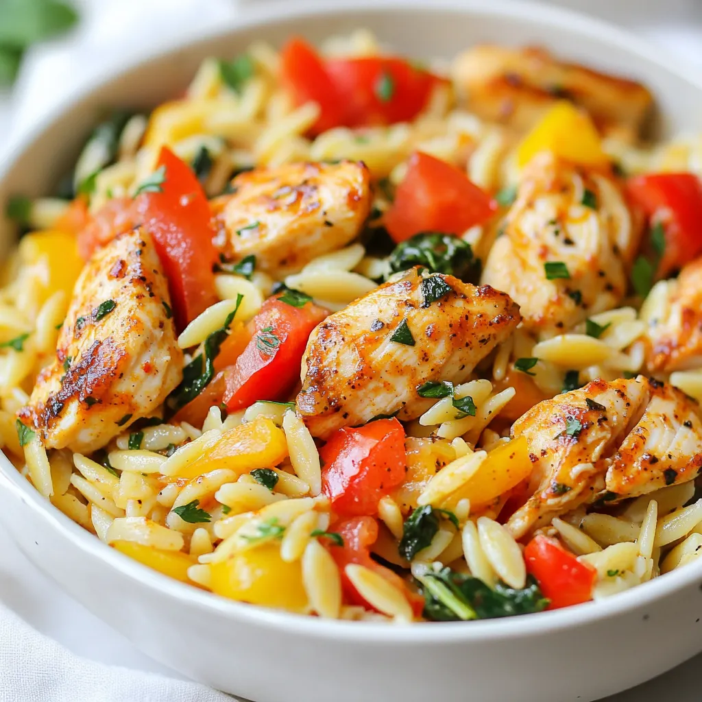 Cooking Cajun Chicken Orzo is simple and fun. Here’s what you need: - 1 lb chicken breast, diced - 1 cup orzo pasta - 2 tablespoons Cajun seasoning - 1 tablespoon olive oil - 1 medium onion, diced - 2 cloves garlic, minced - 1 red bell pepper, diced - 1 cup diced tomatoes (canned or fresh) - 2 cups chicken broth - 1 cup spinach, chopped - Salt and pepper to taste - Fresh parsley, for garnish These ingredients bring a burst of flavor. The Cajun seasoning gives it a spicy kick. You can use fresh or canned tomatoes based on what you have. Fresh parsley adds a nice touch. Make sure to have everything ready before you start cooking. It makes the process smooth and fun. {{ingredient_image_1}} First, heat 1 tablespoon of olive oil in a large skillet over medium heat. Add 1 pound of diced chicken breast to the skillet. Sprinkle 2 tablespoons of Cajun seasoning over the chicken. Cook this for 5 to 7 minutes. You want the chicken to be browned and fully cooked. Once done, remove the chicken from the skillet and set it aside. In the same skillet, add 1 medium diced onion, 2 minced garlic cloves, and 1 diced red bell pepper. Sauté these for about 2 to 3 minutes. Keep an eye on them until they soften. This step builds a great flavor base for your dish. Next, stir in 1 cup of diced tomatoes and 2 cups of chicken broth. Bring this mixture to a gentle boil. Then, add 1 cup of orzo pasta to the skillet. Mix it well with the other ingredients. Lower the heat and let it simmer for about 10 to 12 minutes. Stir occasionally to keep the orzo from sticking to the bottom. Once the orzo is tender and has absorbed most of the liquid, it’s time to add the chicken back. Stir in the cooked chicken and 1 cup of chopped spinach. Season with salt and pepper to taste. Cook for an additional 2 minutes until the spinach wilts and everything blends well. Let the dish sit for 1 minute before serving. - To keep orzo from sticking, stir it often while it cooks. This helps it stay loose and fluffy. - Cook the chicken first before adding the orzo. This gives the chicken a nice sear and flavor. When you cook the orzo, make sure it simmers, not boils. This timing helps both cook well together. - Making your own Cajun seasoning adds great flavor. Mix paprika, cayenne, garlic powder, and thyme for a tasty blend. - For extra heat, add a pinch of crushed red pepper flakes. You can also try a dash of hot sauce for a kick. - Serve your Cajun Chicken Orzo in bowls for a cozy look. Top with fresh parsley for color and freshness. - If you want to impress, use a plate instead. Spread the orzo out and garnish nicely. This makes it look gourmet and fun to eat. Pro Tips Use Fresh Ingredients: Using fresh vegetables and herbs will elevate the flavor of your dish significantly. Adjust Spice Level: If you prefer a milder dish, reduce the amount of Cajun seasoning or omit it entirely. Cook Orzo Al Dente: To achieve the perfect texture, cook orzo until it's al dente, as it will continue to absorb liquid even after removing it from heat. Add a Protein Boost: For extra protein, consider adding shrimp or sausage along with the chicken for a heartier dish. {{image_2}} You can easily swap the chicken for shrimp or sausage. Both options bring their own unique taste. Shrimp cooks fast and adds a nice flavor. Sausage gives a richer, heartier bite. If you want to change the orzo, try using quinoa or rice. They both work well and give a different texture. To make this dish gluten-free, use gluten-free orzo. Many brands offer great options. You can also use rice or lentils instead. For a vegetarian version, replace the chicken with more veggies. Mushrooms, zucchini, or even chickpeas can add great flavor and protein. Adjusting spice levels can make this dish fit your taste. If you like it hot, add more Cajun seasoning. You can also mix in some cayenne pepper for extra heat. For a different twist, try seasoning from other regions. Italian herbs like oregano and basil bring a fresh taste, while smoked paprika adds depth. Experiment to find your perfect flavor! To store leftovers, place your Cajun Chicken Orzo in an airtight container. Make sure it cools first. This helps keep it fresh longer. In the fridge, it lasts about 3 to 4 days. Always check for any off smells or discoloration before eating. You can freeze cooked Cajun Chicken Orzo for up to 3 months. First, let it cool completely. Then, store it in a freezer-safe container. For thawing, move it to the fridge overnight. This keeps the flavor and texture better. For reheating, the stovetop works best. It warms the dish evenly without drying it out. Just add a splash of broth or water. Stir it gently on low heat. You can use the microwave too. Heat it in short bursts, stirring in between. This helps prevent hot spots and keeps it moist. You can add more Cajun seasoning to the dish. Try using a blend with chili powder or cayenne pepper for extra heat. You can also include diced jalapeños or hot sauce to kick up the spice. Taste as you go to find the right level for you. Yes, you can use whole wheat orzo. It adds a nutty flavor and more fiber. Just keep an eye on the cooking time. Whole wheat orzo may take a few minutes longer to cook than regular orzo. Cajun Chicken Orzo pairs well with a fresh salad or garlic bread. You can also serve it with roasted vegetables for added color and flavor. A light vinaigrette can complement the dish nicely. The orzo is done when it is tender but still has a slight bite. It should absorb most of the liquid in the skillet. Stir it occasionally to check if it’s sticking or needs more time. Yes, you can make Cajun Chicken Orzo ahead of time. Store it in the fridge for up to three days. Just reheat it on the stove with a splash of broth to keep it moist. This blog laid out a simple recipe for Cajun Chicken Orzo. You learned about the key ingredients and step-by-step instructions. Tips covered how to enhance flavor and adjust the dish to your taste. You can also store leftovers easily. Try different proteins and spices to make it your own. Enjoy making this dish and impress your family with your cooking skills. Simple, delicious meals bring everyone together. Now, get cooking!