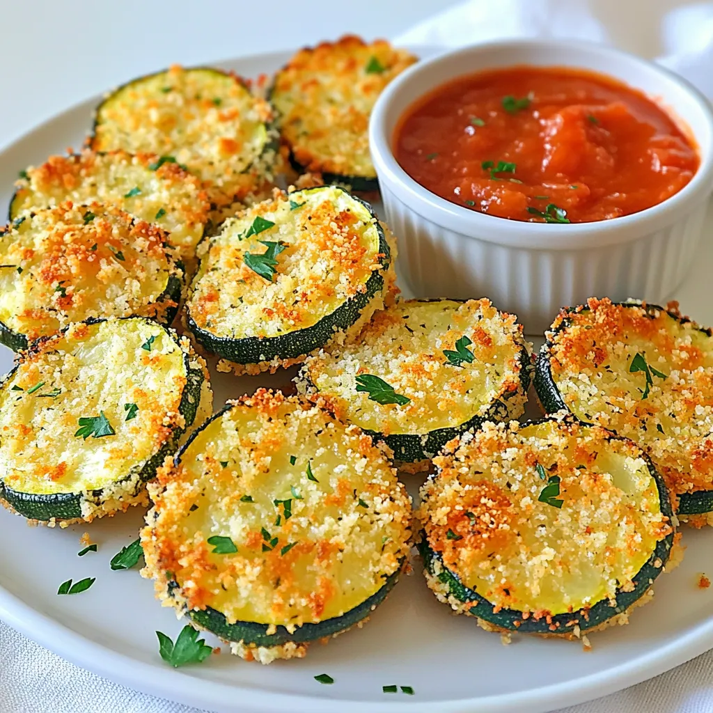 To make crispy baked Parmesan zucchini, gather these ingredients: - 3 medium zucchinis, sliced into ½-inch thick rounds - 1 cup breadcrumbs (panko for extra crunch) - ½ cup grated Parmesan cheese - 2 teaspoons garlic powder - 1 teaspoon Italian seasoning - ½ teaspoon salt - ¼ teaspoon black pepper - 2 large eggs, beaten - Olive oil spray You can add more flavor to your zucchini with these options: - A pinch of red pepper flakes for heat - Fresh herbs like thyme or rosemary for freshness - A squeeze of lemon for brightness - Other cheeses like mozzarella or cheddar for variety To prepare this dish, you will need: - A sharp knife for slicing the zucchini - Two shallow bowls for the egg and breadcrumb mixtures - A baking sheet lined with parchment paper - A spatula for flipping the zucchini slices - An oven for baking, set at 425°F (220°C) {{ingredient_image_1}} To start, gather your ingredients. You need three medium zucchinis, breadcrumbs, grated Parmesan, garlic powder, Italian seasoning, salt, black pepper, and eggs. Slice the zucchinis into ½-inch thick rounds. This size helps them cook evenly and become crispy. Preheat your oven to 425°F (220°C). Line a baking sheet with parchment paper for easy cleanup. This step saves time when washing up later. In a shallow bowl, mix the breadcrumbs, grated Parmesan cheese, garlic powder, Italian seasoning, salt, and black pepper. Stir until everything is well combined. In another bowl, beat the two large eggs. Set both bowls aside for the next steps. Now, it's time to coat the zucchini slices. Dip each slice into the beaten eggs first. Let any excess egg drip off. Then, place the slice into the breadcrumb mixture. Press down lightly to help the crumbs stick. This step is key for a good crunch. Arrange the coated zucchini slices on the baking sheet in a single layer. Make sure they do not overlap. This helps them cook evenly. Lightly spray the tops with olive oil. This will help them get crispy during baking. Bake the zucchini in the preheated oven for 20-25 minutes. Flip the slices halfway through to ensure both sides get golden and crispy. Keep an eye on them as they bake. You want that perfect golden color. To get the best crispiness, follow these tips. Use panko breadcrumbs instead of regular ones. They add extra crunch. Make sure your oven is fully preheated before you bake. This helps the zucchini cook evenly. Don’t skip the olive oil spray. It’s essential for crispiness. If you want even more crunch, you can broil the zucchini for the last few minutes. Just watch them closely so they don’t burn. Enjoy your crispy baked Parmesan zucchini with a side of marinara sauce for dipping. Choose firm zucchinis that feel heavy. Look for smooth skin with no soft spots. The color should be bright green. Smaller zucchinis are often sweeter and more tender. Baking at a high temperature, like 425°F, is key. This helps the zucchini slices crisp up nicely. Use panko breadcrumbs for extra crunch. Make sure to space the slices out on the baking sheet. This allows air to circulate and keeps them from steaming. You can change the spices to suit your taste. Try adding smoked paprika for a hint of smokiness. If you like heat, sprinkle in some red pepper flakes. You can also mix in herbs like thyme or basil for a fresh twist. Pair the crispy zucchini with marinara or a yogurt dip to add even more flavor. Pro Tips Use Fresh Zucchini: Choose firm, unblemished zucchinis for the best texture and flavor. Experiment with Seasonings: Feel free to add your favorite herbs and spices to the breadcrumb mixture for a personalized touch. Ensure Even Cooking: Make sure to arrange the zucchini slices in a single layer without overlapping to achieve maximum crispiness. Serve Immediately: For the best taste and texture, serve the zucchini slices right out of the oven while they're still hot and crispy. {{image_2}} You can make this dish gluten-free with just a few swaps. Use gluten-free breadcrumbs instead of regular ones. Panko works well, too, if it's gluten-free. Check the label to be sure. This change keeps the crunch while keeping it safe for those who can't have gluten. For a low-carb version, skip the breadcrumbs entirely. Instead, coat the zucchini slices in almond flour or crushed pork rinds. Both options give a nice crunch and fit perfectly into a low-carb diet. You still get that yummy taste without the carbs! To make your baked zucchini even more fun, try adding toppings. A sprinkle of red pepper flakes can add a spicy kick. You could also add some fresh herbs like basil or oregano on top. For dips, marinara sauce is classic, but ranch dressing or a yogurt dip works too. Get creative and find your favorite combination! To keep your crispy baked Parmesan zucchini fresh, let it cool down first. Place the zucchini in an airtight container. You can store it in the fridge for up to three days. If you want to keep it longer, consider freezing it. Just remember, the longer you store it, the less crispy it will be. When you’re ready to enjoy your leftovers, preheat your oven to 350°F (175°C). Place the zucchini on a baking sheet. Heat them for about 10 to 15 minutes. This will help restore some of that crispy texture. You can also use an air fryer if you have one. It works great for reheating and keeps them nice and crunchy. If you want to freeze your crispy baked zucchini, it's best to freeze them right after baking. Arrange the zucchini slices on a baking sheet in a single layer. Freeze them for about an hour until firm. Then, transfer the slices to a freezer bag. Remove as much air as possible before sealing. They can last in the freezer for up to three months. When you’re ready to eat, bake them straight from the freezer! Just add a few extra minutes to the cooking time. To keep your zucchini crispy, follow a few tips. First, slice the zucchini into even rounds, about ½-inch thick. This helps all pieces cook the same. Second, use panko breadcrumbs. They provide extra crunch. Third, spray the zucchini lightly with olive oil before baking. This helps the coating crisp up. Lastly, bake them on a parchment-lined sheet in a single layer. Avoid crowding them to allow air to circulate. Flip them halfway through for even browning. Yes, you can use different cheeses! While Parmesan gives a great flavor, you can try others. Mozzarella melts well and adds a nice stretch. Cheddar gives a sharper taste. You could also mix cheeses for a unique flavor. Just remember to adjust the amount if you choose a cheese that melts more. You can store baked zucchini in the fridge for about 3 to 4 days. Make sure to place them in an airtight container. This keeps them fresh and prevents them from getting soggy. If you want to keep them longer, consider freezing. Yes, you can make this recipe ahead of time! Prepare the zucchini slices and coat them with the breadcrumb mixture. Place them on a baking sheet and cover with plastic wrap. You can store them in the fridge for up to 24 hours. When ready, just bake them as usual. This saves time and lets you enjoy crispy zucchini whenever you want! Crispy baked Parmesan zucchini is a tasty dish that is easy to make. We covered the ingredients you need, plus tips to pick the best zucchini. I shared step-by-step instructions for perfect baking, along with ways to customize flavors. Remember, you can store and reheat leftovers safely. These tips will help you enjoy this dish at its best. I hope you try this recipe and make it your own. Enjoy the crunch and flavors in every bite!