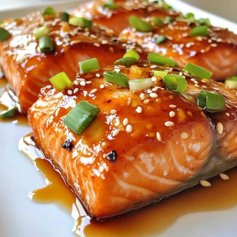 To make honey garlic glazed salmon, you will need: - 4 salmon fillets - 1/4 cup honey - 4 cloves garlic, minced - 2 tablespoons soy sauce - 1 tablespoon fresh ginger, grated - 1 tablespoon sesame oil - Salt and pepper to taste - 2 tablespoons green onions, chopped (for garnish) - 1 teaspoon sesame seeds (for garnish) These ingredients create a tasty glaze that pairs well with the salmon. If you don’t have all the ingredients, here are some easy swaps: - Salmon: Use trout or tilapia if you can’t find salmon. - Honey: Maple syrup works great as a sweetener. - Soy Sauce: Try tamari for a gluten-free option. - Ginger: Ground ginger can replace fresh ginger in a pinch. - Sesame Oil: Olive oil adds a nice flavor if you lack sesame oil. These alternatives work well, so don’t worry if you don’t have everything. Using the best ingredients makes a big difference in flavor. - Salmon: Fresh, wild-caught salmon has a better taste than farmed salmon. - Honey: Choose raw honey for richer flavor and health benefits. - Garlic: Fresh garlic gives the best taste. Avoid pre-minced garlic. - Ginger: Fresh ginger has a strong flavor. Dried ginger is milder. High-quality ingredients lead to a more delicious meal. Always aim for fresh and natural products when cooking. {{ingredient_image_1}} Start by making the honey garlic glaze. Grab a small mixing bowl. In the bowl, combine: - 1/4 cup honey - 4 cloves garlic, minced - 2 tablespoons soy sauce - 1 tablespoon fresh ginger, grated - 1 tablespoon sesame oil Whisk these together until smooth. This glaze adds sweet and savory flavors to your salmon. Now, let's prepare the salmon. Preheat your oven to 400°F (200°C). Take a baking sheet and line it with parchment paper. Place 4 salmon fillets on the sheet, skin-side down. Season each fillet with salt and pepper. Next, brush half of your honey garlic glaze over the tops of the salmon. Bake for 12-15 minutes. The salmon is ready when it flakes easily with a fork. For a nice caramelized touch, we will broil the salmon. With two minutes left, switch the oven to broil. Drizzle the remaining glaze over each fillet. Watch closely to avoid burning. After broiling, take the salmon out of the oven. Let it rest for a couple of minutes. This resting time helps lock in the juices. Enjoy this easy and delicious honey garlic glazed salmon! To make sure your salmon flakes easily, choose fresh fillets. Fresh salmon has a bright color and firm texture. Always cook the salmon at the right temperature. Baking it at 400°F helps keep it moist. When it’s done, let it rest for a few minutes. This will help the juices redistribute and keep it flaky. The glaze is key to this dish. Mix honey, garlic, soy sauce, ginger, and sesame oil well. The balance of sweet and savory makes it shine. Brush half the glaze on the salmon before baking. Save the rest for the broil at the end. This will give your salmon a lovely caramelized finish. Keep an eye on it during broiling. You want it golden, not burnt. Salmon fillets come in different cuts. For this recipe, look for center-cut fillets. They cook evenly and stay juicy. You can also use skin-on fillets. The skin helps protect the fish during cooking. Feel free to ask your fishmonger for the best options. Freshness and quality make all the difference in your meal. Pro Tips Use Fresh Ingredients: Fresh salmon, garlic, and ginger will enhance the flavor profile of your dish significantly. Look for vibrant, firm salmon fillets with a fresh scent. Adjust Glaze to Taste: Feel free to modify the sweet and savory balance of the glaze. If you prefer a sweeter taste, add more honey; for a saltier kick, increase the soy sauce. Monitor Cooking Time: Salmon can overcook quickly, so keep an eye on it while baking. It should be opaque and flake easily with a fork when done. Experiment with Garnishes: Besides green onions and sesame seeds, consider adding sliced red chili, cilantro, or a drizzle of sriracha for an extra layer of flavor and color. {{image_2}} If you love spice, try adding red pepper flakes or chili powder to the glaze. Start with a small amount, about 1/4 teaspoon. Mix it well into the glaze. This adds a nice kick without overpowering the sweet honey flavor. You can also try adding a dash of hot sauce for a zesty twist. Not into honey? You can use maple syrup or agave nectar as sweeteners. Both will give a different taste but still pair well with salmon. If you want a lower-calorie option, try using a sugar substitute like stevia. Adjust the amount to taste, as these can be sweeter than honey. Honey garlic glazed salmon pairs well with many sides. Try serving it with steamed broccoli or green beans for a healthy meal. You can also serve it over a bed of rice or quinoa to soak up the extra glaze. For a fresh touch, add a simple salad with spinach, cucumber, and a light vinaigrette. This combo makes dinner feel special. You can store leftover honey garlic glazed salmon in the fridge. Place the salmon in an airtight container. It will stay fresh for about three days. Make sure the salmon cools down before sealing it. This helps keep the flavor and texture. To reheat the salmon, preheat your oven to 350°F (175°C). Place the salmon on a baking sheet. Cover it with foil to keep it moist. Heat for about 10 minutes or until warm. You can also use the microwave. Heat for 30 seconds at a time, checking to avoid overcooking. Meal prep is easy with this salmon. You can cook several fillets in advance. Store them in individual containers with sides like rice or veggies. It makes quick lunches or dinners. This way, you enjoy a tasty meal without much hassle. The best way to tell if salmon is done is by checking its color and texture. Cooked salmon turns a light pink and becomes opaque. You can gently poke it with a fork. If it flakes easily, it is done. Use a meat thermometer for exactness. The internal temperature should reach 145°F (63°C). This ensures your salmon is safe to eat and still moist. Yes, you can use frozen salmon for this recipe. Just make sure to thaw it first. Place it in the fridge overnight or use the cold water method. Seal the salmon in a bag and submerge it in cold water. This method takes about an hour. After thawing, pat it dry before cooking. This helps the glaze stick better. To store leftovers, let the salmon cool first. Place it in an airtight container. You can keep it in the fridge for up to three days. If you want to keep it longer, freeze it. Wrap each fillet tightly in plastic wrap. Store in a freezer bag for up to three months. When ready to eat, thaw it in the fridge before reheating. This blog post covered how to make a tasty honey garlic glazed salmon. I shared the right ingredients, tips for perfecting the glaze, and step-by-step baking and broiling instructions. You learned about variations, like adding spices or using different sweeteners. I also included storage tips and answered common questions to help you succeed in the kitchen. Enjoy trying this dish and making it your own! With these tips, you will impress your family and friends. Cooking can be fun and easy when you know what to do.