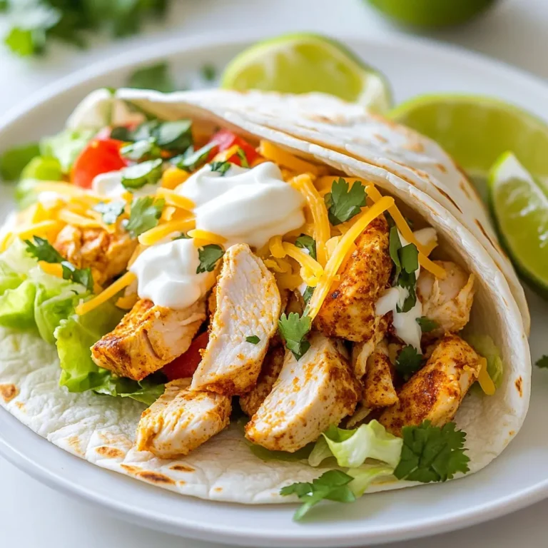 - 2 boneless, skinless chicken breasts - 1 tablespoon olive oil - 2 teaspoons chili powder - 1 teaspoon cumin - 1 teaspoon smoked paprika - ½ teaspoon garlic powder - ½ teaspoon salt - ¼ teaspoon black pepper - ½ teaspoon cayenne pepper (adjust for heat) - 4 large tortillas (flour or whole wheat) The main ingredients create a strong base. The chicken is the star, bringing protein and flavor. Olive oil helps the spices stick and adds richness. The spices give you that spicy kick. - 1 cup shredded lettuce - 1 cup diced tomatoes - ½ cup shredded cheddar cheese - ½ cup sour cream or Greek yogurt - 2 tablespoons fresh cilantro, chopped (optional) Toppings bring freshness and color. Shredded lettuce adds crunch. Diced tomatoes add juiciness. Cheese gives a creamy touch. Sour cream or yogurt cools down the heat. Fresh cilantro gives a nice herb flavor. - Lime wedges - Pairing ideas Serve with lime wedges. A squeeze of lime brightens the wrap. Pair with a side salad or chips for a complete meal. These sides complement the spicy chicken perfectly. {{ingredient_image_1}} To start, let’s create the spice blend. In a small bowl, mix: - 2 teaspoons chili powder - 1 teaspoon cumin - 1 teaspoon smoked paprika - ½ teaspoon garlic powder - ½ teaspoon salt - ¼ teaspoon black pepper - ½ teaspoon cayenne pepper (adjust for heat) Stir these spices well. Next, coat the chicken. Rub the spice mix evenly over the 2 boneless, skinless chicken breasts. This step is key for flavor. Now, heat a skillet over medium-high heat. Add 1 tablespoon of olive oil. Once hot, place the seasoned chicken in the skillet. Cook for about 5-7 minutes on each side. Check for doneness; the chicken should reach an internal temperature of 165°F (75°C). When done, take the chicken out and let it rest for a few minutes before slicing it into thin strips. Warm your tortillas next. Place them in the skillet for about 30 seconds on each side. This makes them soft and easy to roll. Now, it’s time to layer the ingredients. Start with a generous amount of shredded lettuce in the center of each tortilla. Then, add diced tomatoes, a handful of chicken strips, and shredded cheddar cheese. Top with a dollop of sour cream or Greek yogurt. If you like, sprinkle some fresh chopped cilantro on top. To wrap, fold in the sides of the tortilla. Then, roll it tightly from the bottom. Serve your spicy chicken wraps with lime wedges on the side for extra flavor. Enjoy! To keep your chicken juicy, start by cooking it on medium-high heat. This heat allows the chicken to sear well. Avoid overcooking; aim for 5-7 minutes on each side. Always check that the chicken reaches 165°F. This ensures it is safe to eat. Adjusting spice levels can help you cater to different taste buds. If you want a milder wrap, cut the cayenne pepper in half. For more heat, add extra chili powder or cayenne. Taste the spice mix before applying it to the chicken. This way, you can find your perfect balance. Properly rolling a wrap is key to keeping all the ingredients inside. Start by laying the tortilla flat. Place the filling in the center. Fold the sides in, then roll from the bottom tightly. This method keeps everything together. If you need to store wraps before serving, wrap them in foil or plastic. This helps to keep them fresh. You can keep them in the fridge for up to a day. Just remember to eat them soon for the best taste! To present wraps creatively, slice them in half and arrange on a plate. You can also stand them upright in a small jar for a fun look. Adding a garnish like cilantro or lime wedges makes it pop. Dipping sauces can enhance your meal. Sour cream or Greek yogurt works great. You can also serve salsa or guacamole on the side. These add extra flavor and make your wraps even more delicious! Pro Tips Let the Chicken Rest: After cooking, allow the chicken to rest for a few minutes before slicing. This helps the juices redistribute, resulting in a more flavorful and moist wrap. Customize Your Spice Level: Adjust the amount of cayenne pepper according to your heat preference. Start with a smaller amount and increase it gradually to find your perfect spice level. Fresh Ingredients Matter: Use fresh, high-quality ingredients for the best flavor. Fresh lettuce, ripe tomatoes, and good cheese will elevate your wrap to the next level. Wrap Technique: When rolling your wrap, ensure you tuck in the sides as you roll from the bottom. This will help keep all the fillings secure inside the tortilla. {{image_2}} You can switch up the protein in your wrap. Grilled shrimp adds a nice twist. It brings a sweet and smoky flavor. Tofu is a great option too. It’s perfect for a plant-based meal. Just marinate it in the same spices. You can also use turkey or beef. They cook quickly and are very tasty. Each option gives your wrap a unique flavor. If you need gluten-free options, choose corn tortillas. They work just as well as flour. For low-carb diets, try lettuce wraps. They give a fresh crunch and cut carbs. Both swaps let everyone enjoy the wrap without worries. To make your wrap even better, add salsa or guacamole. These toppings add creaminess and flavor. You can also experiment with cheeses. Try pepper jack for extra spice or feta for tang. Each addition brings something special to your meal. Enjoy exploring these fun flavor options! To keep your spicy chicken wrap fresh, refrigerate it right away. Place the wrap in an airtight container. This helps keep moisture in and prevents drying out. Your wraps will stay good for up to three days in the fridge. If you want to save your wraps for later, you can freeze them. First, wrap each one tightly in plastic wrap. Then, place them in a freezer bag or container. This keeps the quality high. To eat, take a wrap out and let it thaw in the fridge overnight. Reheat in a skillet over medium heat until warm. For storage, choose airtight containers that fit your wraps snugly. Glass or plastic containers work well. You can also use freezer bags for easy portioning. This makes meals quick and simple. Each container can hold one or two wraps for easy meals. To reduce the heat in your spicy chicken wrap, you can make a few simple changes: - Use less cayenne pepper: Cut the amount in half or leave it out. - Add dairy: Include more sour cream or Greek yogurt. This cools the heat. - Mix in mild spices: Use extra garlic powder or smoked paprika for flavor without heat. - Serve with sides: Pair your wrap with a cooling salad or rice to balance the spice. Yes, using pre-cooked chicken is easy and saves time. Here’s how to adjust: - Skip the spice rub: If the chicken is already seasoned, you can skip this step. - Warm it up: Heat the chicken strips in a skillet for a few minutes. - Check for flavor: Taste the chicken to see if it needs more seasoning. You can enjoy your spicy chicken wrap with several tasty sides: - Cool salads: A simple lettuce and tomato salad works well. - Rice or quinoa: These grains help balance the spice. - Chips and salsa: A crunchy side adds fun and flavor. - Fruit salad: Sweet fruit can cool down the spice nicely. You learned how to make tasty spicy chicken wraps with fresh ingredients and simple steps. We covered key ingredients, from chicken and tortillas to optional toppings. I also shared tips for cooking and wrapping. You can switch proteins and flavors easily to match your taste. Remember, store your leftovers properly to keep them fresh. Enjoy making these wraps for lunch or dinner, and have fun experimenting with different flavors!