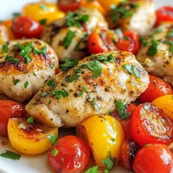 - 4 boneless, skinless chicken breasts - 1 cup cherry tomatoes, halved - 1 red bell pepper, sliced - 1 yellow bell pepper, sliced - 1 red onion, cut into wedges - 1 cup Kalamata olives, pitted - 3 cloves garlic, minced - 2 tablespoons olive oil - 1 tablespoon lemon juice - 1 teaspoon dried oregano - 1 teaspoon smoked paprika - Salt and pepper to taste For this dish, chicken breasts are your main protein. They soak up the flavors well. Fresh vegetables add color and taste. Cherry tomatoes burst with juice, while bell peppers bring sweetness. Red onion adds a nice crunch. Kalamata olives give a briny kick that balances the meal. You’ll make a simple marinade. It includes olive oil, lemon juice, garlic, oregano, and smoked paprika. These ingredients bring the Mediterranean vibe to your kitchen. Use salt and pepper to taste. - Fresh parsley - Extra olive oil for drizzling Fresh parsley brightens the dish and adds color. A drizzle of olive oil enhances the flavor and richness. You can add these garnishes just before serving. They make your meal look and taste even better. {{ingredient_image_1}} To start, we need to marinate the chicken. This step is key for flavor. Mix olive oil, lemon juice, minced garlic, dried oregano, smoked paprika, salt, and pepper in a bowl. These ingredients create a tasty marinade. Next, place the chicken breasts in a large resealable bag or bowl. Pour half of the marinade over the chicken. Make sure each piece is coated well. For best results, let it marinate for at least 30 minutes. If you have time, marinate overnight in the fridge. This adds even more flavor to the chicken. While the chicken is soaking up those flavors, let’s prep the veggies. Start by chopping the cherry tomatoes, red and yellow bell peppers, and red onion. Use a sharp knife for clean cuts. This helps the veggies cook evenly. In a separate bowl, toss the chopped vegetables and Kalamata olives with the remaining marinade. Make sure all the pieces are coated. This will bring out their sweetness when roasted. Now it's time to bake! Preheat your oven to 400°F (200°C). Line a large sheet pan with parchment paper. This makes clean-up easy. After preheating, place the marinated chicken on one side of the pan. Spread the vegetable mixture on the other side. Bake everything for 25-30 minutes. The chicken is done when it reaches an internal temperature of 165°F (75°C). The veggies should be tender and flavorful. Once baked, remove the pan from the oven. Let it rest for 5 minutes before slicing the chicken. This keeps it juicy. Now you’re ready to serve! Balancing Flavors To make the best marinade, you want to balance your flavors. Use olive oil for richness and lemon juice for brightness. This combo brings out the best in the chicken. Add garlic for depth and herbs like oregano for freshness. Smoked paprika adds a nice touch of warmth. Marinating Duration Marinate your chicken for at least 30 minutes. If you have time, let it sit overnight. This helps the flavors soak in deeply. Just remember, longer marinating can enhance the taste. Ensuring Even Cooking To cook evenly, arrange the chicken and veggies well on the sheet pan. This allows hot air to circulate. Keep some space between the chicken and vegetables. It helps them cook without steaming. Checking for Doneness Check the chicken's doneness with a meat thermometer. Aim for an internal temperature of 165°F (75°C). If you don't have a thermometer, cut into the thickest part. The meat should be white, not pink. Serving Suggestions You can serve this dish straight from the sheet pan. It has a rustic charm and makes for easy cleanup. For a more formal look, plate the chicken and veggies separately. Drizzle with extra olive oil and sprinkle fresh herbs on top. Rustic vs. Plated Presentation Rustic presentation is fun and casual. Plated looks fancy and elegant. Choose what fits your meal vibe. Either way, this dish looks great! Pro Tips Marinate for Flavor: Allowing the chicken to marinate overnight will enhance its flavor and tenderness. Use Fresh Herbs: For added freshness, consider garnishing with fresh basil or mint along with parsley. Don't Overcrowd the Pan: Ensure there’s enough space between the chicken and vegetables for even roasting. Check for Doneness: Use a meat thermometer to ensure chicken reaches an internal temperature of 165°F (75°C) for safety. {{image_2}} Alternative Proteins You can swap chicken for other proteins. Try using turkey breasts or firm tofu. Both options work well with the marinade and roasting method. If you like seafood, salmon or shrimp are also great choices. Different Vegetables to Use Feel free to mix up the veggies. Zucchini, eggplant, or asparagus add nice flavors. You can also use artichoke hearts or baby potatoes for a heartier meal. Just remember to cut them into similar sizes for even cooking. Gluten-Free Options This dish is naturally gluten-free. Just ensure that any added ingredients, like olives, are gluten-free too. Look for brands that specify gluten-free on their labels. Vegan Adaptations To make this meal vegan, replace chicken with chickpeas or tempeh. Both options soak up flavors well. Use the same marinade and roast them with the veggies. You can enjoy a hearty, plant-based meal that everyone will love. Spicing it Up with Different Herbs Get creative with herbs. Fresh basil, thyme, or rosemary can change the taste. You can even try adding a pinch of red pepper flakes for heat. Just remember to adjust the amount based on your spice preference. Using Citrus Zests for Extra Freshness Citrus zests can brighten the dish. Try adding lemon or orange zest to the marinade. It gives a fresh twist that enhances the overall flavor. Zests add a nice aroma when roasting too, making your kitchen smell amazing! - Use airtight containers to keep your chicken fresh. - Glass or plastic containers work well. - Let the chicken cool before sealing. - Store in the fridge for up to four days. - For best results, use the oven. - Set the oven to 350°F (175°C). - Warm the chicken for about 10-15 minutes. - If using a microwave, heat in short bursts. - Cover with a damp paper towel to keep it moist. - Freeze leftovers in airtight bags or containers. - Remove as much air as possible to avoid freezer burn. - Label with the date for easy tracking. - Thaw in the fridge overnight for best results. - Avoid refreezing after thawing to keep flavors intact. For the best flavor, marinate the chicken for at least 30 minutes. If you have time, marinating overnight really enhances the taste. The longer it sits, the more the chicken absorbs the marinade's rich flavors. Yes, you can prepare this dish ahead of time. Marinate the chicken and store it in the fridge. You can also chop the vegetables a day early. When ready to cook, just spread everything on the sheet pan and bake. Mediterranean chicken shines with fresh sides. Here are some great options: - Couscous with herbs - Quinoa salad with cucumbers - Steamed green beans - Tabbouleh for a fresh touch These sides will complement the dish and add more flavor. This article guides you on making a tasty Mediterranean chicken dish. We covered key ingredients and how to prep the chicken and veggies. I shared tips for perfect marinating, cooking, and presentation. Explore variations for dietary needs and flavor profiles. To keep leftovers fresh, I discussed storage and reheating. Now, you have the tools to create a delicious meal that fits your taste. Enjoy cooking and impressing your family and friends with this easy recipe!