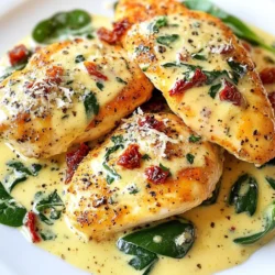 To make Creamy Sun-Dried Tomato Chicken, gather these items: - 4 boneless, skinless chicken breasts - 1 cup heavy cream - 1/2 cup sun-dried tomatoes, chopped - 1/2 cup chicken broth - 1 tablespoon olive oil - 2 cloves garlic, minced - 1 teaspoon dried basil - 1 teaspoon dried oregano - Salt and pepper to taste - Fresh spinach, for garnish - Grated parmesan cheese, for serving You can adjust some ingredients for your taste: - Use olive oil or butter. - Heavy cream can be swapped for half-and-half for a lighter sauce. - Chicken broth can be replaced with vegetable broth for a vegetarian option. - Fresh garlic can replace minced garlic. - Any cooked chicken can work, like rotisserie chicken. This dish can fit many diets: - Gluten-Free: All ingredients are gluten-free. - Low-Carb: This recipe is low in carbs, making it great for keto diets. - Dairy-Free: Substitute coconut cream for heavy cream and skip cheese. - Paleo-Friendly: Use full-fat coconut milk and avoid dairy. These options help everyone enjoy this delicious meal! {{ingredient_image_1}} Start with four boneless, skinless chicken breasts. First, season them with salt and pepper on both sides. This step gives the chicken flavor. Next, take a large skillet and add one tablespoon of olive oil. Heat the oil over medium heat. When the oil is hot, place the chicken breasts in the skillet. Cook them for about 6 to 7 minutes on each side. You want them golden and cooked through. Once done, remove the chicken from the skillet and set it aside. In the same skillet, add two cloves of minced garlic. Sauté them for about 30 seconds until you smell the garlic. This step adds a nice aroma. Next, add half a cup of chopped sun-dried tomatoes to the skillet. Then, sprinkle in one teaspoon each of dried basil and dried oregano. Stir everything and cook for another minute. This helps to blend the flavors. Now, slowly pour in half a cup of chicken broth. Scrape any bits stuck to the skillet. Let the mixture simmer for 2 to 3 minutes. After simmering, reduce the heat to low. Now, add one cup of heavy cream to the skillet. Stir it continuously until the sauce thickens a bit. This will create a creamy texture. Then, return the chicken breasts to the skillet. Make sure they are well coated with the sauce. Cook for an additional 2 to 3 minutes until the chicken is heated through. Finally, remove the skillet from heat. Garnish with fresh spinach and grated parmesan cheese before serving. Enjoy your meal! To cook chicken breasts just right, follow these tips: - Pound the chicken: Make the chicken even in thickness. This helps it cook evenly. - Don’t overcrowd the pan: Cook chicken in batches if needed. This keeps the heat steady. - Use a meat thermometer: Aim for 165°F (75°C) to ensure safety and juiciness. - Let it rest: Rest the chicken for a few minutes before slicing. This locks in the juices. Getting that perfect creamy sauce is key. Here’s how: - Use heavy cream: It gives the sauce a rich texture. - Add broth slowly: This helps the sauce blend well and prevents curdling. - Stir continuously: When adding cream, keep stirring to mix flavors and avoid separation. - Simmer gently: Let the sauce simmer on low heat. This thickens it without burning. Garnishing adds a nice touch. Try these ideas: - Fresh spinach: Sprinkle fresh spinach on top for color and flavor. - Grated parmesan: Add freshly grated parmesan cheese for a salty kick. - Serve with pasta or rice: Pair the chicken with pasta or rice to soak up the sauce. - Add herbs: Fresh herbs like basil or parsley can enhance the dish’s taste and look. Pro Tips Perfectly Cooked Chicken: Use a meat thermometer to ensure your chicken reaches an internal temperature of 165°F (75°C) for safe consumption. Enhance the Flavor: For an extra depth of flavor, consider marinating the chicken in olive oil, garlic, and herbs for at least 30 minutes before cooking. Adjust Creaminess: If you prefer a thicker sauce, let it simmer for a few extra minutes after adding the cream, stirring frequently to prevent burning. Garnish Ideas: Experiment with different garnishes like fresh basil, parsley, or even a squeeze of lemon juice for added brightness and flavor. {{image_2}} You can easily add vegetables to make this dish even better. Fresh spinach is a great start. It adds color and nutrients. You can also use bell peppers, mushrooms, or zucchini. Just sauté them before adding the sauce. This way, they blend well with the creamy flavor. If you want to switch up the protein, try shrimp or tofu. Shrimp cooks fast and works well with the sauce. Just sauté it until pink, and then add it to the sauce. For a vegan option, use firm tofu. Cut it into cubes and sauté until golden. Both options taste great with sun-dried tomatoes. You can change the flavor by using different spices and herbs. If you like heat, add red pepper flakes. For a fresh taste, try fresh basil or parsley. You can also mix in some lemon zest for a zesty twist. These small changes can make the dish feel new each time you cook it. After making creamy sun-dried tomato chicken, you may have some leftovers. Store them in an airtight container. Make sure the chicken is completely cool before you put it away. This helps keep the chicken fresh. You can keep it in the fridge for up to three days. If you want to save your creamy sun-dried tomato chicken for later, freezing is a great option. Place the cooled chicken in a freezer-safe container or bag. Remove as much air as you can to prevent freezer burn. You can freeze it for up to three months. When you’re ready to enjoy it, thaw it in the fridge overnight before reheating. When reheating, I recommend using a skillet. Heat it on low and add a splash of chicken broth or cream. This keeps the chicken moist and flavorful. Stir gently until heated through. You can also use the microwave, but be careful not to overcook it. Heat in short bursts and check often to keep it from drying out. Enjoy your creamy dish just like the first time! To add heat, try red pepper flakes or cayenne pepper. Just sprinkle a little into the sauce. Start with a pinch, then taste. You can always add more. Another option is to use spicy sun-dried tomatoes. They give a nice kick without changing the dish much. Yes, you can use fresh tomatoes. Chop them into small pieces. Cook them longer to soften. Fresh tomatoes will add a different taste. The sauce won't be as thick, but it will still be good. You might need to adjust the cooking time when using fresh tomatoes. Creamy Sun-Dried Tomato Chicken pairs well with many sides. Here are some ideas: - Rice: White or brown rice soaks up the sauce nicely. - Pasta: Serve it over your favorite pasta for a filling meal. - Vegetables: Steamed broccoli or green beans add color and nutrients. - Salad: A fresh garden salad balances the creaminess of the chicken. These sides will make your meal even better! This blog post covers the essentials for making Creamy Sun-Dried Tomato Chicken. You learned about the key ingredients and alternatives to fit your diet. The step-by-step instructions ensure success in cooking both the chicken and sauce. Plus, practical tips help you achieve perfect results every time. Variations allow you to customize the dish with extra veggies or different proteins. Finally, I provided storage info and answers to common questions. Enjoy this dish your way, knowing that it can be easy, tasty, and satisfying.