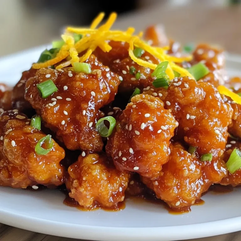 To make delicious crispy orange chicken, gather these main ingredients: - 1 lb boneless, skinless chicken thighs, cut into bite-sized pieces - 1 cup all-purpose flour - 1 large egg - 1/2 cup cornstarch - 1/2 teaspoon baking powder - Salt and pepper to taste - 1 cup orange juice (freshly squeezed for best flavor) - Zest of 1 orange - 1/4 cup honey - 2 tablespoons soy sauce - 1 tablespoon rice vinegar - 1 teaspoon grated ginger - 1 clove garlic, minced - 1/4 teaspoon red pepper flakes (optional, for spice) - Vegetable oil (for frying) These ingredients create the base of your dish. The chicken thighs are juicy and tender. The flour and cornstarch coat the chicken, giving it that perfect crunch. You will need a few kitchen staples to bring these flavors together: - Salt and pepper enhance the taste of the chicken. - Soy sauce adds a nice umami flavor. - Rice vinegar gives a hint of tanginess. - Honey balances the flavors with sweetness. Having these staples on hand makes cooking easier. They are common in many kitchens, so you might already have them. When you're ready to serve, consider these optional garnishes: - Sliced green onions add a pop of color and flavor. - Sesame seeds provide a nice crunch and visual appeal. Garnishes make your dish look fancy and inviting. They also add a little extra flavor that pairs well with the orange sauce. Enjoy your crispy orange chicken! {{ingredient_image_1}} Start with 1 pound of boneless, skinless chicken thighs. Cut them into bite-sized pieces. In a large bowl, mix 1 cup of all-purpose flour, 1/2 cup of cornstarch, 1/2 teaspoon of baking powder, salt, and pepper. This mix helps make the chicken crispy. In another bowl, beat 1 large egg. Dip each chicken piece into the egg, then coat it well in the flour mix. This double coating creates the crunch we all love. For the orange sauce, gather fresh ingredients. You need 1 cup of freshly squeezed orange juice and the zest of 1 orange. In a saucepan, combine the orange juice, orange zest, 1/4 cup of honey, 2 tablespoons of soy sauce, 1 tablespoon of rice vinegar, 1 teaspoon of grated ginger, and 1 clove of minced garlic. If you like spice, add 1/4 teaspoon of red pepper flakes. Heat this mix over medium heat. Bring it to a simmer and let it cook for 5-7 minutes. The sauce will thicken and smell amazing. Now it’s time to fry! Heat vegetable oil in a deep skillet or pot at medium-high heat. You need enough oil to cover the chicken pieces. Fry the chicken in batches for about 4-5 minutes per side. Look for a golden brown color. When done, remove the chicken and place it on paper towels to drain excess oil. Finally, toss the crispy chicken in the orange sauce until well-coated. Serve it hot, and enjoy! To make your chicken crispy, use a mix of flour and cornstarch. This blend gives a light and crunchy crust. Make sure to coat each piece evenly. When frying, the oil should be hot but not smoking. A deep skillet works best. Fry in small batches. This keeps the temperature steady and helps your chicken cook evenly. Use freshly squeezed orange juice and orange zest. They add bright flavor that bottled juice can't match. Grated ginger and minced garlic also boost the taste. If you like spice, add red pepper flakes for a kick. Fresh ingredients elevate your dish and make it special. One common mistake is overcrowding the pan. This cools the oil and makes the chicken soggy. Another mistake is skipping the seasoning. Salt and pepper in the flour mix are key for flavor. Don’t rush the sauce! Let it simmer until it thickens. This step builds richness in your dish. Pro Tips Use Fresh Orange Juice: For the best flavor in your sauce, always opt for freshly squeezed orange juice instead of bottled juice. Double Frying for Extra Crispiness: For an even crispier texture, consider frying the chicken pieces twice. The first fry cooks the chicken, and the second fry adds extra crunch. Adjust the Spice Level: If you prefer a milder dish, feel free to omit the red pepper flakes. Alternatively, increase the amount if you like it spicier! Let the Chicken Rest: After frying, let the chicken pieces rest on paper towels for a few minutes. This helps them retain their crispiness and prevents them from becoming soggy. {{image_2}} You can make this dish healthier by swapping out some ingredients. Use skinless chicken breast instead of thighs. It has less fat and still tastes great. You can also use whole wheat flour instead of all-purpose flour. This adds fiber and makes the dish more nutritious. For a lighter sauce, try using less honey or substituting it with agave syrup. Fresh orange juice is still key for flavor. If you want a kick, add more heat! Increase the red pepper flakes to suit your taste. You can also add sliced jalapeños to the sauce. This gives the dish extra spice and flavor. Another option is to mix in some Sriracha or chili garlic sauce with the orange sauce. The heat balances well with the sweetness of the orange. You can make this dish vegetarian or vegan easily. Replace the chicken with crispy tofu or tempeh. Cut it into bite-sized pieces and fry it the same way. Use plant-based egg substitutes to coat the tofu. For the sauce, ensure you use a vegan-friendly soy sauce. This way, you keep all the great flavors while making it suitable for all diets. To keep your crispy orange chicken fresh, store it in an airtight container. Let the chicken cool to room temperature before sealing. This helps prevent sogginess. Keep it in the fridge for up to three days. If you notice any excess sauce, place it in a separate container to avoid making the chicken mushy. If you want to save your orange chicken for later, freezing works well. First, let the chicken cool completely. Then, place it in a freezer-safe bag or container. You can freeze the chicken for up to three months. For best results, freeze the sauce separately. This keeps the chicken crispy when you reheat it. To reheat your orange chicken, use the oven or an air fryer. Preheat the oven to 375°F (190°C). Place the chicken on a baking sheet and cover it loosely with foil. Heat for about 10-15 minutes. This helps restore the crispiness. If using an air fryer, set it to 350°F (175°C) and cook for about 5-7 minutes. Enjoy your delicious meal again! The best chicken for orange chicken is boneless, skinless chicken thighs. Thighs stay juicy and tender, giving great flavor. They also fry up nicely, creating a crispy outer layer. If you prefer white meat, you can use chicken breasts. Just remember, they may dry out faster. Yes, you can make this recipe in advance. Prepare the chicken and the orange sauce ahead of time. Store the chicken in an airtight container in the fridge. Keep the sauce in a separate container. When you’re ready to eat, fry the chicken and toss it in the sauce. This way, you’ll have a quick, tasty meal. To adjust the sweetness of the sauce, you can add more or less honey. If you find it too sweet, add a splash of soy sauce or rice vinegar. This will balance the flavors. You can also use less orange juice for a less sweet sauce. Always taste as you go to find the right balance for you. We explored how to make crispy orange chicken, from ingredients to storage. You learned about key components, step-by-step cooking methods, and helpful tips to enhance your dish. Remember, using fresh ingredients boosts flavor, and avoiding common mistakes ensures success. You can even try variations like spicy or vegan options. This dish is simple, fun, and great for sharing. Enjoy your cooking and impress your family with this tasty meal!