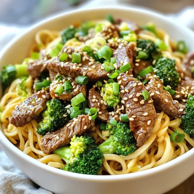To make Sesame Ginger Beef Noodles, you will need a few key items: - 8 oz. egg noodles or rice noodles - 1 lb. beef sirloin, thinly sliced - 3 tablespoons sesame oil - 2 tablespoons fresh ginger, minced - 4 cloves garlic, minced - 2 tablespoons soy sauce - 1 tablespoon rice vinegar - 1 tablespoon honey - 1 cup broccoli florets - 1 bell pepper, sliced - 3 green onions, chopped - Salt and pepper to taste These ingredients work together to create a tasty and satisfying dish. The beef gives it a hearty base, while the ginger and garlic add a fresh kick. You can make your dish even prettier and tastier with these garnishes: - Sesame seeds for garnish - Extra chopped green onions - Julienned carrots for color Garnishes make the dish look great and add extra flavor. You can customize it to your taste. Here’s what to expect in each serving: - Calories: Approximately 400 - Protein: 28g - Carbohydrates: 50g - Fat: 15g - Fiber: 3g This meal is balanced and packed with nutrients. It provides protein from the beef and fiber from the veggies. Enjoy this dish as a hearty meal without the guilt! {{ingredient_image_1}} Start by boiling water in a pot. Add 8 oz. of egg or rice noodles. Cook them until they are al dente. This usually takes about 5-7 minutes. Once done, drain the noodles and set them aside. Next, grab a large skillet or wok. Heat 1 tablespoon of sesame oil over medium-high heat. Add the thinly sliced beef sirloin. Stir-fry the beef for 3-4 minutes until it turns brown. Make sure to remove the beef from the skillet and set it aside. In the same skillet, add the remaining sesame oil. Toss in the minced ginger and garlic. Stir-fry for about 30 seconds until you smell that great aroma. Now, add in 1 cup of broccoli florets and the sliced bell pepper. Cook for 3-4 minutes until the veggies are tender but still crisp. In a small bowl, mix 2 tablespoons of soy sauce, 1 tablespoon of rice vinegar, and 1 tablespoon of honey until well blended. Pour this sauce over the veggies in the skillet. Stir to coat them well. Now, return the beef to the skillet and add the cooked noodles. Toss everything together. Ensure the beef, veggies, and noodles are all coated in the sauce. Season with salt and pepper to taste. Cook for another 2-3 minutes until everything is heated through. Finally, remove it from heat. Garnish with chopped green onions and sesame seeds before serving. Enjoy! To get tender beef, start with good cuts. Use sirloin or flank steak for the best flavor. Cut the beef thinly against the grain. This makes it easier to chew. Marinate the beef for at least 15 minutes in soy sauce. This adds flavor and helps to tenderize. When you stir-fry, use high heat. This cooks the beef quickly and keeps it juicy. The right sauce makes this dish shine. Mix soy sauce, rice vinegar, and honey in a bowl. This gives a sweet and salty taste. Use fresh ginger and garlic in the skillet for more flavor. Stir-fry them until fragrant for about 30 seconds. Pour the sauce over the vegetables and beef. Toss everything well so every bite is tasty. If you like it spicy, add a pinch of red pepper flakes. Cooking times for veggies are key. For broccoli, stir-fry for 3-4 minutes until it is bright green and still crisp. The bell pepper needs about the same time. You want them tender but not mushy. Keep an eye on the color. They should look fresh and colorful. Add the vegetables after the beef to ensure they stay crunchy. This balance gives you a great texture in every bite. Pro Tips Use Fresh Ingredients: Always opt for fresh garlic and ginger to enhance the flavors in your dish. Fresh ingredients provide a more vibrant taste than dried ones. Slice Meat Thinly: For the best texture, slice the beef sirloin against the grain and as thinly as possible. This helps it cook quickly and remain tender. Control the Heat: Make sure your skillet or wok is hot before adding the beef. A high temperature helps to achieve a nice sear and prevents the meat from stewing. Customize Your Veggies: Feel free to add or substitute vegetables based on your preference. Carrots, snap peas, or bell peppers all work great and add color to your dish. {{image_2}} You can easily make this dish vegetarian. Instead of beef, use tofu. Firm tofu works best. Cut it into small cubes. Sear the tofu until golden brown. This gives you a nice texture. You can also use tempeh for a nutty flavor. The sauce still tastes great with these swaps. Feel free to load up on veggies! You can add snap peas or carrots for color. Mushrooms add a nice umami taste. Zucchini or bok choy also work well. Just remember to keep them crisp. Stir-fry for a short time so they stay bright and fresh. If you want to switch up the noodles, go for rice noodles. They soak up the sauce nicely. You can also try soba noodles for a nutty taste. Gluten-free pasta is a good option too. Just cook them according to the package instructions and toss them in. After enjoying your sesame ginger beef noodles, store any leftovers in an airtight container. Make sure the noodles and beef cool down first. This keeps them fresh and tasty. Place the container in the fridge. They will stay good for about three to four days. To reheat your noodles, use a skillet or microwave. If using a skillet, add a splash of water and heat over low heat. Stir gently until warm. If using a microwave, place noodles in a microwave-safe bowl. Cover with a damp paper towel and heat for one to two minutes. Stir halfway to ensure even heating. You can freeze your sesame ginger beef noodles for later. First, let them cool completely. Then, put them in a freezer-safe container or bag. Be sure to remove as much air as possible. They will last up to three months in the freezer. When you are ready to eat, thaw them in the fridge overnight. Reheat as needed. Yes, you can use chicken, pork, or tofu. Each option will give a new taste. Chicken works well as it cooks fast. Pork adds a nice sweetness. Tofu is great for plant-based diets. Just remember to adjust cooking times for each type. If you lack sesame oil, use vegetable oil or olive oil. They will work in a pinch. The flavor may change a bit, but the dish will still taste good. You can add a sprinkle of sesame seeds for a hint of that sesame taste. To make this dish gluten-free, swap soy sauce for a gluten-free version. Look for tamari or coconut aminos. Use gluten-free noodles, like rice noodles. This keeps all the great flavors without gluten. Yes, you can prepare this meal ahead. Cook the noodles and store them separately. Stir-fry the beef and veggies, then let them cool. Store everything in airtight containers. When ready to eat, just heat and combine. In this post, we covered key ingredients and step-by-step cooking instructions. We explored tips for tender beef, perfect sauce, and veggie cooking times. Plus, we shared variations for vegetarians and storage tips for leftovers. Final thoughts: This dish is simple and versatile. Feel free to mix things up and enjoy your cooking experience!