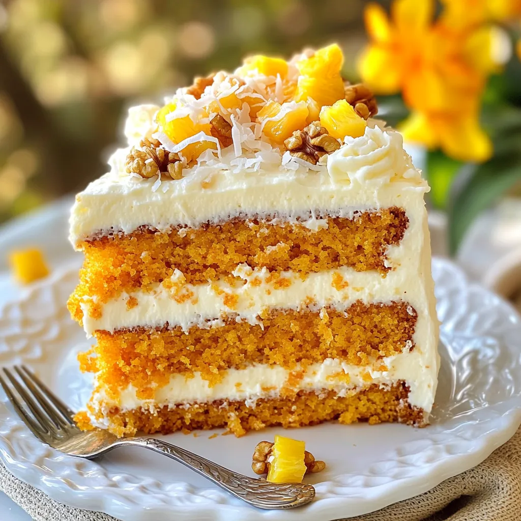 - 2 cups grated carrots - 1 cup crushed pineapple, drained - 1 cup granulated sugar - 1/2 cup brown sugar - 1/2 cup vegetable oil - 4 large eggs - 2 cups all-purpose flour - 1 teaspoon baking powder - 1 teaspoon baking soda - 1 teaspoon ground cinnamon - 1/2 teaspoon ground nutmeg - 1/2 teaspoon salt - 1 cup chopped walnuts (optional) - 1 teaspoon vanilla extract - 1/2 cup shredded coconut (optional) Gathering the right ingredients is key to making a great carrot pineapple cake. First, you need fresh, sweet carrots. Grated carrots add moisture and sweetness. You’ll also want crushed pineapple for that fruity twist. Draining it helps keep the cake from getting too wet. For sweetness, I use both granulated and brown sugar. The brown sugar adds a rich flavor. Next, vegetable oil keeps the cake moist. Eggs bind everything together and add richness. Now, let’s talk about the dry ingredients. All-purpose flour is the base. Baking powder and baking soda make the cake rise. Ground cinnamon and nutmeg give warm spice notes. A little salt enhances all the flavors. If you want to add more texture, consider walnuts or shredded coconut. They bring extra crunch and flavor. These optional mix-ins can make your cake even more delightful. With these ingredients ready, you're set to make a delicious cake! {{ingredient_image_1}} First, preheat your oven to 350°F (175°C). Greasing and flouring your pans is important. Use two 9-inch round cake pans. This step helps the cake come out easily after baking. In a large bowl, combine 2 cups of grated carrots and 1 cup of drained crushed pineapple. Add 1 cup of granulated sugar and 1/2 cup of brown sugar next. Pour in 1/2 cup of vegetable oil. Mix these ingredients well until they blend together nicely. Then, add 4 large eggs one at a time. Mix thoroughly after each egg. Finally, stir in 1 teaspoon of vanilla extract for flavor. In a separate bowl, whisk together 2 cups of all-purpose flour, 1 teaspoon of baking powder, 1 teaspoon of baking soda, 1 teaspoon of ground cinnamon, 1/2 teaspoon of ground nutmeg, and 1/2 teaspoon of salt. Once combined, gradually add this dry mix to your wet mixture. Stir gently until just combined. Avoid overmixing to keep the cake light and fluffy. Now, divide the batter evenly between the prepared cake pans. Place them in the preheated oven and bake for 30-35 minutes. Check if they are done by inserting a toothpick in the center. If it comes out clean, your cakes are ready. After baking, let the cakes cool in the pans for about 10 minutes. Then, transfer them to a wire rack to cool completely. For serving, you can frost them with cream cheese frosting or enjoy them plain. When serving, place the cake on a decorative plate. Add a dollop of whipped cream and a sprinkle of shredded coconut for an extra touch. To keep your carrot pineapple cake moist, use fresh ingredients. Fresh carrots and pineapple bring more juice and flavor. Make sure to drain the pineapple well. Too much liquid can make the cake soggy. Mix the batter just until combined. Overmixing can make the cake dense. Also, add a bit of oil for extra moisture. Using vegetable oil helps keep the cake soft. Let the cake cool in the pan for a few minutes before moving it. This helps the cake set and stay moist. Spices play a big role in flavor. Ground cinnamon and nutmeg add warmth and depth. Use fresh spices to get the best taste. Adding vanilla extract enhances the sweet flavor. If you love a hint of citrus, try adding a little orange zest. It brightens the cake nicely. Consider adding chopped walnuts or shredded coconut. These add texture and flavor. If you want a twist, try different nuts or dried fruits. Frosting is key to a great cake. Cream cheese frosting is a classic choice. It pairs well with the sweetness of the cake. Spread it smoothly on top and sides. For a fun touch, sprinkle shredded coconut or crushed walnuts on top. This adds color and texture. You can also add fresh fruit for decoration. Serve the cake on a pretty plate. A dollop of whipped cream on the side makes it even better. Enjoy this delightful cake with friends and family! Pro Tips Grate Carrots Finely: Finely grated carrots will blend seamlessly into the batter, ensuring a moist texture throughout the cake. Drain Pineapple Well: Make sure to drain the crushed pineapple thoroughly to prevent the batter from becoming too wet, which can affect the cake's rise. Check for Doneness: Use a toothpick to test for doneness; it should come out clean or with a few crumbs attached, but not wet batter. Cool Completely: Allow the cakes to cool completely on a wire rack before frosting to prevent the frosting from melting or sliding off. {{image_2}} You can make this cake gluten-free with a simple swap. Use a gluten-free flour blend instead of all-purpose flour. I recommend a blend that includes xanthan gum. This helps mimic the texture of traditional flour. Always check your labels to avoid cross-contamination. Feel free to get creative with flavors. Adding fruits like diced apples or ripe bananas enhances the taste. You can also try dried fruits like raisins or cranberries for extra sweetness. Nuts add a nice crunch too. Walnuts work great, but pecans or almonds are tasty choices as well. Mix and match to find your favorite combination! Frosting opens the door to more fun. Cream cheese frosting is classic, but you can explore other options. Try whipped cream for a light touch or a simple glaze. You can even use chocolate frosting for a richer flavor. If you want a fruity twist, consider a pineapple frosting. Each option adds its own flair to the cake! To keep your carrot pineapple cake fresh, store it in the fridge. Wrap the cake in plastic wrap or place it in an airtight container. This helps keep moisture in. If you want to store it for longer, freeze it. Cut the cake into slices, wrap each slice in plastic wrap, and place them in a freezer-safe bag. This way, you can enjoy a piece later! Your cake will stay fresh in the fridge for about 5 days. If you freeze it, it can last for about 3 months. Just remember, the longer it stays in the freezer, the more the texture may change. Always check for any signs of freezer burn before enjoying it. To reheat the cake, use the microwave for quick warming. Heat a slice for about 10-15 seconds. If you prefer a crispy edge, use the oven. Preheat it to 350°F (175°C) and warm the slice for about 5-10 minutes. This keeps the cake moist and delicious! Yes, you can use sugar substitutes. Options like honey, maple syrup, or agave nectar work well. When using these, adjust the liquid in the recipe. For example, if you use honey, reduce the oil slightly. Remember, some substitutes add different flavors. Always taste the batter for sweetness. Using both brown and granulated sugar adds depth to the flavor. Brown sugar gives moisture and a hint of caramel. Granulated sugar helps the cake rise well. If you must choose one, use brown sugar for a richer taste. However, the cake may not be as light. To make a vegan carrot pineapple cake, substitute eggs with applesauce or flaxseed meal. Use 1/4 cup of applesauce for each egg. For dairy, replace vegetable oil with coconut oil or any plant oil. You can also skip the egg and use 1/4 cup of unsweetened yogurt. This keeps the cake moist. You now have all the tools to make a delicious cake. We covered ingredients, cooking steps, and tips for great flavor. Whether you follow the basic recipe or try a fun variation, you'll enjoy the process. Remember to store leftovers properly to keep your cake fresh. Try different flavors, mix-ins, and frostings to make it your own. With practice, you’ll master this cake and impress your friends and family. Happy baking!