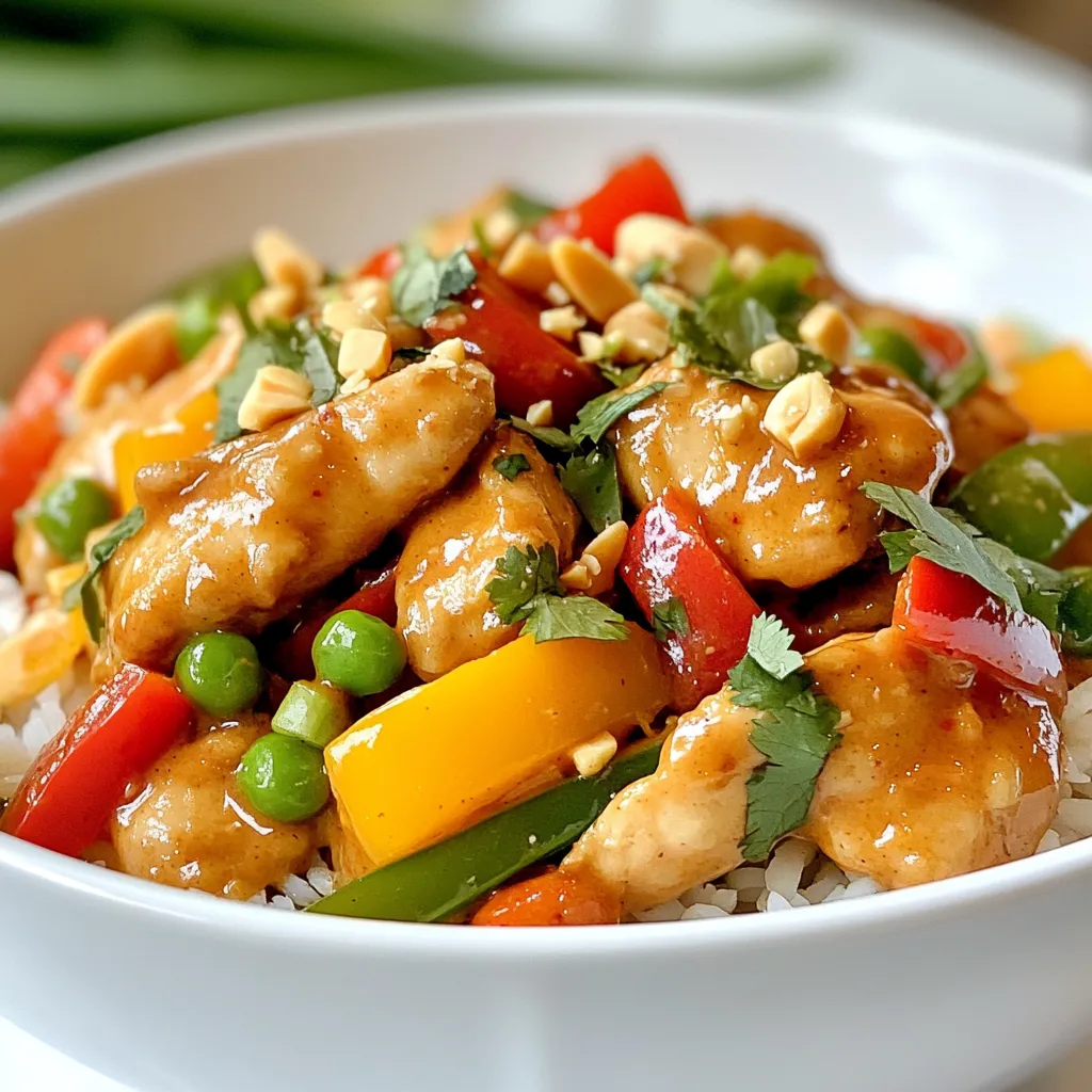 To make Thai Peanut Chicken, gather these fresh ingredients: - 1 lb boneless, skinless chicken thighs, cut into bite-sized pieces - 1 tablespoon vegetable oil - 1 red bell pepper, sliced - 1 yellow bell pepper, sliced - 1 cup snap peas - 3 green onions, chopped - 2 cloves garlic, minced - 1 tablespoon grated fresh ginger - 1/4 cup creamy peanut butter - 3 tablespoons soy sauce (or tamari for gluten-free) - 2 tablespoons lime juice - 1 tablespoon honey or maple syrup - 1/4 teaspoon crushed red pepper flakes (adjust to taste) - Salt and pepper to taste - Chopped peanuts and fresh cilantro for garnish You can make this dish your own with optional add-ins. Consider: - Sliced carrots for extra crunch - Broccoli florets for more greens - Extra crushed red pepper for spice lovers - Sesame seeds for a nutty taste Serve your Thai Peanut Chicken over jasmine rice or rice noodles. This adds a nice base. Top it with chopped peanuts and fresh cilantro. For a zesty kick, add lime wedges on the side. Enjoy this tasty meal with family or friends for a delightful experience! {{ingredient_image_1}} First, gather your ingredients. You need: - 1 lb boneless, skinless chicken thighs, cut into bite-sized pieces - 1 tablespoon vegetable oil - 1 red bell pepper, sliced - 1 yellow bell pepper, sliced - 1 cup snap peas - 3 green onions, chopped - 2 cloves garlic, minced - 1 tablespoon grated fresh ginger - 1/4 cup creamy peanut butter - 3 tablespoons soy sauce - 2 tablespoons lime juice - 1 tablespoon honey or maple syrup - 1/4 teaspoon crushed red pepper flakes - Salt and pepper to taste - Chopped peanuts and fresh cilantro for garnish Make sure the chicken is in small pieces. This helps it cook fast and evenly. Slice the bell peppers and snap peas. Chop the green onions, garlic, and ginger. Have everything ready before you start cooking. In a large skillet or wok, heat the vegetable oil over medium-high heat. Add the chicken pieces. Season with salt and pepper. Cook for about 5-7 minutes. Stir often to avoid burning. You want the chicken to be golden brown and fully cooked. Once done, remove the chicken from the pan and set it aside. In a small bowl, mix the peanut butter, soy sauce, lime juice, honey, and crushed red pepper flakes. Whisk until smooth. This sauce adds a rich, nutty flavor to your dish. Adjust the spice to your taste if you like it hotter or milder. In the same pan, add the minced garlic and grated ginger. Sauté for about 30 seconds until it smells good. Then, add the sliced bell peppers and snap peas. Stir-fry for about 3-4 minutes. You want them to be tender but still crisp. Return the cooked chicken to the pan. Pour the peanut sauce over the chicken and veggies. Stir well to coat everything evenly. Cook for an additional 2-3 minutes until heated through. Remove from heat and stir in the chopped green onions. Your Thai Peanut Chicken is now ready to serve! Enjoy it over jasmine rice or rice noodles, garnished with chopped peanuts and fresh cilantro. To cook chicken well, use boneless, skinless thighs. They stay juicy and tender. Cut them into bite-sized pieces. This helps them cook evenly. Heat vegetable oil in a skillet over medium-high heat. Add the chicken and season it with salt and pepper. Cook for 5 to 7 minutes, stirring often. Look for a golden brown color. Make sure it is cooked through. If you follow these steps, your chicken will be great every time. If you like heat, add crushed red pepper flakes. Start with 1/4 teaspoon in the sauce. You can always add more later. If you want less spice, skip the flakes. You can also add some honey or maple syrup for sweetness. This will balance the heat. Taste the sauce before you pour it over the chicken. Adjust it to fit your taste buds. Store leftovers in an airtight container. This keeps them fresh. Let the dish cool before sealing it. You can keep it in the fridge for up to three days. For longer storage, freeze it. Place the cooled chicken in a freezer-safe bag. Make sure to remove as much air as possible. When you want to eat it, thaw it in the fridge overnight. Reheat it on the stove or in the microwave. This way, you can enjoy your Thai Peanut Chicken again! Pro Tips Marinate for More Flavor: For an even richer taste, marinate the chicken in a mixture of soy sauce, lime juice, and ginger for at least 30 minutes before cooking. Adjust the Spice Level: Feel free to customize the heat by adding more or less crushed red pepper flakes, or even a splash of sriracha for an extra kick. Use Fresh Ingredients: Fresh ginger and garlic make a significant difference in flavor. If possible, avoid using pre-minced garlic or powdered ginger. Perfectly Cooked Vegetables: To maintain their vibrant color and crunch, stir-fry the vegetables just until they are tender-crisp and bright. {{image_2}} You can make this dish meat-free. For a vegetarian option, use tofu instead of chicken. Firm tofu works best. Press it to remove extra moisture. Cut it into bite-sized pieces and follow the same steps as chicken. For a vegan twist, ensure you use maple syrup instead of honey. This keeps it plant-based and just as tasty. If you want to switch proteins, consider shrimp or beef. Shrimp cooks fast and adds a nice flavor. Just toss it in the pan after the garlic and ginger. Beef works well too; use flank steak cut into strips. Cook it until brown, then add the sauce as you do with chicken. Both options offer a new take on the classic dish. Feel free to mix in your favorite veggies. Broccoli, carrots, and zucchini are great choices. You can also try bok choy or mushrooms for extra flavor. Just remember to adjust cooking times. Make sure the veggies stay crisp and colorful. Mixing vegetables can add fun textures and tastes to your meal. To store leftovers, first let the Thai Peanut Chicken cool. Place it in an airtight container. This will keep the dish fresh. You can store it in the fridge for up to 3 days. Make sure to label the container with the date. You can freeze Thai Peanut Chicken for later use. Put the cooled chicken in a freezer-safe bag or container. Remove as much air as possible to avoid freezer burn. It can last in the freezer for up to 3 months. When ready to eat, thaw it overnight in the fridge. Reheat the chicken on the stovetop for the best taste. Use low heat to warm it slowly. You can also microwave it, but cover it to keep moisture in. Heat until hot throughout. If it seems dry, add a splash of water or broth to help. Yes, you can make Thai Peanut Chicken ahead of time. Cook the dish fully and let it cool. Store it in an airtight container in the fridge. It tastes great the next day! You can also prepare the sauce and chicken separately. This way, you keep the flavors fresh when you mix them later. If you cannot use peanut butter, try almond butter or sunflower seed butter. Both give a nice flavor. You can also use tahini, which is made from sesame seeds. Each option will change the taste a bit, but they work well in the sauce. Yes, Thai Peanut Chicken can be gluten-free. Use tamari instead of soy sauce. Tamari is a gluten-free soy sauce. Always check the labels on your ingredients. This ensures they do not contain gluten. Thai Peanut Chicken lasts about 3 to 4 days in the fridge. Store it in an airtight container. Make sure it cools down before putting it in the fridge. If you want it to last longer, consider freezing it. In this blog post, we explored how to make Thai Peanut Chicken. We covered the key ingredients, step-by-step cooking instructions, and helpful tips. You learned about variations and storage methods for leftovers. When making this dish, remember to adjust spice levels to suit your taste. You can use different proteins and vegetables to keep things fresh. This recipe is easy, fun, and sure to impress. Now, grab your ingredients and start cooking! Enjoy your delicious meal!