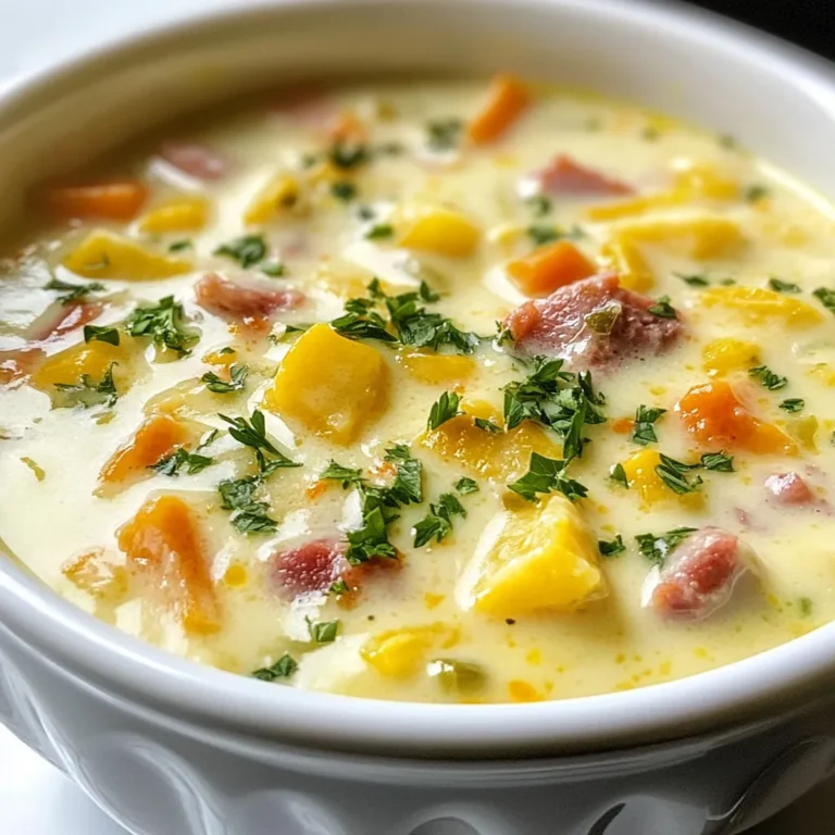 To make creamy Reuben soup, gather these ingredients: - 1 tablespoon olive oil - 1 medium onion, diced - 2 cloves garlic, minced - 1 medium carrot, diced - 2 stalks celery, diced - 1 cup sauerkraut, drained and rinsed - 4 cups low-sodium chicken broth - 1 cup heavy cream - 1 cup corned beef, chopped - 1 teaspoon caraway seeds - 1 tablespoon Worcestershire sauce (ensure it's alcohol-free) - Salt and pepper to taste - 1 cup shredded Swiss cheese - Fresh parsley for garnish You can tweak the soup to fit your taste. Here are some ideas: - Add a dash of hot sauce for heat. - Substitute turkey or ham for corned beef. - Use vegetable broth instead of chicken broth for a vegetarian twist. - Swap Swiss cheese for cheddar or Gouda for a different flavor. Each serving of creamy Reuben soup offers a hearty meal. Here’s a rough breakdown: - Calories: 450 - Protein: 20g - Carbohydrates: 25g - Fat: 30g - Fiber: 2g - Sodium: 800mg This soup is rich and filling, perfect for a cozy meal. Adjust the ingredients to meet your dietary needs while keeping the flavors intact. {{ingredient_image_1}} First, gather all your ingredients. You need: - 1 tablespoon olive oil - 1 medium onion, diced - 2 cloves garlic, minced - 1 medium carrot, diced - 2 stalks celery, diced - 1 cup sauerkraut, drained and rinsed - 4 cups low-sodium chicken broth - 1 cup heavy cream - 1 cup corned beef, chopped - 1 teaspoon caraway seeds - 1 tablespoon Worcestershire sauce - Salt and pepper to taste - 1 cup shredded Swiss cheese - Fresh parsley for garnish Chop the onion, carrot, and celery into small pieces. Mince the garlic. Rinse the sauerkraut and chop the corned beef. This prep helps your soup cook fast and taste great. Heat the olive oil in a large pot over medium heat. Add the diced onion, carrot, and celery. Sauté these vegetables for about 5 minutes until they soften. This step builds a nice base for flavor. Next, add the minced garlic and sauté it for 1 more minute. You will smell the garlic, and it will add a nice depth to the soup. Stir in the sauerkraut and pour in the chicken broth. Bring this delicious mix to a gentle simmer. Now, add in the chopped corned beef, caraway seeds, Worcestershire sauce, salt, and pepper. Let it all simmer for about 10 minutes. This lets the flavors come together nicely. After that, reduce the heat to low. Stir in the heavy cream and shredded Swiss cheese. Keep mixing until the cheese melts and the soup looks creamy. Taste it and adjust the salt and pepper if needed. Serve the soup hot in bowls. Top it with fresh parsley for color and flavor. This simple garnish makes it look nice and adds a fresh taste. You can enjoy this creamy Reuben soup with crusty bread or a light salad. It’s perfect for lunch or dinner, and everyone will love it! To boost the taste of your Creamy Reuben Soup, use fresh ingredients. Fresh herbs like thyme or dill can add depth. A splash of hot sauce can bring heat. Adding a squeeze of lemon juice brightens the flavors. Don't forget to season with salt and pepper. Taste along the way to find your perfect balance. For a smooth, creamy texture, stir the soup gently as you heat it. Add the heavy cream slowly after reducing the heat. This helps prevent curdling. Use full-fat Swiss cheese for the best melt. Make sure to mix until the cheese is fully incorporated. If you want a thicker soup, blend a portion and mix it back in. Avoid overcooking the soup after adding cream. This can cause the soup to separate. Also, don’t skip rinsing the sauerkraut; it helps reduce excess salt. If you add too much Worcestershire sauce, taste it first. You may need to adjust other seasonings. Lastly, always taste your soup before serving to ensure it meets your flavor goals. Pro Tips Use Fresh Ingredients: Fresh vegetables and high-quality corned beef enhance the flavor of your soup significantly. Control the Thickness: If you prefer a thicker soup, let it simmer longer or add a bit of cornstarch mixed with water to achieve your desired consistency. Cheese Variations: Experiment with different types of cheese like Gruyère or a mix of cheeses for a unique flavor twist. Storage Tips: Store leftovers in an airtight container in the refrigerator for up to 3 days. Reheat slowly on the stove for the best texture. {{image_2}} You can easily make a vegetarian version of Reuben soup. Start by leaving out the corned beef. Use extra veggies instead, like mushrooms or zucchini. You can also add diced potatoes for heartiness. Replace the chicken broth with vegetable broth for a full veggie flavor. Use a plant-based cream to keep it creamy. A little smoked paprika can add depth and mimic that smoky taste. To make a low-fat Reuben soup, switch the heavy cream for low-fat milk or a milk alternative. You can also use less cheese or choose a low-fat cheese. Use a leaner cut of beef, or skip the meat altogether. Focus on adding more vegetables to keep it filling. The soup will still taste great without all the fat. If you want to try different proteins, consider using turkey or chicken instead of corned beef. Shredded pulled pork works well too. For a plant-based option, try adding tofu or tempeh. These alternatives can soak up the flavors of the soup. Each choice brings a different taste to the dish while keeping it delicious. To store leftover Creamy Reuben Soup, let it cool down first. Use an airtight container. Place the soup in the container. Store it in the fridge for up to three days. Make sure to label the container with the date. This helps you keep track of freshness. You can freeze Creamy Reuben Soup for longer storage. First, let it cool completely. Pour the soup into freezer-safe bags or containers. Remove as much air as you can. Label them with the date. It can stay frozen for about three months. When you’re ready to eat, thaw it in the fridge overnight. When it's time to enjoy your soup again, reheat it gently. Pour the soup into a pot over low heat. Stir it often to avoid sticking. If it seems too thick, add a splash of broth or cream. Heat until it’s hot throughout. Serve it fresh, just like the first time! You can use pastrami, turkey, or even tofu. Pastrami brings a similar flavor. Turkey offers a lighter option. Tofu keeps it plant-based and adds protein. Each choice gives a unique twist to the soup. Yes, you can make this soup ahead. Just store it in the fridge. It stays fresh for up to three days. Reheat it on the stove over low heat. Stir it well to blend the flavors. To serve more people, double the recipe's ingredients. Use a larger pot for cooking. Keep the same cooking times to blend the flavors well. You can also serve it with extra bread for a fuller meal. This blog post covered all you need for a tasty Creamy Reuben Soup. We explored the ingredients, cooking steps, and variations to suit your taste. I shared tips for a rich flavor and a creamy texture. Plus, we discussed how to store leftovers and answered common questions. With this knowledge, you can create a delicious, customizable soup that suits your needs perfectly. Enjoy your cooking adventure and make your delicious soup today!