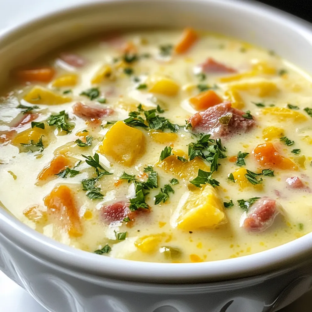 To make creamy Reuben soup, gather these ingredients: - 1 tablespoon olive oil - 1 medium onion, diced - 2 cloves garlic, minced - 1 medium carrot, diced - 2 stalks celery, diced - 1 cup sauerkraut, drained and rinsed - 4 cups low-sodium chicken broth - 1 cup heavy cream - 1 cup corned beef, chopped - 1 teaspoon caraway seeds - 1 tablespoon Worcestershire sauce (ensure it's alcohol-free) - Salt and pepper to taste - 1 cup shredded Swiss cheese - Fresh parsley for garnish You can tweak the soup to fit your taste. Here are some ideas: - Add a dash of hot sauce for heat. - Substitute turkey or ham for corned beef. - Use vegetable broth instead of chicken broth for a vegetarian twist. - Swap Swiss cheese for cheddar or Gouda for a different flavor. Each serving of creamy Reuben soup offers a hearty meal. Here’s a rough breakdown: - Calories: 450 - Protein: 20g - Carbohydrates: 25g - Fat: 30g - Fiber: 2g - Sodium: 800mg This soup is rich and filling, perfect for a cozy meal. Adjust the ingredients to meet your dietary needs while keeping the flavors intact. {{ingredient_image_1}} First, gather all your ingredients. You need: - 1 tablespoon olive oil - 1 medium onion, diced - 2 cloves garlic, minced - 1 medium carrot, diced - 2 stalks celery, diced - 1 cup sauerkraut, drained and rinsed - 4 cups low-sodium chicken broth - 1 cup heavy cream - 1 cup corned beef, chopped - 1 teaspoon caraway seeds - 1 tablespoon Worcestershire sauce - Salt and pepper to taste - 1 cup shredded Swiss cheese - Fresh parsley for garnish Chop the onion, carrot, and celery into small pieces. Mince the garlic. Rinse the sauerkraut and chop the corned beef. This prep helps your soup cook fast and taste great. Heat the olive oil in a large pot over medium heat. Add the diced onion, carrot, and celery. Sauté these vegetables for about 5 minutes until they soften. This step builds a nice base for flavor. Next, add the minced garlic and sauté it for 1 more minute. You will smell the garlic, and it will add a nice depth to the soup. Stir in the sauerkraut and pour in the chicken broth. Bring this delicious mix to a gentle simmer. Now, add in the chopped corned beef, caraway seeds, Worcestershire sauce, salt, and pepper. Let it all simmer for about 10 minutes. This lets the flavors come together nicely. After that, reduce the heat to low. Stir in the heavy cream and shredded Swiss cheese. Keep mixing until the cheese melts and the soup looks creamy. Taste it and adjust the salt and pepper if needed. Serve the soup hot in bowls. Top it with fresh parsley for color and flavor. This simple garnish makes it look nice and adds a fresh taste. You can enjoy this creamy Reuben soup with crusty bread or a light salad. It’s perfect for lunch or dinner, and everyone will love it! To boost the taste of your Creamy Reuben Soup, use fresh ingredients. Fresh herbs like thyme or dill can add depth. A splash of hot sauce can bring heat. Adding a squeeze of lemon juice brightens the flavors. Don't forget to season with salt and pepper. Taste along the way to find your perfect balance. For a smooth, creamy texture, stir the soup gently as you heat it. Add the heavy cream slowly after reducing the heat. This helps prevent curdling. Use full-fat Swiss cheese for the best melt. Make sure to mix until the cheese is fully incorporated. If you want a thicker soup, blend a portion and mix it back in. Avoid overcooking the soup after adding cream. This can cause the soup to separate. Also, don’t skip rinsing the sauerkraut; it helps reduce excess salt. If you add too much Worcestershire sauce, taste it first. You may need to adjust other seasonings. Lastly, always taste your soup before serving to ensure it meets your flavor goals. Pro Tips Use Fresh Ingredients: Fresh vegetables and high-quality corned beef enhance the flavor of your soup significantly. Control the Thickness: If you prefer a thicker soup, let it simmer longer or add a bit of cornstarch mixed with water to achieve your desired consistency. Cheese Variations: Experiment with different types of cheese like Gruyère or a mix of cheeses for a unique flavor twist. Storage Tips: Store leftovers in an airtight container in the refrigerator for up to 3 days. Reheat slowly on the stove for the best texture. {{image_2}} You can easily make a vegetarian version of Reuben soup. Start by leaving out the corned beef. Use extra veggies instead, like mushrooms or zucchini. You can also add diced potatoes for heartiness. Replace the chicken broth with vegetable broth for a full veggie flavor. Use a plant-based cream to keep it creamy. A little smoked paprika can add depth and mimic that smoky taste. To make a low-fat Reuben soup, switch the heavy cream for low-fat milk or a milk alternative. You can also use less cheese or choose a low-fat cheese. Use a leaner cut of beef, or skip the meat altogether. Focus on adding more vegetables to keep it filling. The soup will still taste great without all the fat. If you want to try different proteins, consider using turkey or chicken instead of corned beef. Shredded pulled pork works well too. For a plant-based option, try adding tofu or tempeh. These alternatives can soak up the flavors of the soup. Each choice brings a different taste to the dish while keeping it delicious. To store leftover Creamy Reuben Soup, let it cool down first. Use an airtight container. Place the soup in the container. Store it in the fridge for up to three days. Make sure to label the container with the date. This helps you keep track of freshness. You can freeze Creamy Reuben Soup for longer storage. First, let it cool completely. Pour the soup into freezer-safe bags or containers. Remove as much air as you can. Label them with the date. It can stay frozen for about three months. When you’re ready to eat, thaw it in the fridge overnight. When it's time to enjoy your soup again, reheat it gently. Pour the soup into a pot over low heat. Stir it often to avoid sticking. If it seems too thick, add a splash of broth or cream. Heat until it’s hot throughout. Serve it fresh, just like the first time! You can use pastrami, turkey, or even tofu. Pastrami brings a similar flavor. Turkey offers a lighter option. Tofu keeps it plant-based and adds protein. Each choice gives a unique twist to the soup. Yes, you can make this soup ahead. Just store it in the fridge. It stays fresh for up to three days. Reheat it on the stove over low heat. Stir it well to blend the flavors. To serve more people, double the recipe's ingredients. Use a larger pot for cooking. Keep the same cooking times to blend the flavors well. You can also serve it with extra bread for a fuller meal. This blog post covered all you need for a tasty Creamy Reuben Soup. We explored the ingredients, cooking steps, and variations to suit your taste. I shared tips for a rich flavor and a creamy texture. Plus, we discussed how to store leftovers and answered common questions. With this knowledge, you can create a delicious, customizable soup that suits your needs perfectly. Enjoy your cooking adventure and make your delicious soup today!