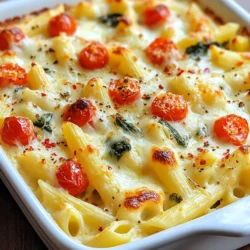 To make this creamy and tasty pasta bake, gather these items: - 300g penne pasta - 200g cream cheese - 1 cup shredded mozzarella cheese - 1 cup cherry tomatoes, halved - 1 cup spinach leaves - 1/2 cup grated Parmesan cheese - 3 cloves garlic, minced - 1 teaspoon Italian seasoning - 1/2 teaspoon red pepper flakes (optional) - Salt and pepper to taste - 2 tablespoons olive oil You can swap some ingredients if needed. Try these options: - Use any pasta shape you like, such as fusilli or rigatoni. - Swap cream cheese with ricotta or cottage cheese for a different flavor. - Replace mozzarella with cheddar cheese for a sharper taste. - If you don’t have cherry tomatoes, use diced regular tomatoes instead. - For a green touch, add kale or broccoli instead of spinach. Fresh ingredients make a big difference. Here are some tips: - Choose firm, bright cherry tomatoes. They should feel heavy for their size. - Look for spinach leaves that are vibrant and crisp, not wilted. - Check cream cheese for freshness; it should be smooth and creamy. - Select pasta with no cracks or breaks in the shape. - When buying garlic, pick bulbs that are firm and dry without soft spots. {{ingredient_image_1}} Start by preheating your oven to 375°F (190°C). This makes sure your pasta bake cooks evenly. Cook 300g of penne pasta according to the package instructions. You want it to be al dente, which means it should still have a little bite. Drain the pasta and set it aside. In a large skillet, heat 2 tablespoons of olive oil over medium heat. Once hot, add 3 cloves of minced garlic. Sauté the garlic for about 1 minute until it smells great. Next, add 1 cup of halved cherry tomatoes and 1 cup of spinach leaves. Cook this mixture for 2 to 3 minutes. You want the spinach to wilt and the tomatoes to soften. In a large mixing bowl, combine the cooked penne, 200g of cream cheese, and half of the 1 cup of shredded mozzarella cheese. Add in the sautéed tomato and spinach mix. Stir it all together until everything is well mixed. Season the mixture with 1 teaspoon of Italian seasoning, ½ teaspoon of red pepper flakes (if you like heat), salt, and pepper to taste. Mix well to ensure the flavors blend nicely. Transfer the pasta mixture into a greased baking dish. Spread it out evenly. Now, sprinkle the remaining mozzarella cheese and ½ cup of grated Parmesan cheese over the top. Bake in the preheated oven for 25 to 30 minutes. You know it’s ready when the cheese is bubbly and golden brown. Once done, take it out and let it cool for a few minutes before serving. Enjoy your creamy and flavorful dish! To get the best creaminess in your Cream Cheese Pasta Bake, start with softened cream cheese. This helps it mix well with other ingredients. You want a smooth and creamy sauce. If it feels too thick, add a splash of pasta water. This water is starchy and helps blend everything nicely. Mixing in half of the mozzarella cheese also boosts creaminess. It melts well and adds a lovely texture. You can easily change this dish for different diets. For a vegan option, swap cream cheese with a plant-based cream cheese. Use vegan mozzarella as well. If you want a gluten-free version, try gluten-free penne pasta. You can also add more veggies like bell peppers or zucchini. This keeps the dish colorful and tasty, while still being healthy. Leftovers from this pasta bake can be a treat. You can mix them into a salad for a quick lunch. Just chop some greens and toss them with the pasta. Another idea is to make a pasta soup. Add broth and some extra veggies to warm it up. You can also use the leftovers for stuffed peppers. Just fill the peppers with the pasta mix and bake until the peppers are tender. This gives you a whole new meal with little effort! Pro Tips Use Fresh Ingredients: Fresh spinach and ripe cherry tomatoes will enhance the flavor of your pasta bake, making it more vibrant and delicious. Customize Your Cheese: Feel free to mix in different types of cheese like feta or gouda for a unique twist on the classic cheesy flavor. Add Protein: Incorporate cooked chicken, sausage, or beans to add extra protein and make the dish more filling. Perfect the Bake: Keep an eye on the pasta bake while it’s in the oven; cover it with foil if the cheese is browning too quickly to ensure it bakes evenly. {{image_2}} You can easily add protein to this dish. Cooked chicken, sausage, or shrimp work well. Just chop them into small pieces. Mix them in with the pasta for added flavor. You can also use canned tuna or chickpeas for a quick option. They add protein and keep the dish filling. If you want a vegetarian twist, use different veggies. Try bell peppers, zucchini, or mushrooms. They add great taste and color. You can also use more spinach or kale. They keep it healthy and flavorful. Just sauté them with garlic before mixing with pasta. To boost the flavor, add fresh herbs like basil or parsley. They add a bright taste. You can also use lemon zest for a fresh kick. For a spicy touch, more red pepper flakes can help. If you like cheese, add more Parmesan on top before baking. Each of these options makes your dish unique and tasty. To store leftovers, let the dish cool first. Use an airtight container. Place the pasta bake in the container. Make sure to cover it well. This keeps the flavors fresh. You can store it in the fridge for 3 to 5 days. When ready to eat, preheat your oven to 350°F (175°C). Place the pasta bake in an oven-safe dish. Add a splash of water or milk to keep it moist. Cover it with foil to prevent drying out. Bake for about 15 to 20 minutes. You can also use the microwave. Heat it in short bursts, stirring in between. To freeze, let the dish cool completely. Use freezer-safe containers or bags. Divide the pasta bake into portions. This makes it easy to thaw later. Label the containers with the date. You can freeze it for up to 3 months. To reheat, thaw overnight in the fridge. Then, bake as mentioned above. Yes, you can use any pasta you like. Penne works well, but you can try rotini, fusilli, or even shells. Just cook the pasta until it's al dente. This way, it will hold up well during baking. Different shapes add fun and texture to your dish. To spice things up, add red pepper flakes. Start with half a teaspoon and adjust to your taste. You can also include diced jalapeños or a dash of hot sauce. These additions give your dish a nice kick. This dish pairs well with a fresh green salad. A simple side salad with lettuce, cucumbers, and a light dressing works great. Garlic bread is another tasty option. It complements the creamy sauce and adds crunch. Check for bubbly cheese and a golden top. Bake for about 25-30 minutes at 375°F (190°C). You can also insert a knife in the center. If it comes out hot, your dish is ready. Let it cool before serving. Enjoy your creamy delight! This blog post covered everything you need for a perfect cream cheese pasta bake. We discussed key ingredients, step-by-step cooking, and clever storage tips. You learned how to select fresh items and substitute effectively. Remember, you can add protein or go vegetarian based on your needs. Don't forget to use leftovers in creative ways. With these tips, you’ll make a tasty dish that everyone loves! Enjoy your cooking!