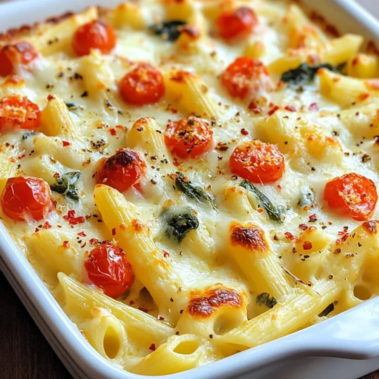 To make this creamy and tasty pasta bake, gather these items: - 300g penne pasta - 200g cream cheese - 1 cup shredded mozzarella cheese - 1 cup cherry tomatoes, halved - 1 cup spinach leaves - 1/2 cup grated Parmesan cheese - 3 cloves garlic, minced - 1 teaspoon Italian seasoning - 1/2 teaspoon red pepper flakes (optional) - Salt and pepper to taste - 2 tablespoons olive oil You can swap some ingredients if needed. Try these options: - Use any pasta shape you like, such as fusilli or rigatoni. - Swap cream cheese with ricotta or cottage cheese for a different flavor. - Replace mozzarella with cheddar cheese for a sharper taste. - If you don’t have cherry tomatoes, use diced regular tomatoes instead. - For a green touch, add kale or broccoli instead of spinach. Fresh ingredients make a big difference. Here are some tips: - Choose firm, bright cherry tomatoes. They should feel heavy for their size. - Look for spinach leaves that are vibrant and crisp, not wilted. - Check cream cheese for freshness; it should be smooth and creamy. - Select pasta with no cracks or breaks in the shape. - When buying garlic, pick bulbs that are firm and dry without soft spots. {{ingredient_image_1}} Start by preheating your oven to 375°F (190°C). This makes sure your pasta bake cooks evenly. Cook 300g of penne pasta according to the package instructions. You want it to be al dente, which means it should still have a little bite. Drain the pasta and set it aside. In a large skillet, heat 2 tablespoons of olive oil over medium heat. Once hot, add 3 cloves of minced garlic. Sauté the garlic for about 1 minute until it smells great. Next, add 1 cup of halved cherry tomatoes and 1 cup of spinach leaves. Cook this mixture for 2 to 3 minutes. You want the spinach to wilt and the tomatoes to soften. In a large mixing bowl, combine the cooked penne, 200g of cream cheese, and half of the 1 cup of shredded mozzarella cheese. Add in the sautéed tomato and spinach mix. Stir it all together until everything is well mixed. Season the mixture with 1 teaspoon of Italian seasoning, ½ teaspoon of red pepper flakes (if you like heat), salt, and pepper to taste. Mix well to ensure the flavors blend nicely. Transfer the pasta mixture into a greased baking dish. Spread it out evenly. Now, sprinkle the remaining mozzarella cheese and ½ cup of grated Parmesan cheese over the top. Bake in the preheated oven for 25 to 30 minutes. You know it’s ready when the cheese is bubbly and golden brown. Once done, take it out and let it cool for a few minutes before serving. Enjoy your creamy and flavorful dish! To get the best creaminess in your Cream Cheese Pasta Bake, start with softened cream cheese. This helps it mix well with other ingredients. You want a smooth and creamy sauce. If it feels too thick, add a splash of pasta water. This water is starchy and helps blend everything nicely. Mixing in half of the mozzarella cheese also boosts creaminess. It melts well and adds a lovely texture. You can easily change this dish for different diets. For a vegan option, swap cream cheese with a plant-based cream cheese. Use vegan mozzarella as well. If you want a gluten-free version, try gluten-free penne pasta. You can also add more veggies like bell peppers or zucchini. This keeps the dish colorful and tasty, while still being healthy. Leftovers from this pasta bake can be a treat. You can mix them into a salad for a quick lunch. Just chop some greens and toss them with the pasta. Another idea is to make a pasta soup. Add broth and some extra veggies to warm it up. You can also use the leftovers for stuffed peppers. Just fill the peppers with the pasta mix and bake until the peppers are tender. This gives you a whole new meal with little effort! Pro Tips Use Fresh Ingredients: Fresh spinach and ripe cherry tomatoes will enhance the flavor of your pasta bake, making it more vibrant and delicious. Customize Your Cheese: Feel free to mix in different types of cheese like feta or gouda for a unique twist on the classic cheesy flavor. Add Protein: Incorporate cooked chicken, sausage, or beans to add extra protein and make the dish more filling. Perfect the Bake: Keep an eye on the pasta bake while it’s in the oven; cover it with foil if the cheese is browning too quickly to ensure it bakes evenly. {{image_2}} You can easily add protein to this dish. Cooked chicken, sausage, or shrimp work well. Just chop them into small pieces. Mix them in with the pasta for added flavor. You can also use canned tuna or chickpeas for a quick option. They add protein and keep the dish filling. If you want a vegetarian twist, use different veggies. Try bell peppers, zucchini, or mushrooms. They add great taste and color. You can also use more spinach or kale. They keep it healthy and flavorful. Just sauté them with garlic before mixing with pasta. To boost the flavor, add fresh herbs like basil or parsley. They add a bright taste. You can also use lemon zest for a fresh kick. For a spicy touch, more red pepper flakes can help. If you like cheese, add more Parmesan on top before baking. Each of these options makes your dish unique and tasty. To store leftovers, let the dish cool first. Use an airtight container. Place the pasta bake in the container. Make sure to cover it well. This keeps the flavors fresh. You can store it in the fridge for 3 to 5 days. When ready to eat, preheat your oven to 350°F (175°C). Place the pasta bake in an oven-safe dish. Add a splash of water or milk to keep it moist. Cover it with foil to prevent drying out. Bake for about 15 to 20 minutes. You can also use the microwave. Heat it in short bursts, stirring in between. To freeze, let the dish cool completely. Use freezer-safe containers or bags. Divide the pasta bake into portions. This makes it easy to thaw later. Label the containers with the date. You can freeze it for up to 3 months. To reheat, thaw overnight in the fridge. Then, bake as mentioned above. Yes, you can use any pasta you like. Penne works well, but you can try rotini, fusilli, or even shells. Just cook the pasta until it's al dente. This way, it will hold up well during baking. Different shapes add fun and texture to your dish. To spice things up, add red pepper flakes. Start with half a teaspoon and adjust to your taste. You can also include diced jalapeños or a dash of hot sauce. These additions give your dish a nice kick. This dish pairs well with a fresh green salad. A simple side salad with lettuce, cucumbers, and a light dressing works great. Garlic bread is another tasty option. It complements the creamy sauce and adds crunch. Check for bubbly cheese and a golden top. Bake for about 25-30 minutes at 375°F (190°C). You can also insert a knife in the center. If it comes out hot, your dish is ready. Let it cool before serving. Enjoy your creamy delight! This blog post covered everything you need for a perfect cream cheese pasta bake. We discussed key ingredients, step-by-step cooking, and clever storage tips. You learned how to select fresh items and substitute effectively. Remember, you can add protein or go vegetarian based on your needs. Don't forget to use leftovers in creative ways. With these tips, you’ll make a tasty dish that everyone loves! Enjoy your cooking!