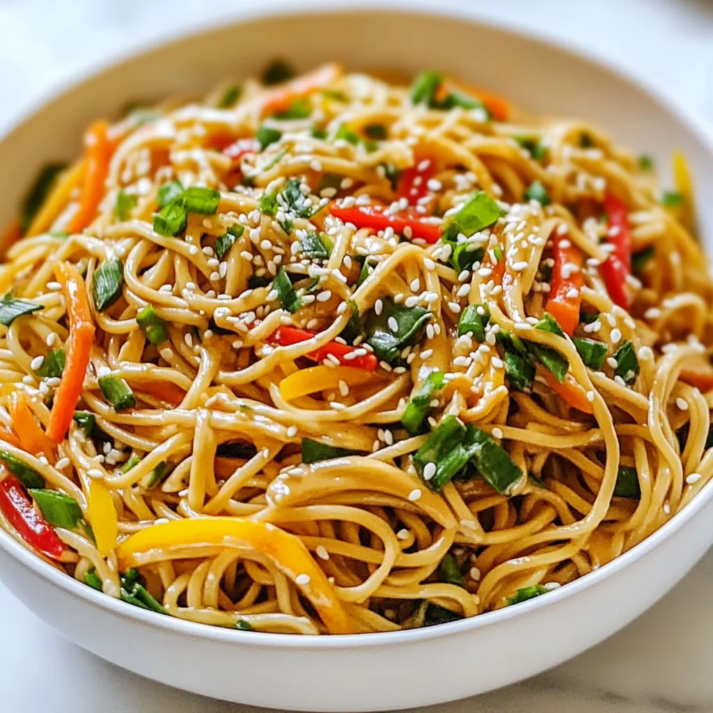 - 8 oz. soba noodles (or thin pasta) - 1/4 cup creamy peanut butter - 2 tablespoons soy sauce - 2 tablespoons sesame oil - 1 tablespoon rice vinegar - 1 tablespoon honey or maple syrup - 1 clove garlic, minced - 1 teaspoon grated fresh ginger - 1/2 cup chopped scallions (green onions) - 1 cup shredded carrots - 1/2 cup sliced red bell pepper - 1/4 cup chopped fresh cilantro (optional) - Sesame seeds for garnish - Salt and pepper to taste Gathering fresh ingredients makes cooking fun and easy. I love using soba noodles for this dish. They add a nice texture and flavor. You can also use any thin pasta if you prefer. Creamy peanut butter gives the sauce a rich taste. Soy sauce and sesame oil provide that umami kick. Rice vinegar adds a hint of tanginess, while honey or maple syrup brings in some sweetness. Don’t forget the garlic and fresh ginger; they add depth. Scallions give a nice crunch, and shredded carrots offer color and nutrition. Sliced red bell pepper adds more crunch and sweetness. If you like, sprinkle fresh cilantro on top for a fresh taste. Sesame seeds can also make your dish look pretty. Lastly, be sure to have salt and pepper on hand for seasoning. With these ingredients, you create a vibrant and tasty meal. Each one plays a role in making chilled sesame peanut noodles a hit. {{ingredient_image_1}} To start, prepare a large pot of salted boiling water. The salt adds flavor to the noodles. I usually use about 1 tablespoon of salt for a big pot. Next, add the soba noodles to the boiling water. Cook them according to the package instructions, which is about 4-5 minutes. Once done, drain the noodles and rinse them under cold water. This stops the cooking process and keeps them firm. Set the noodles aside for later. Now, let's make the peanut sauce. In a medium bowl, whisk together the following ingredients: - 1/4 cup creamy peanut butter - 2 tablespoons soy sauce - 2 tablespoons sesame oil - 1 tablespoon rice vinegar - 1 tablespoon honey or maple syrup - 1 clove garlic, minced - 1 teaspoon grated fresh ginger Continue whisking until the mixture is smooth. If your sauce feels too thick, add a little warm water. Just a tablespoon at a time until you reach your desired consistency. In a large mixing bowl, combine the cooled soba noodles with the peanut sauce. Make sure every noodle gets coated. This step is key to flavor. Next, add in the veggies: - 1/2 cup chopped scallions - 1 cup shredded carrots - 1/2 cup sliced red bell pepper Gently toss everything together. You want a nice mix, but be careful not to break the noodles. Now, it’s time to chill. Cover the bowl with plastic wrap or a lid. Place it in the refrigerator for at least 30 minutes to an hour. This chilling step helps the flavors meld and improves the taste of the dish. When you’re ready to serve, give the noodles a good toss. Season with salt and pepper to taste. For a nice touch, plate the noodles in a large bowl or on individual plates. Garnish with sesame seeds and chopped cilantro if you like. Extra lime wedges on the side add a fresh kick. Enjoy! To avoid overcooked noodles, watch your cooking time closely. For soba noodles, cook them for just 4-5 minutes. Test a noodle before draining. It should be tender yet firm. After draining, rinse them under cold water. This stops the cooking process and keeps them from sticking together. You can boost the flavor of your chilled sesame peanut noodles with some extra spices. Try adding a pinch of red pepper flakes for heat. A splash of lime juice adds brightness. You may also mix in a bit of sriracha for a spicy kick. For a richer taste, consider using toasted sesame oil instead of regular sesame oil. Pair these noodles with grilled chicken or shrimp for a hearty meal. You can also serve them with a side of crispy spring rolls. For a fresh twist, add a simple cucumber salad. This adds crunch and balances the creamy peanut sauce. Enjoy your noodles in a big bowl or on individual plates for a nice touch. Pro Tips Perfectly Cooked Noodles: Be sure to follow the package instructions for cooking time to avoid overcooking the soba noodles. They should be al dente for the best texture. Adjusting Sauce Consistency: If your peanut sauce is too thick, gradually add warm water, one tablespoon at a time, until it reaches your desired creamy consistency. Veggie Variations: Feel free to customize your vegetable mix! Add in edamame, cucumber, or snap peas for extra crunch and flavor. Flavor Enhancements: For an extra burst of flavor, consider adding a splash of lime juice or a sprinkle of red pepper flakes to the dish before serving. {{image_2}} You can switch out the noodles for other types. Try rice noodles or whole wheat pasta. These options keep the dish tasty and fresh. If you want a gluten-free meal, use rice noodles. They work great and taste wonderful. For a vegan version, replace honey with maple syrup. This keeps the sweetness without using animal products. You can also use almond butter instead of peanut butter for a new twist. Adding protein makes the dish more filling. You can toss in grilled chicken, shrimp, or cubes of tofu. These proteins blend well with the sauce. They also add more taste and texture. You can add extra veggies too. Try snap peas, cucumbers, or even sliced radishes. These not only add crunch but also bring more color to your plate. Different cultures offer unique flavors. For a Thai twist, add lime juice and crushed peanuts. This gives a fresh and zesty kick. If you want an Asian flair, mix in hoisin sauce or sesame seeds. These add depth and richness to the dish. Try experimenting with these ideas. You might discover a new favorite version of chilled sesame peanut noodles! To keep your chilled sesame peanut noodles fresh, store leftovers in an airtight container. This helps reduce exposure to air, which can spoil food. Make sure to let the noodles cool to room temperature before sealing them. This avoids steam buildup, which can make the noodles soggy. You can safely store these noodles in the fridge for up to four days. If you want to save some noodles for later, freezing is a good choice. First, prepare the noodles and sauce as usual. Allow the dish to cool completely. Then, divide it into portions and place them in freezer-safe bags or containers. Make sure to remove as much air as possible. When you're ready to eat, thaw the noodles overnight in the fridge. To reheat, you can toss them in a pan over low heat or microwave them for a quick meal. Chilled sesame peanut noodles can last about four days in the fridge. If you freeze them, expect them to stay fresh for up to three months. After that, the quality may decline, but they will still be safe to eat. Always check for any off smells or changes in color before consuming. To enjoy the best flavor and texture, aim to eat your leftovers within these time frames. To add heat, you can use chili oil or crushed red pepper flakes. Start with a small amount, then add more if you like it hotter. You can also mix in some sriracha or sambal oelek into the sauce. Each of these options brings a unique flavor and heat to the dish. Yes! To make this dish vegan, swap the honey for maple syrup. This keeps the sweetness and makes it plant-based. Also, check that your soy sauce is vegan. Most brands are, but it’s always good to verify. These noodles pair well with fresh spring rolls or a simple cucumber salad. You can also serve them with grilled chicken or tofu for extra protein. A side of edamame adds a nice crunch too. To change the number of servings, simply multiply or divide the ingredient amounts. For example, if you need to double the recipe, just use 16 oz. of noodles and double the sauce ingredients. This makes it easy to scale for gatherings or meal prep. This blog post detailed a tasty recipe for chilled sesame peanut noodles. You learned about the key ingredients, step-by-step cooking, and helpful tips to perfect the dish. I shared ways to add your personal touch with variations and storage advice for leftovers. These noodles make a fast, tasty meal for any occasion. Experiment with flavors, enjoy your meal, and share it with friends. Happy cooking!