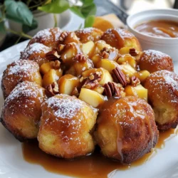 - 2 cans (16 oz each) refrigerated biscuit dough - 2 cups Granny Smith apples, peeled and diced - 1 cup brown sugar, packed - 1/2 cup granulated sugar - 1/2 cup unsalted butter, melted - 1 tablespoon ground cinnamon - 1 teaspoon vanilla extract - 1/2 cup caramel sauce (store-bought or homemade) To make Caramel Apple Monkey Bread, you need key ingredients for the best taste. The refrigerated biscuit dough is soft and fluffy, making it perfect for pulling apart. Granny Smith apples add tartness and crunch. Brown sugar gives a rich, caramel flavor, while granulated sugar enhances sweetness. Unsalted butter and vanilla extract bring everything together for a delicious aroma. - 1/2 cup chopped pecans - Powdered sugar for dusting You can also add chopped pecans for a nutty crunch. This gives more texture to the bread. Powdered sugar is great for dusting on top. It adds a sweet touch and makes the dish look pretty. You can choose between homemade or store-bought caramel sauce. Homemade sauce is fun to make and can taste fresher. Store-bought is quick and easy, perfect for busy days. Both options work well, so pick what suits you best! 1. First, preheat your oven to 350°F (175°C). This step is key for even cooking. 2. Grease a bundt pan with non-stick spray or butter. This keeps the bread from sticking. 3. In a small bowl, mix together the granulated sugar and ground cinnamon. Set this aside for later. 4. Open the cans of biscuit dough. Cut each biscuit into quarters. Roll each piece into a small ball. 1. In a large bowl, combine the diced Granny Smith apples, half of the cinnamon sugar mixture, and vanilla extract. Stir gently to mix. 2. Take a biscuit ball and roll it in the remaining cinnamon sugar. Layer it in the bottom of the greased bundt pan. 3. Continue layering until half of the biscuit balls are in the pan. 4. Add half of the apple mixture over the biscuit balls. Drizzle half of the melted butter on top. If you like, sprinkle with chopped pecans. 5. Repeat the layering with the rest of the biscuit balls and apple mixture. Finish with the melted butter on top. 1. Place the bundt pan in the preheated oven. Bake for 30-35 minutes. You want the top to be golden brown. 2. To check for doneness, insert a toothpick into the bread. If it comes out clean, it’s ready. 3. Once baked, let the monkey bread cool in the pan for about 10 minutes. This helps it firm up. 4. Invert the pan onto a serving plate. Carefully remove the bread. 5. Drizzle warm caramel sauce over the monkey bread. Dust with powdered sugar if you want. Enjoy! How to choose the best apples for flavor I recommend using Granny Smith apples for this recipe. They add a nice tartness that balances the sweet caramel. Look for firm apples with bright green skin. A fresh apple will give you the best taste and texture. If you prefer a sweeter flavor, you can mix in some Honeycrisp apples for variety. Tips for rolling biscuit dough balls evenly When rolling your biscuit dough, make sure to pinch off equal pieces. Each piece should be about the size of a golf ball. Roll them gently in your palms to form a smooth ball. This helps them cook evenly and makes the monkey bread look nice. If some are larger, they may not bake as well. Recommended caramel sauce brands For the best flavor, I suggest using a high-quality caramel sauce. Brands like Smucker's or Ghirardelli provide a rich, creamy taste. If you feel adventurous, try making your own sauce at home. It's simple and adds a personal touch to your dessert. Presentation tips for serving To serve, place the monkey bread on a large plate. Drizzle warm caramel sauce over the top for a beautiful finish. Dust with powdered sugar for a sweet touch. You can also add thin apple slices around the plate for color and freshness. This makes your dessert look inviting and fun to eat! {{image_2}} You can change up the flavors in your Caramel Apple Monkey Bread. Try different apples, like Honeycrisp or Fuji. These apples add sweetness and a nice crunch. Their flavors will change the taste of your dish. You can also add nuts or chocolate chips. If you want a nutty flavor, use chopped walnuts or almonds. If you love chocolate, sprinkle in some chocolate chips. They melt and create a rich flavor. Both options make your monkey bread even more fun! If you need a gluten-free option, look for gluten-free biscuit dough. Many brands offer this now. It makes the recipe safe for those with gluten allergies. For a vegan version, use plant-based butter. You can also find vegan biscuit dough in stores. Instead of caramel, use a vegan caramel sauce. This way, everyone can enjoy this sweet treat! To store leftover Caramel Apple Monkey Bread at room temperature, cover it with plastic wrap. This keeps the bread soft and prevents it from drying out. Make sure it is completely cool before wrapping. If you want to refrigerate it, place it in an airtight container. This helps maintain freshness for longer. For long-term storage, you can freeze the monkey bread. First, let it cool completely. Then wrap it tightly in foil or plastic wrap. Place it in a freezer bag to prevent freezer burn. It can last up to three months in the freezer. When you're ready to enjoy it, thaw it in the fridge overnight. To reheat, place it in a 350°F oven for about 15 to 20 minutes. This will help restore its soft texture and warm it through. If you want, drizzle more caramel sauce on top before serving. Can I make Caramel Apple Monkey Bread ahead of time? Yes, you can prepare it in advance. Make the monkey bread up to the point of baking. Cover it well and store it in the fridge overnight. When you're ready to bake, let it sit at room temperature for about 30 minutes. Then, bake it as per the recipe. This makes it easy for gatherings or busy days. How do I avoid soggy monkey bread? To prevent sogginess, avoid adding too much liquid. Use just enough melted butter to coat the dough. Also, make sure to bake it until golden brown. If it looks too wet when you take it out, it may need more time. Keep an eye on the baking time and do a toothpick test for doneness. What can I substitute for biscuit dough? If you want to switch it up, you can use croissant dough or puff pastry. Both will give a different texture but still taste great. Just make sure to cut them into similar sizes as the biscuit dough. You may need to adjust the baking time based on the dough you choose. Caramel Apple Monkey Bread brings joy to any table. This recipe is simple, fun, and tasty. You learned about key ingredients like biscuit dough, apples, and caramel. We explored preparation steps and tips for the perfect bake. Don't forget to try fun variations and storage ideas. Whether for a cozy night or a holiday gathering, this treat is sure to impress. Now, grab your ingredients, and start baking! You won't regret it.