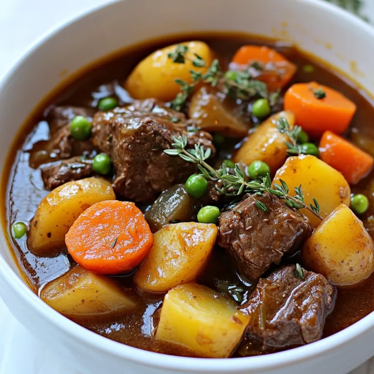 - 2 pounds beef chuck, cut into 1-inch cubes - 4 medium carrots, sliced into rounds - 3 medium potatoes, cubed - 1 large onion, chopped - 3 cloves garlic, minced - 4 cups beef broth - 2 tablespoons tomato paste - 2 tablespoons Worcestershire sauce - 1 teaspoon dried thyme - 1 teaspoon dried rosemary - 1 bay leaf - Salt and pepper to taste - 2 tablespoons olive oil - 1 cup frozen peas (added at the end) To make a great beef stew, you need good ingredients. The star is beef chuck. It has fat and flavor, making the stew rich. Cut it into 1-inch cubes for even cooking. Next, grab some carrots. They add sweetness and color. Slice them into rounds so they cook well. Potatoes are a must too. Use three medium ones, cubed, to soak up the broth. Onion and garlic bring depth to the dish. Chop one large onion and mince three garlic cloves. They will make your kitchen smell amazing. Now for the liquids! Four cups of beef broth create a savory base. Add two tablespoons of tomato paste for richness and color. Worcestershire sauce adds a tangy kick. Herbs and seasonings tie it all together. Use one teaspoon each of dried thyme and rosemary. A bay leaf adds more flavor. Don’t forget to season with salt and pepper. Lastly, two tablespoons of olive oil will help brown the beef. Add one cup of frozen peas at the end for a burst of color and sweetness. With these ingredients, you can create a hearty dish that warms the soul. {{ingredient_image_1}} First, season the beef cubes with salt and pepper. This step adds flavor. Next, heat olive oil in a large skillet over medium-high heat. When the oil is hot, add the beef in batches. Brown the pieces for about five minutes. This caramelizes the beef and builds flavor. Once done, transfer the browned beef to your slow cooker. In the same skillet, add the chopped onion and minced garlic. Sauté them for about two to three minutes. You want them to become fragrant and translucent. This step makes your stew taste amazing. After that, transfer the cooked onion and garlic to the slow cooker. Now it's time to layer the vegetables. Add the sliced carrots and cubed potatoes on top of the beef and onion in the slow cooker. This order helps the flavors mix well. Next, in a separate bowl, whisk together the beef broth, tomato paste, Worcestershire sauce, thyme, rosemary, and bay leaf. Pour this mixture over the beef and vegetables in the slow cooker. Set your slow cooker to low for eight hours or high for four to five hours. The low setting makes the beef super tender. The high setting works, but you may lose some tenderness. Either way, cook until the beef is soft and the vegetables are cooked through. About thirty minutes before serving, add the frozen peas to the slow cooker. Stir gently to mix them in. This adds a nice pop of color and flavor. Finally, remove the bay leaf. Taste your stew and adjust the seasoning if needed. Enjoy your hearty meal! To boost the taste, you can adjust the seasoning. Add more salt and pepper if needed. You can also mix in a bit of paprika or cayenne for a kick. Fresh herbs bring bright flavors. If you use fresh thyme or rosemary, chop them finely and add them near the end of cooking. Dried herbs work well, too, but add them earlier for a deeper flavor. You want the beef to be tender, so browning is key. This step adds flavor and helps the beef stay juicy. After cooking, it should fall apart easily. For the vegetables, you want them cooked but not mushy. Carrots and potatoes should hold their shape. Cut them into even pieces for consistent cooking. Don't overfill your slow cooker. Leave some space at the top to let steam escape. This helps everything cook evenly. If you use a tougher cut of beef, add extra cooking time. Cuts like brisket need longer, while tender cuts like sirloin cook faster. Always check for doneness before serving. Pro Tips Sear the Beef: For maximum flavor, make sure to sear the beef until it’s deeply browned. This caramelization adds a rich depth to your stew. Layer Wisely: When layering ingredients in the slow cooker, place denser vegetables like potatoes and carrots at the bottom for even cooking. Enhance Flavor: Add a splash of red wine to the broth mixture for an extra layer of flavor that complements the beef beautifully. Thicken the Stew: If you prefer a thicker stew, mix a tablespoon of cornstarch with cold water and stir it in during the last 30 minutes of cooking. {{image_2}} You can easily switch up some ingredients in this beef stew. If you want to explore, try different vegetables. Instead of carrots and potatoes, use sweet potatoes, parsnips, or even turnips. These will add unique flavors and textures. You can also add bell peppers or mushrooms for a fun twist. When it comes to the beef, beef chuck is great, but you can use other cuts. Brisket or round steak also works well. Just remember that tougher cuts need longer cooking times. If you use lean cuts, cook for less time to keep them tender. If you need gluten-free options, skip the Worcestershire sauce, as some brands contain gluten. You can replace it with coconut aminos or a homemade mix of soy sauce and vinegar. This keeps the flavor profile while making it safe for gluten-sensitive diets. For low-carb or keto-friendly versions, replace potatoes with cauliflower. Simply mash it or cut it into chunks. This keeps the stew hearty without the carbs. You can also add more green beans or zucchini for extra veggies without the carbs. To add a twist to your stew, play with spices. Try adding smoked paprika or cumin for a warm flavor. You can also mix in a dash of hot sauce for some heat. For international flair, consider adding soy sauce for an Asian twist. You might also include herbs like cilantro or basil. Another option is to use curry powder for a unique taste. This lets you enjoy a different version of hearty slow cooker beef stew. You can keep hearty slow cooker beef stew in the fridge for about 3 days. Be sure to store it in a tight container to keep it fresh. Let the stew cool before sealing the container. This helps avoid steam build-up, which can make the stew soggy. Freezing is a great option if you want to save some stew for later. Use freezer-safe containers or heavy-duty freezer bags. Make sure to leave some space at the top of the container. This allows the stew to expand as it freezes. When you’re ready to eat it, move the stew to the fridge to defrost overnight. For quicker results, you can use the microwave. Just make sure to stir it often while reheating. To keep the stew's flavor and texture, reheat it on the stove over low heat. Stir it gently to avoid sticking. You can also use a microwave-safe bowl if you prefer that method. Heat in short bursts, stirring in between. Aim for portion sizes of about one cup. This is perfect for a meal and makes it easy to reheat just what you need. Yes, you can cook beef stew on high. It takes about 4 to 5 hours. This is shorter than cooking on low, which takes about 8 hours. Cooking on high can work well if you’re short on time. Just make sure the beef is tender before serving. You have many great options for sides. Here are a few ideas: - Crusty bread for dipping. - Mashed potatoes to soak up the stew. - A fresh green salad for crunch. - Rice for a filling addition. - Steamed vegetables for color and nutrition. Yes, you can make this stew ahead of time. Store it in the fridge for up to 3 days. Reheat it on the stove or in the microwave. If you want to freeze it, place it in a safe container. It can last for about 3 months in the freezer. Thaw overnight in the fridge before reheating. Absolutely! Beans and lentils add protein and fiber. You can add a can of beans or 1 cup of lentils. If you add lentils, toss them in during the last hour of cooking. This helps them cook just right without turning mushy. To thicken your stew, you can use a few methods: - Mix a tablespoon of cornstarch with water and stir it in. - Mash some of the potatoes in the stew. - Simmer the stew uncovered for the last 30 minutes. These methods will help you achieve a nice, thick consistency. This blog post showed you how to make a delicious slow cooker beef stew. You learned about key ingredients like beef chuck and vegetables. I explained step-by-step instructions for preparation, cooking time, and finishing touches. You discovered tips to enhance flavors and variations to customize your stew. Finally, I shared storage info for keeping your stew fresh. Now you can enjoy a hearty meal anytime. Go ahead, try it out, and savor every bite.