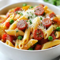 - 12 ounces kielbasa sausage, sliced - 12 ounces penne pasta - 1 medium onion, chopped - 1 bell pepper, diced - 3 cloves garlic, minced Kielbasa sausage gives this dish its rich flavor. Use any brand you like. Penne pasta holds the sauce well, making every bite delicious. Fresh vegetables, like onion and bell pepper, add color and crunch. - 1 can diced tomatoes (14.5 ounces), undrained - 4 cups vegetable broth - 1 teaspoon Italian seasoning Diced tomatoes add sweetness and acidity. The vegetable broth keeps the pasta moist. Italian seasoning brings all the flavors together. - 1/2 teaspoon red pepper flakes - 1 cup frozen peas - Grated Parmesan cheese for serving Red pepper flakes give a nice kick if you want spice. Frozen peas add a pop of color and sweetness. Parmesan cheese on top makes it creamy and rich. {{ingredient_image_1}} To start, heat one tablespoon of olive oil in a large pot over medium heat. Add the sliced kielbasa sausage to the pot. Cook it for about 4 to 5 minutes. You want it nicely browned. This browning makes the sausage tasty and gives it a nice texture. Once it's browned, take it out and set it aside. This simple step builds a great flavor base for the dish. Next, it's time for the veggies. In the same pot, add the chopped onion and diced bell pepper. Sauté these for about 3 to 4 minutes. You want them to soften up a bit. Then, stir in the minced garlic. Cook it for just one more minute. Garlic adds a wonderful aroma and flavor to the mix. Now, pour in the undrained diced tomatoes and the vegetable broth. Stir everything together well. Next, add the penne pasta along with one teaspoon of Italian seasoning and half a teaspoon of red pepper flakes if you like spice. Bring the mixture to a boil. Once it boils, reduce the heat to low. Cover the pot and let it simmer for 10 to 12 minutes. Stir occasionally until the pasta is al dente. In the last two minutes, add one cup of frozen peas and mix them in. Finally, return the browned kielbasa to the pot. Season with salt and pepper to taste. Let it sit for a couple of minutes to thicken before serving. Enjoy your one pot kielbasa pasta! To ensure your pasta is al dente, follow these steps: - Use a timer to keep track of cooking time. - Stir the pasta occasionally to prevent sticking. - Taste the pasta a minute before the time is up. It should be firm yet tender. Adjusting seasoning is key for great flavor. I always start with a little salt and pepper. As you cook, taste it often. Add more salt or pepper as needed. If you like spice, toss in more red pepper flakes. Garnishing with fresh parsley adds color and freshness. Simply chop the parsley and sprinkle it on top just before serving. Adding cheese can elevate your dish. Grated Parmesan cheese brings a rich flavor. You can mix it in or sprinkle it on top. Either way, it makes the meal shine. Prepping your ingredients in advance makes cooking smoother. Chop your veggies and slice the kielbasa before starting. It saves time and keeps you organized. Using a Dutch oven can boost efficiency. It heats evenly and holds heat well. You can cook everything in one pot, which saves on cleanup. This makes your cooking experience quicker and easier. Pro Tips Use High-Quality Kielbasa: Select a flavorful kielbasa for the best taste. Look for options that are naturally smoked for a rich, savory profile. Customize Your Veggies: Add other vegetables like zucchini or mushrooms for more flavor and nutrition. Just ensure they are cut to a similar size for even cooking. Adjust the Spice Level: Feel free to modify the amount of red pepper flakes based on your heat preference. Start with less and add more gradually! Let It Rest: Allow the dish to sit for a few minutes after cooking. This helps the sauce thicken, resulting in a creamier texture. {{image_2}} You can switch out the kielbasa for other types of sausage. Turkey sausage or chicken sausage works well. These swaps can lower fat and calories. You can also use plant-based sausage if you want a vegan option. Changing the pasta shape is another fun swap. Use rotini, farfalle, or even gluten-free pasta. Each shape holds sauce differently. This can change the dish's texture and flavor balance. Adding vegetables boosts flavor and nutrition. Spinach, zucchini, or bell peppers fit nicely. You can toss them in during the last few minutes of cooking. This will keep them fresh and crunchy. Experimenting with herbs and spices is a great way to enhance the flavor. Try fresh basil, oregano, or thyme. A sprinkle of smoked paprika can add a nice depth. Adjust spices based on your taste preferences. To make this dish gluten-free, swap the penne pasta for a gluten-free variety. Ensure the broth is also gluten-free. Many brands offer great options that taste just as good. For a vegan version, use plant-based sausage and vegetable broth. You can also skip the cheese or use a dairy-free alternative. This keeps the dish tasty while meeting dietary needs. To store leftovers properly, let the pasta cool first. Place it in an airtight container. It will stay fresh for up to three days in the fridge. Make sure to cover it well to keep the flavors locked in. If you want to eat it later, just grab it out when you're ready. For long-term storage, freeze the pasta once it cools. Use a freezer-safe container or a heavy-duty freezer bag. It can last up to three months in the freezer. Just label the container with the date. This way, you won’t forget when you made it. When you're ready to eat, it's best to thaw it overnight in the fridge. The best methods to reheat One Pot Kielbasa Pasta are either on the stove or in the microwave. If using the stove, add a splash of broth or water to a pot. Heat it gently, stirring until warm. If you choose the microwave, place it in a bowl with a little liquid. Cover it loosely and heat in short bursts, stirring in between. This keeps the flavors intact and brings back the taste! Yes, you can. Here are some great options: - Fusilli - Farfalle - Rotini - Spaghetti These shapes work well. Just remember to adjust the cooking time as needed. Each pasta may cook differently. To add heat, you can include: - More red pepper flakes - Sliced jalapeños - Hot sauce Start with a little. You can always add more as it cooks. Taste often to find your perfect spice level. Pair this dish with: - A fresh green salad - Garlic bread - Steamed broccoli - Roasted vegetables These sides create a balanced meal. They add color and nutrients to your plate. Enjoy your tasty, complete dinner! We explored how to make a tasty One Pot Kielbasa Pasta. You learned about main ingredients like kielbasa, penne, and fresh vegetables. I shared tips for cooking, storing, and serving this dish. Feel free to mix ingredients for your taste. Adjust to any diet needs too! Enjoy this fun cooking project, and create delicious meals your family will love.