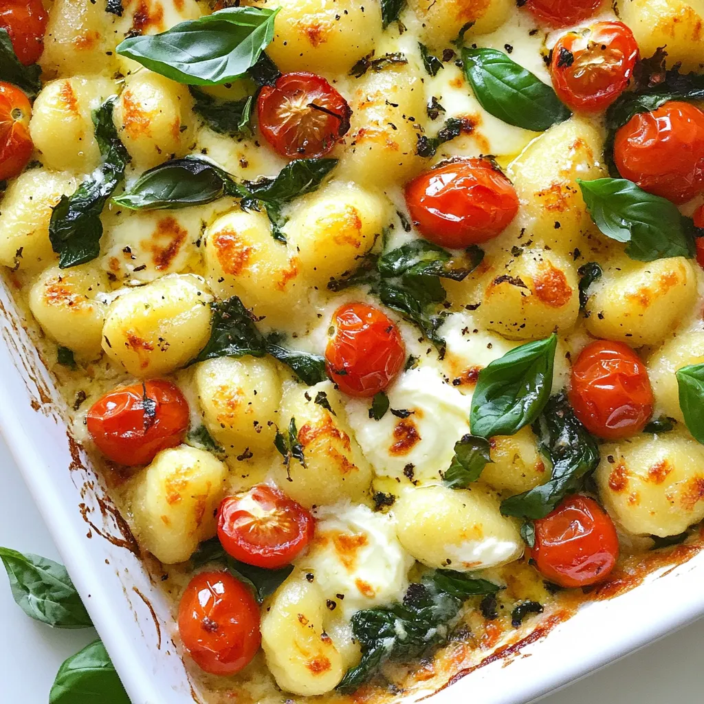 To make a tasty Gnocchi Tomato Bake, you will need: - 1 package (17 oz) potato gnocchi - 2 cups cherry tomatoes, halved - 2 cups fresh spinach - 1 cup ricotta cheese - 1 cup mozzarella cheese, shredded - ½ cup Parmesan cheese, grated - 3 cloves garlic, minced - 1 teaspoon dried oregano - 1 teaspoon dried basil - 2 tablespoons olive oil - Salt and pepper to taste - Fresh basil leaves for garnish (optional) You can make this dish your own with a few swaps. Use any gnocchi type, like whole wheat or gluten-free. If you don’t have cherry tomatoes, you can use canned diced tomatoes. Spinach can be replaced with kale or Swiss chard. Instead of ricotta, try cottage cheese or cream cheese. If you want a different taste, use feta or goat cheese instead of mozzarella. Fresh ingredients make a big difference in taste. Fresh spinach adds a vibrant color and a nice crunch. Juicy cherry tomatoes give a sweet burst of flavor. They also help to create a rich sauce as they bake. Fresh herbs, like basil, add a lovely aroma. Using fresh ingredients ensures your Gnocchi Tomato Bake is healthy and delicious. {{ingredient_image_1}} First, fill a large pot with water. Add salt and heat it to a boil. Once the water is boiling, add the potato gnocchi. Cook them until they float, which takes about 2-3 minutes. This shows they are done. Drain the gnocchi and set them aside. In a large bowl, combine halved cherry tomatoes and fresh spinach. Add minced garlic, dried oregano, and dried basil to the bowl. Drizzle olive oil over the top. Season with salt and pepper to your liking. Mix gently so you do not bruise the spinach. This mixture will bring flavor to your bake. Grab a baking dish and spread half of the gnocchi mixture on the bottom. Use a spoon to dollop half of the ricotta cheese over it. Next, sprinkle shredded mozzarella cheese on top. Repeat this with the rest of the gnocchi and ricotta. Finish with the remaining mozzarella and grated Parmesan cheese. Cover the dish with aluminum foil and place it in the oven. Bake for 20 minutes. After that, remove the foil and bake for another 10 minutes. Look for bubbly, golden cheese. Let it cool for a few minutes before serving. Enjoy! To make gnocchi that is soft and fluffy, follow these tips: - Use fresh potato gnocchi. It cooks quickly and tastes great. - Boil water with a bit of salt. This adds flavor as the gnocchi cooks. - Cook gnocchi until they float. This usually takes around 2-3 minutes. - Avoid overcooking. Overcooked gnocchi can become mushy. To get that perfect cheese melt, try these steps: - Use a mix of cheeses. Combining mozzarella and Parmesan gives great flavor and texture. - Layer cheese generously. Make sure to cover each layer well for a gooey result. - Bake covered first. This keeps moisture in. Remove the foil for the last 10 minutes to brown the cheese. When serving your gnocchi tomato bake, consider these ideas: - Pair with a crisp salad. A simple green salad adds freshness to the meal. - Serve with crusty bread. Bread is perfect for soaking up the delicious sauce. - Add a sprinkle of fresh basil. It adds color and flavor to your dish. - Enjoy with a glass of red wine. A light red wine complements the flavors well. Pro Tips Use Fresh Ingredients: Fresh spinach and ripe cherry tomatoes will enhance the flavor of your dish significantly. Customize Your Cheese: Feel free to mix different types of cheeses like feta or goat cheese for a unique twist. Don’t Skip the Herbs: Fresh herbs can be used instead of dried for a more vibrant flavor; just adjust the quantity as needed. Make Ahead: You can prepare this dish a day ahead and store it in the fridge; just bake it when you’re ready to serve. {{image_2}} You can easily boost flavor by adding meat. Ground beef or turkey works well. Just brown the meat in a pan before mixing it with the tomato and spinach. For a smoky taste, try adding cooked bacon bits or Italian sausage. These options add richness and extra protein to the dish. If you want a lighter dish, skip the meat. You can add more veggies instead. Try mushrooms, zucchini, or bell peppers for extra flavor. Roasted eggplant can also add a nice texture. If you need a protein source, consider chickpeas or lentils. They blend well with the gnocchi and keep it filling. Cheese is key to this dish, so feel free to mix and match. Besides ricotta, try goat cheese for a tangy twist. Feta cheese can add a salty bite that complements the tomatoes. For a creamier texture, use cream cheese instead of ricotta. You can also experiment with different types of mozzarella, like smoked or burrata, for a unique taste. To keep leftovers fresh, let the dish cool first. Place the gnocchi tomato bake in an airtight container. Store it in the fridge for up to three days. Make sure to cover it well. This helps keep the flavors intact and prevents drying out. When you're ready to enjoy leftovers, preheat your oven to 350°F (175°C). Transfer the gnocchi tomato bake to an oven-safe dish. Cover it with foil to keep it moist. Heat for about 15-20 minutes. If you want a crispy top, remove the foil for the last five minutes. If you want to freeze this dish, let it cool completely first. Then, place it in a freezer-safe container. You can also use freezer bags for easy storage. Make sure to label the bags with the date. This dish can last up to three months in the freezer. To reheat, thaw it in the fridge overnight. Then, bake it in the oven until warm. The best way to cook gnocchi is in boiling water. Use a large pot and add salt. Bring the water to a full boil. Add the gnocchi to the pot. Cook them until they float, which takes about 2-3 minutes. Once they float, they are ready. Drain them carefully to avoid breaking. Cooking gnocchi this way ensures they stay soft and fluffy. You can also sauté them in olive oil for a crispy finish afterward. This adds a nice texture and flavor to your dish. Yes, you can make this dish ahead of time. Prepare the gnocchi and the tomato mixture as usual. Layer them in the baking dish but don’t bake it right away. Cover the dish with foil or plastic wrap and store it in the fridge. You can keep it there for up to 24 hours. When you're ready to bake, just preheat your oven and remove the cover. Bake it as directed. This makes it easy to serve a warm meal for your family or guests. You can try many fun variations for this recipe. For meat lovers, adding cooked sausage or chicken is great. Just mix it in with the gnocchi and veggies. If you want a vegetarian twist, consider adding mushrooms or bell peppers. You can also experiment with different cheeses. Goat cheese or feta will add a nice tang. Swap out the ricotta for something creamier, like mascarpone. A sprinkle of chili flakes can give it a spicy kick. Let your taste guide you! In this post, we explored the best ingredients for gnocchi, plus how to prepare and bake it. I shared tips on cooking, serving, and even storage for leftovers. Remember, fresh ingredients change the dish. You can customize with meats or cheeses. This dish is flexible and forgiving, making it fun to make. Don't hesitate to try different variations. Cooking should be enjoyable, so jump in and create your perfect meal!