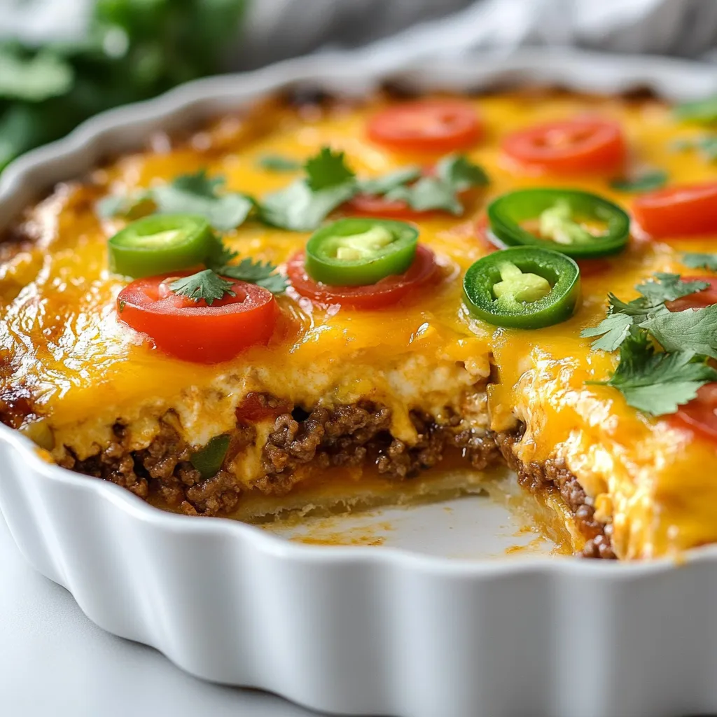 - 1 lb ground beef (or turkey/chicken) - 1 small onion, diced - 2 cloves garlic, minced - 1 bell pepper, diced (any color) - 1 can (14 oz) diced tomatoes, drained - 1 packet taco seasoning (or homemade blend) - 6 large eggs - 1 cup heavy cream - 1 cup shredded cheddar cheese - 1 cup shredded Monterey Jack cheese - Salt and pepper to taste - Fresh cilantro, for garnish - Sour cream, for serving (optional) - Jalapeños, sliced (optional for garnish) Each serving of Keto Crustless Taco Pie packs a punch. It contains about 360 calories, with 28 grams of fat and 28 grams of protein. You'll also get about 4 grams of carbs, which fits perfectly into a keto diet. This dish offers a good balance of nutrients while keeping carbs low. To make this dish, you need a few simple tools. Gather these items: - A large skillet for cooking the meat and vegetables - A 9-inch pie dish or baking dish for baking - A mixing bowl for combining the egg and cream - A whisk for mixing the egg mixture - A spatula for stirring and serving With these tools, you can easily prepare your Keto Crustless Taco Pie. Enjoy the flavors and the ease of this amazing recipe! {{ingredient_image_1}} Start by preheating your oven to 375°F (190°C). In a large skillet, cook 1 pound of ground beef over medium heat. Break it apart as it cooks. Once it is fully browned, drain any excess fat. Add 1 diced onion, 2 minced garlic cloves, and 1 diced bell pepper to the skillet. Sauté for about 5 minutes until the veggies are soft. Next, mix in 1 can of drained diced tomatoes and 1 packet of taco seasoning. Stir it all well and let it cook for 2-3 more minutes. Add salt and pepper to taste. In a separate bowl, whisk together 6 large eggs and 1 cup of heavy cream. Mix until they are well combined. This creamy blend will add richness to your taco pie. Grease a 9-inch pie dish. Spread the meat mixture evenly across the bottom. Then, pour the egg and cream mix over the meat. Top it off with equal amounts of 1 cup shredded cheddar cheese and 1 cup shredded Monterey Jack cheese. Bake in the oven for 30-35 minutes. The center should be set, and the top should look golden and bubbly. After baking, let it cool for about 10 minutes before slicing. Enjoy it with fresh cilantro, sour cream, and optional jalapeños for a spicy touch. When making Keto Crustless Taco Pie, avoid overcooking the meat. It can dry out. Get rid of excess fat from the meat to keep it light. Do not skip draining the diced tomatoes; soggy pie is not tasty. Ensure your eggs and cream are well mixed to avoid lumps. To enhance flavor, use a good taco seasoning. You can make your own with cumin, paprika, and chili powder. Adding more veggies can improve texture. Try using zucchini or mushrooms. Bake until the top is golden, and the center is set. Let it cool before slicing for easier serving. Serve your pie with fresh cilantro on top. A dollop of sour cream adds creaminess. For a spicy kick, add sliced jalapeños. Pair this dish with a simple salad for extra crunch and freshness. You can also serve it with avocado slices or a side of guacamole for extra flavor. Pro Tips Use Lean Meat: Opt for lean ground beef or turkey to reduce fat content while still enjoying great flavor. Customize Your Veggies: Feel free to add other vegetables like zucchini or mushrooms to boost nutrition and flavor. Let It Rest: Allow the pie to cool for about 10 minutes before slicing to help it set and maintain its shape. Cheese Variations: Experiment with different cheese combinations like pepper jack or feta for unique flavor profiles. {{image_2}} You can easily make this pie meat-free. Use 1 can of black beans instead of ground beef. Add chopped zucchini or spinach for extra color and nutrition. Feel free to mix in corn for a sweet touch. Make sure to adjust the taco seasoning to fit your taste. If you want to cut carbs, swap heavy cream with coconut cream. For cheese, try using a blend of nutritional yeast and vegan cheese. You can also replace the diced tomatoes with salsa for a fresh twist. These swaps keep the flavors bold without the carbs. To heat things up, add sliced jalapeños to the meat mixture. You can also sprinkle red pepper flakes before baking. For a smoky taste, try adding chipotle peppers in adobo sauce. These spicy additions give your pie a fun kick and make it even more delicious. After enjoying your Keto Crustless Taco Pie, let it cool. Place the leftovers in an airtight container. You can keep the pie in the fridge for up to four days. Make sure to slice it into wedges for easier storage. When you're ready to eat again, preheat your oven to 350°F (175°C). Place a slice of pie on a baking sheet. Heat it for about 15 minutes or until warm. You can also use the microwave for a quick option. Heat a slice for about one to two minutes. Just check it to avoid overheating. If you want to freeze the pie, let it cool completely first. Wrap it tightly in plastic wrap, then in foil. This way, you can keep it in the freezer for up to three months. To thaw, move it to the fridge overnight. You can then reheat it using the oven or microwave. This keeps the flavors and texture intact. Yes, you can make this dish ahead of time. I recommend cooking the meat mixture and letting it cool. Once cooled, place it in a container. You can store it in the fridge for up to three days. When you are ready to eat, mix the meat with the eggs and cream. Pour it into the dish and bake. This will save you time on busy days. You can use ground turkey or chicken instead of ground beef. Both options work well. They give a lighter taste but keep the dish tasty. If you want a vegetarian option, try using lentils or black beans. They will add protein and fiber. Just make sure to season them well for flavor. To make this dish dairy-free, swap the heavy cream for coconut cream or almond milk. Both options will keep the pie moist. You can also use dairy-free cheese. Look for brands that melt well for the best results. These swaps will help you enjoy the dish without dairy. You learned how to make a keto crustless taco pie. We covered our tasty ingredients, step-by-step instructions, and helpful tips. Explore fun variations and storage ideas to keep your meal fresh. Don’t forget to check the FAQs for common questions. Now, you can enjoy a flavorful, easy dish that fits your lifestyle. Remember to experiment with flavors and enjoy every bite! This pie is sure to please.