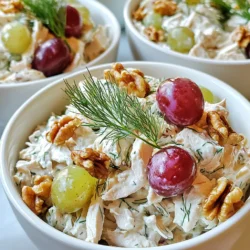 To make Greek yogurt chicken salad, you need: - 2 cups cooked chicken, shredded or diced - 1 cup Greek yogurt - 1 tablespoon Dijon mustard - 1 tablespoon honey - 1 tablespoon lemon juice - 1 cup celery, diced - 1 cup red grapes, halved - 1/2 cup walnuts, chopped - 2 tablespoons fresh dill, chopped - Salt and pepper to taste These simple, fresh ingredients create a tasty dish. The chicken gives protein, while Greek yogurt adds creaminess without the extra fat. I love how the Dijon mustard and honey balance each other. The lemon juice brightens the flavors, making each bite refreshing. You can customize your salad with these options: - Green onions, chopped - Apples, diced - Avocado, diced - Cucumber, diced Feel free to mix and match! Adding these ingredients can change the taste and texture. For instance, apples give a crunch, while avocado adds creaminess. Greek yogurt is not just tasty; it is also healthy. Here are some benefits: - High in protein - Low in fat - Packed with probiotics Protein helps you feel full longer. The low fat means you can enjoy it without guilt. Probiotics support gut health, which is great for overall well-being. Using Greek yogurt instead of mayo makes this salad lighter and brighter. {{ingredient_image_1}} To start, gather all your ingredients. You need two cups of cooked chicken. Shred or dice it into small pieces. In a large bowl, combine the Greek yogurt, Dijon mustard, honey, and lemon juice. Mix these until you get a smooth and creamy texture. This base is key to a tasty salad. Next, add the shredded chicken to the bowl. Gently fold it into the yogurt mixture. Make sure every piece of chicken gets coated well. Now, it’s time for the fun part. Incorporate one cup of diced celery, one cup of halved red grapes, and half a cup of chopped walnuts. Stir until everything is mixed together nicely. Mixing is important to get the right taste and texture. When adding the chicken, use a spatula to fold it in. This method keeps the chicken pieces intact. For the other ingredients, you want to mix gently. You should aim for a well-combined salad without mashing the grapes or walnuts. After adding the salt and pepper, mix just enough to spread the seasoning. This technique ensures each bite is packed with flavor. To boost the flavor, consider adding fresh dill. It gives a nice herbal taste. You can also adjust the honey for sweetness. If you want a little tang, add more lemon juice. For a crunchier texture, try using toasted walnuts instead of raw ones. After mixing, cover the bowl and chill it for at least 30 minutes. This waiting time allows the flavors to meld. Serve it in lettuce cups or over mixed greens for added style. Garnishing with extra dill or walnuts on top makes it look great too! You can make this chicken salad ahead of time. Mix all the ingredients together. Then, store it in the fridge. The flavors will blend well if you let it sit for at least 30 minutes. You can even prepare it the night before. Just cover it tightly to keep it fresh. Serve your Greek yogurt chicken salad in fun ways. Lettuce cups are a great choice. They add a nice crunch. You can also serve it over mixed greens. For a touch of flair, garnish with extra dill or chopped walnuts. This makes the dish look extra inviting. Feel free to get creative with flavors. You can add different fruits, like apples or cranberries. Nuts like pecans or almonds can bring a new crunch. For a spicy kick, try adding jalapeños. A splash of hot sauce gives it a nice zest. Mix and match to find your favorite combo! Pro Tips Use Leftover Chicken: Shredded or diced leftover rotisserie chicken works perfectly for this salad, saving you time and adding flavor. Make It Ahead: Prepare the salad a day in advance to allow the flavors to develop even more. Just give it a good stir before serving! Customize Your Ingredients: Feel free to swap out the walnuts for pecans or add more veggies like bell peppers or cucumbers for extra crunch. Serving Suggestions: Serve the salad in lettuce cups or on whole grain bread for a delightful sandwich option. {{image_2}} You can change the protein in this salad. If you want to use turkey, it works well. Just shred or dice it like the chicken. Tofu is a great choice for a plant-based meal. It soaks up flavors nicely. Use firm tofu and cube it for good texture. You can add fun and tasty extras to this salad. Apples add a nice crunch and sweetness. Dice them up small so they mix well. Avocado brings creaminess and richness. Just slice it right before serving to keep it fresh. Other options include dried cranberries or pickles for more flavor. If you want a vegan version, swap the chicken for chickpeas. Mash or chop them up to mimic the chicken. Use plant-based yogurt instead of Greek yogurt. Look for one that’s thick and creamy. You can also add more veggies like bell peppers or cucumbers for extra crunch. After enjoying your Greek yogurt chicken salad, you should store any leftovers right away. Place the salad in an airtight container. Make sure to seal it tightly to keep the flavors fresh. If you have a lot of salad left, divide it into smaller portions. This way, you can grab just what you need later. The best containers for this salad are glass or BPA-free plastic ones. Glass containers keep the salad fresh and do not stain. Look for containers with tight-fitting lids. They help keep moisture in and air out. If you plan to take the salad on the go, use small containers with secure lids. When stored properly, Greek yogurt chicken salad lasts up to three days in the fridge. After that, the yogurt may start to separate, and the salad won’t taste as good. If you notice any off smells or colors, it’s best to throw it out. Always trust your senses! Yes, you can make this salad in advance. I often prepare it a day ahead. This lets the flavors blend well. Just store it in a sealed container. Keep it in the fridge until you're ready to serve. The salad tastes even better after sitting overnight. If you need a substitute for Greek yogurt, try sour cream. Plain yogurt also works well. You can use cottage cheese, too. Blend it smooth for a creamy texture. Each option adds a different taste but keeps it healthy. Greek yogurt chicken salad lasts about 3 to 4 days in the fridge. Make sure to store it in a tight container. Check for any off smells or changes in texture before eating. If it looks good, it's usually fine. You now know the key ingredients, instructions, and tips for making Greek yogurt chicken salad. This dish is not only tasty but also healthy. With options for protein swaps and flavor add-ins, you have room for creativity. Proper storage helps keep your salad fresh for longer. Use this knowledge to impress friends and family with your cooking skills. Enjoy making your own version and have fun experimenting with flavors!