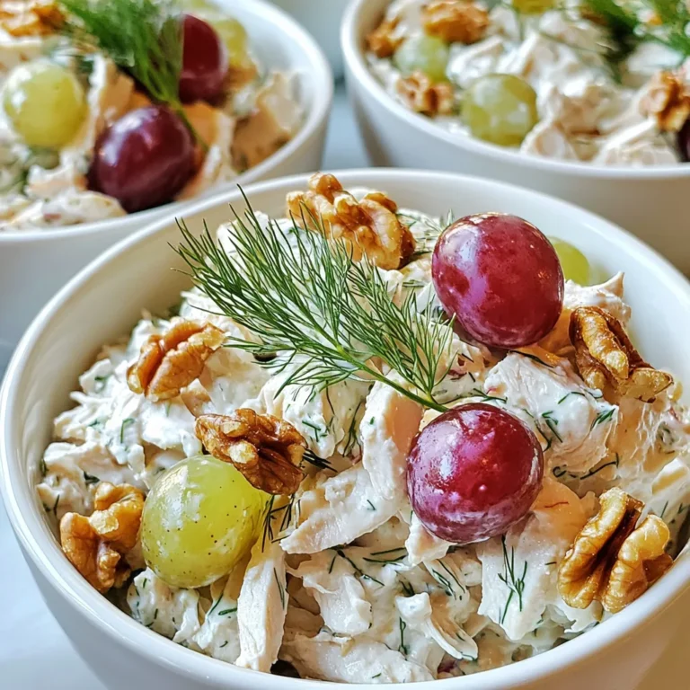 To make Greek yogurt chicken salad, you need: - 2 cups cooked chicken, shredded or diced - 1 cup Greek yogurt - 1 tablespoon Dijon mustard - 1 tablespoon honey - 1 tablespoon lemon juice - 1 cup celery, diced - 1 cup red grapes, halved - 1/2 cup walnuts, chopped - 2 tablespoons fresh dill, chopped - Salt and pepper to taste These simple, fresh ingredients create a tasty dish. The chicken gives protein, while Greek yogurt adds creaminess without the extra fat. I love how the Dijon mustard and honey balance each other. The lemon juice brightens the flavors, making each bite refreshing. You can customize your salad with these options: - Green onions, chopped - Apples, diced - Avocado, diced - Cucumber, diced Feel free to mix and match! Adding these ingredients can change the taste and texture. For instance, apples give a crunch, while avocado adds creaminess. Greek yogurt is not just tasty; it is also healthy. Here are some benefits: - High in protein - Low in fat - Packed with probiotics Protein helps you feel full longer. The low fat means you can enjoy it without guilt. Probiotics support gut health, which is great for overall well-being. Using Greek yogurt instead of mayo makes this salad lighter and brighter. {{ingredient_image_1}} To start, gather all your ingredients. You need two cups of cooked chicken. Shred or dice it into small pieces. In a large bowl, combine the Greek yogurt, Dijon mustard, honey, and lemon juice. Mix these until you get a smooth and creamy texture. This base is key to a tasty salad. Next, add the shredded chicken to the bowl. Gently fold it into the yogurt mixture. Make sure every piece of chicken gets coated well. Now, it’s time for the fun part. Incorporate one cup of diced celery, one cup of halved red grapes, and half a cup of chopped walnuts. Stir until everything is mixed together nicely. Mixing is important to get the right taste and texture. When adding the chicken, use a spatula to fold it in. This method keeps the chicken pieces intact. For the other ingredients, you want to mix gently. You should aim for a well-combined salad without mashing the grapes or walnuts. After adding the salt and pepper, mix just enough to spread the seasoning. This technique ensures each bite is packed with flavor. To boost the flavor, consider adding fresh dill. It gives a nice herbal taste. You can also adjust the honey for sweetness. If you want a little tang, add more lemon juice. For a crunchier texture, try using toasted walnuts instead of raw ones. After mixing, cover the bowl and chill it for at least 30 minutes. This waiting time allows the flavors to meld. Serve it in lettuce cups or over mixed greens for added style. Garnishing with extra dill or walnuts on top makes it look great too! You can make this chicken salad ahead of time. Mix all the ingredients together. Then, store it in the fridge. The flavors will blend well if you let it sit for at least 30 minutes. You can even prepare it the night before. Just cover it tightly to keep it fresh. Serve your Greek yogurt chicken salad in fun ways. Lettuce cups are a great choice. They add a nice crunch. You can also serve it over mixed greens. For a touch of flair, garnish with extra dill or chopped walnuts. This makes the dish look extra inviting. Feel free to get creative with flavors. You can add different fruits, like apples or cranberries. Nuts like pecans or almonds can bring a new crunch. For a spicy kick, try adding jalapeños. A splash of hot sauce gives it a nice zest. Mix and match to find your favorite combo! Pro Tips Use Leftover Chicken: Shredded or diced leftover rotisserie chicken works perfectly for this salad, saving you time and adding flavor. Make It Ahead: Prepare the salad a day in advance to allow the flavors to develop even more. Just give it a good stir before serving! Customize Your Ingredients: Feel free to swap out the walnuts for pecans or add more veggies like bell peppers or cucumbers for extra crunch. Serving Suggestions: Serve the salad in lettuce cups or on whole grain bread for a delightful sandwich option. {{image_2}} You can change the protein in this salad. If you want to use turkey, it works well. Just shred or dice it like the chicken. Tofu is a great choice for a plant-based meal. It soaks up flavors nicely. Use firm tofu and cube it for good texture. You can add fun and tasty extras to this salad. Apples add a nice crunch and sweetness. Dice them up small so they mix well. Avocado brings creaminess and richness. Just slice it right before serving to keep it fresh. Other options include dried cranberries or pickles for more flavor. If you want a vegan version, swap the chicken for chickpeas. Mash or chop them up to mimic the chicken. Use plant-based yogurt instead of Greek yogurt. Look for one that’s thick and creamy. You can also add more veggies like bell peppers or cucumbers for extra crunch. After enjoying your Greek yogurt chicken salad, you should store any leftovers right away. Place the salad in an airtight container. Make sure to seal it tightly to keep the flavors fresh. If you have a lot of salad left, divide it into smaller portions. This way, you can grab just what you need later. The best containers for this salad are glass or BPA-free plastic ones. Glass containers keep the salad fresh and do not stain. Look for containers with tight-fitting lids. They help keep moisture in and air out. If you plan to take the salad on the go, use small containers with secure lids. When stored properly, Greek yogurt chicken salad lasts up to three days in the fridge. After that, the yogurt may start to separate, and the salad won’t taste as good. If you notice any off smells or colors, it’s best to throw it out. Always trust your senses! Yes, you can make this salad in advance. I often prepare it a day ahead. This lets the flavors blend well. Just store it in a sealed container. Keep it in the fridge until you're ready to serve. The salad tastes even better after sitting overnight. If you need a substitute for Greek yogurt, try sour cream. Plain yogurt also works well. You can use cottage cheese, too. Blend it smooth for a creamy texture. Each option adds a different taste but keeps it healthy. Greek yogurt chicken salad lasts about 3 to 4 days in the fridge. Make sure to store it in a tight container. Check for any off smells or changes in texture before eating. If it looks good, it's usually fine. You now know the key ingredients, instructions, and tips for making Greek yogurt chicken salad. This dish is not only tasty but also healthy. With options for protein swaps and flavor add-ins, you have room for creativity. Proper storage helps keep your salad fresh for longer. Use this knowledge to impress friends and family with your cooking skills. Enjoy making your own version and have fun experimenting with flavors!