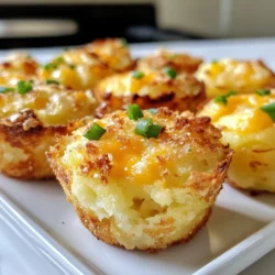 For these cheesy smashed potato muffins, you will need: - 2 cups mashed potatoes (fresh or leftover) - 1 cup shredded cheddar cheese - 1/2 cup grated Parmesan cheese - 2 large eggs - 1/4 cup milk - 1/4 cup green onions, finely chopped - 1/2 teaspoon garlic powder - 1/2 teaspoon onion powder - Salt and pepper to taste - 1/2 cup breadcrumbs (for topping) - 2 tablespoons melted butter (for topping) You can swap some ingredients if needed. Use any cheese you like. Mozzarella or gouda works well. If you are dairy-free, try plant-based cheese. Instead of eggs, use flaxseed meal mixed with water. For a lighter muffin, replace milk with almond or oat milk. If you don’t have green onions, chives are a great choice too. Pick fresh potatoes that feel firm. Check for any soft spots or blemishes. For cheese, look for blocks or shredded options without additives. Fresh green onions should be crisp and bright green. Choose eggs that are not cracked and have a clean shell. When buying breadcrumbs, check the date to ensure freshness. {{ingredient_image_1}} Start by preheating your oven to 375°F (190°C). Greasing a muffin tin helps the muffins come out easily. You can also use muffin liners if you prefer. In a large bowl, mix together the mashed potatoes, cheddar cheese, Parmesan cheese, eggs, and milk. Add in the finely chopped green onions, garlic powder, onion powder, salt, and pepper. Stir well until everything is creamy and combined. This mix will be the base of your muffins. Scoop the potato mix into each cup of the muffin tin. Fill each cup about three-quarters full. This allows room for the muffins to rise without spilling over. If you want a crunchy topping, mix breadcrumbs with melted butter in a small bowl. Sprinkle this mixture generously on top of each muffin. It adds a nice texture and flavor. Place the muffin tin in the preheated oven. Bake for 25 to 30 minutes. The muffins are done when the tops turn golden brown. To check, insert a toothpick into the center of a muffin. If it comes out clean, they’re ready! After baking, let the muffins cool in the pan for 5 minutes before moving them to a wire rack. You can enjoy them warm or let them cool completely. To get that great texture, use creamy mashed potatoes. They help keep the muffins moist. If you use leftover potatoes, make sure they are smooth. Mix the cheese and eggs in well. This adds fluffiness. Don't overmix; just blend until smooth. Let the muffins cool completely before storing them. Place them in an airtight container. They can last for up to three days at room temperature. If you want to keep them longer, use the fridge. Just remember to reheat them before eating. You can add extra flavors. Try mixing in cooked bacon or ham for a savory kick. Adding herbs like thyme or rosemary brightens the taste. For a spicy twist, toss in some diced jalapeños. Each option makes these muffins even more special! Pro Tips Use Leftover Mashed Potatoes: If you have leftover mashed potatoes from a previous meal, this is a perfect way to use them up and create something delicious! Customize the Cheese: Feel free to experiment with different types of cheese, such as pepper jack for a spicy kick or mozzarella for a gooey texture. Add Extra Veggies: Enhance the muffins by mixing in other vegetables like spinach, bell peppers, or corn for added nutrition and flavor. Storage Tips: Store any leftover muffins in an airtight container in the refrigerator for up to 3 days, or freeze them for longer storage. Reheat in the oven for the best texture. {{image_2}} You can switch up the cheese in these muffins for fun. Try using mozzarella for a gooey texture. Gouda adds a smoky flavor, while pepper jack gives a spicy kick. Mix and match to find your favorite blend. Cheese adds creaminess and enhances the taste. You can boost nutrition by adding veggies or protein. Spinach or kale adds color and nutrients. Diced bell peppers give sweetness and crunch. For protein, consider cooked bacon or sausage bits. These add heartiness to each muffin. Just remember to chop them small for even mixing. If you need gluten-free muffins, swap regular breadcrumbs for gluten-free ones. You can also use almond flour or coconut flour in place of regular flour. This keeps the muffins tasty and light. Always check labels to ensure all ingredients are gluten-free. Enjoy these muffins without worry! To store these muffins, let them cool down completely first. Place them in an airtight container. You can keep them in the fridge for up to five days. If you want to keep them longer, freezing is a great option. When you're ready to enjoy the muffins again, preheat your oven to 350°F (175°C). Place the muffins on a baking sheet. Heat them for about 10-15 minutes. This keeps the muffins warm and crispy. You can also use a microwave. Just heat them for 30 seconds. Be careful not to overheat them, or they might get dry. If you want to freeze the muffins, wrap each one in plastic wrap. Then, put them in a freezer bag. They can stay in the freezer for up to three months. When you're ready to eat them, take them out and let them thaw in the fridge overnight. You can also heat them directly from the freezer in the oven, adding a few extra minutes to the baking time. Enjoy your tasty muffins anytime! Yes, you can use instant mashed potatoes. They will save you time and effort. Just follow the package directions to make the amount you need. The key is to ensure they are thick enough to hold shape. Instant potatoes can work well if you mix in the other ingredients properly. You can tell when the muffins are done by checking the tops. They should be golden brown and firm to the touch. A toothpick test works too. Insert a toothpick into the center of a muffin. If it comes out clean, the muffins are ready. This step is crucial for perfect texture. These muffins pair well with many dishes. You can serve them with a fresh salad or a bowl of soup. They also go great with sour cream or a creamy dip on the side. For a heartier meal, try them with grilled chicken or beef. The muffins add comfort and flavor. Yes, you can make these muffins ahead of time. Prepare them, bake, and then let them cool. Store them in an airtight container in the fridge. They will stay good for about three days. You can also freeze them for longer storage. Just reheat in the oven when you’re ready to enjoy. In this article, we explored the best ingredients and methods for making cheesy smashed potato muffins. You learned about choosing fresh ingredients, preparing the batter, and baking tips. We also covered how to store leftovers and provided variations to customize your muffins. Enjoy experimenting with flavors and textures. These tips help you create delicious muffins every time. Your kitchen will smell amazing, and your friends will love them! Happy baking!