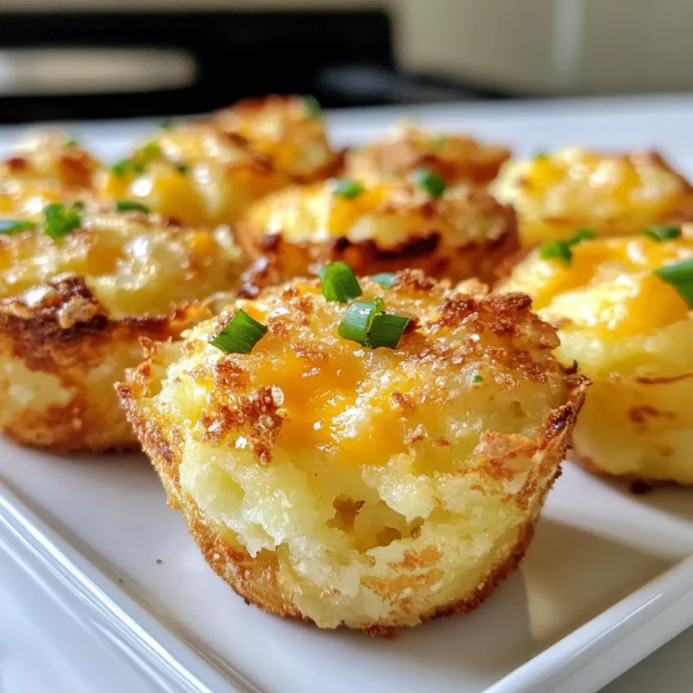 For these cheesy smashed potato muffins, you will need: - 2 cups mashed potatoes (fresh or leftover) - 1 cup shredded cheddar cheese - 1/2 cup grated Parmesan cheese - 2 large eggs - 1/4 cup milk - 1/4 cup green onions, finely chopped - 1/2 teaspoon garlic powder - 1/2 teaspoon onion powder - Salt and pepper to taste - 1/2 cup breadcrumbs (for topping) - 2 tablespoons melted butter (for topping) You can swap some ingredients if needed. Use any cheese you like. Mozzarella or gouda works well. If you are dairy-free, try plant-based cheese. Instead of eggs, use flaxseed meal mixed with water. For a lighter muffin, replace milk with almond or oat milk. If you don’t have green onions, chives are a great choice too. Pick fresh potatoes that feel firm. Check for any soft spots or blemishes. For cheese, look for blocks or shredded options without additives. Fresh green onions should be crisp and bright green. Choose eggs that are not cracked and have a clean shell. When buying breadcrumbs, check the date to ensure freshness. {{ingredient_image_1}} Start by preheating your oven to 375°F (190°C). Greasing a muffin tin helps the muffins come out easily. You can also use muffin liners if you prefer. In a large bowl, mix together the mashed potatoes, cheddar cheese, Parmesan cheese, eggs, and milk. Add in the finely chopped green onions, garlic powder, onion powder, salt, and pepper. Stir well until everything is creamy and combined. This mix will be the base of your muffins. Scoop the potato mix into each cup of the muffin tin. Fill each cup about three-quarters full. This allows room for the muffins to rise without spilling over. If you want a crunchy topping, mix breadcrumbs with melted butter in a small bowl. Sprinkle this mixture generously on top of each muffin. It adds a nice texture and flavor. Place the muffin tin in the preheated oven. Bake for 25 to 30 minutes. The muffins are done when the tops turn golden brown. To check, insert a toothpick into the center of a muffin. If it comes out clean, they’re ready! After baking, let the muffins cool in the pan for 5 minutes before moving them to a wire rack. You can enjoy them warm or let them cool completely. To get that great texture, use creamy mashed potatoes. They help keep the muffins moist. If you use leftover potatoes, make sure they are smooth. Mix the cheese and eggs in well. This adds fluffiness. Don't overmix; just blend until smooth. Let the muffins cool completely before storing them. Place them in an airtight container. They can last for up to three days at room temperature. If you want to keep them longer, use the fridge. Just remember to reheat them before eating. You can add extra flavors. Try mixing in cooked bacon or ham for a savory kick. Adding herbs like thyme or rosemary brightens the taste. For a spicy twist, toss in some diced jalapeños. Each option makes these muffins even more special! Pro Tips Use Leftover Mashed Potatoes: If you have leftover mashed potatoes from a previous meal, this is a perfect way to use them up and create something delicious! Customize the Cheese: Feel free to experiment with different types of cheese, such as pepper jack for a spicy kick or mozzarella for a gooey texture. Add Extra Veggies: Enhance the muffins by mixing in other vegetables like spinach, bell peppers, or corn for added nutrition and flavor. Storage Tips: Store any leftover muffins in an airtight container in the refrigerator for up to 3 days, or freeze them for longer storage. Reheat in the oven for the best texture. {{image_2}} You can switch up the cheese in these muffins for fun. Try using mozzarella for a gooey texture. Gouda adds a smoky flavor, while pepper jack gives a spicy kick. Mix and match to find your favorite blend. Cheese adds creaminess and enhances the taste. You can boost nutrition by adding veggies or protein. Spinach or kale adds color and nutrients. Diced bell peppers give sweetness and crunch. For protein, consider cooked bacon or sausage bits. These add heartiness to each muffin. Just remember to chop them small for even mixing. If you need gluten-free muffins, swap regular breadcrumbs for gluten-free ones. You can also use almond flour or coconut flour in place of regular flour. This keeps the muffins tasty and light. Always check labels to ensure all ingredients are gluten-free. Enjoy these muffins without worry! To store these muffins, let them cool down completely first. Place them in an airtight container. You can keep them in the fridge for up to five days. If you want to keep them longer, freezing is a great option. When you're ready to enjoy the muffins again, preheat your oven to 350°F (175°C). Place the muffins on a baking sheet. Heat them for about 10-15 minutes. This keeps the muffins warm and crispy. You can also use a microwave. Just heat them for 30 seconds. Be careful not to overheat them, or they might get dry. If you want to freeze the muffins, wrap each one in plastic wrap. Then, put them in a freezer bag. They can stay in the freezer for up to three months. When you're ready to eat them, take them out and let them thaw in the fridge overnight. You can also heat them directly from the freezer in the oven, adding a few extra minutes to the baking time. Enjoy your tasty muffins anytime! Yes, you can use instant mashed potatoes. They will save you time and effort. Just follow the package directions to make the amount you need. The key is to ensure they are thick enough to hold shape. Instant potatoes can work well if you mix in the other ingredients properly. You can tell when the muffins are done by checking the tops. They should be golden brown and firm to the touch. A toothpick test works too. Insert a toothpick into the center of a muffin. If it comes out clean, the muffins are ready. This step is crucial for perfect texture. These muffins pair well with many dishes. You can serve them with a fresh salad or a bowl of soup. They also go great with sour cream or a creamy dip on the side. For a heartier meal, try them with grilled chicken or beef. The muffins add comfort and flavor. Yes, you can make these muffins ahead of time. Prepare them, bake, and then let them cool. Store them in an airtight container in the fridge. They will stay good for about three days. You can also freeze them for longer storage. Just reheat in the oven when you’re ready to enjoy. In this article, we explored the best ingredients and methods for making cheesy smashed potato muffins. You learned about choosing fresh ingredients, preparing the batter, and baking tips. We also covered how to store leftovers and provided variations to customize your muffins. Enjoy experimenting with flavors and textures. These tips help you create delicious muffins every time. Your kitchen will smell amazing, and your friends will love them! Happy baking!