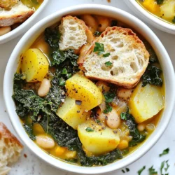 To make ribollita, you need fresh and tasty ingredients. Here’s what to gather: - 1 cup cannellini beans (canned or cooked from dry) - 2 tablespoons olive oil - 1 onion, diced - 2 carrots, diced - 2 celery stalks, diced - 3 cloves garlic, minced - 1 bunch kale, stems removed and chopped - 1 medium potato, peeled and diced - 6 cups vegetable broth - 1 can (14 oz) diced tomatoes - 1 teaspoon dried thyme - 1 teaspoon dried rosemary - 2 cups day-old crusty bread, torn into pieces - Salt and pepper to taste - Fresh parsley, chopped, for garnish Each ingredient plays a role in flavor and texture. The beans add protein, and the kale packs in nutrients. If you can’t find an ingredient, don’t worry. Here are some swaps: - Use white beans instead of cannellini beans. - Swap kale for Swiss chard or spinach if needed. - For a gluten-free option, use gluten-free bread. - Replace vegetable broth with chicken broth for a different taste. These changes still keep the essence of ribollita while allowing you to use what you have. Using fresh vegetables makes a big difference. They bring out the best flavors. Fresh herbs like rosemary and thyme really boost the taste. Dried ingredients also have their place. Dried thyme and rosemary can add depth to your dish. They last longer and are easy to store. In ribollita, the mix of fresh and dried gives you a rich, hearty soup. Choosing quality ingredients ensures a satisfying meal every time. {{ingredient_image_1}} Start by gathering your fresh ingredients. You need onions, carrots, celery, garlic, kale, and potatoes. Dice the onion, carrots, and celery into small pieces. This helps them cook faster and mix well in the soup. Mince the garlic, chop the kale, and dice the potato. Make sure to remove the stems from the kale. This makes the texture softer and easier to eat. In a large pot, heat the olive oil over medium heat. Once hot, add the diced onion, carrots, and celery. Sauté them for about 5 to 7 minutes. You want them soft and the onion to turn clear. Next, stir in the minced garlic and cook for another minute. This will fill your kitchen with a lovely aroma. Now, add the chopped kale and diced potato. Cook for 5 more minutes, stirring often. Pour in the vegetable broth and diced tomatoes. Add the cannellini beans, dried thyme, and rosemary. Bring this mixture to a gentle simmer. Lower the heat and let it cook for about 30 minutes. Your potatoes should be tender, and the flavors will blend beautifully. To make ribollita extra tasty, add salt and pepper to your liking. If you want a creamy texture, blend part of the soup with an immersion blender. Alternatively, mash some beans and potatoes against the pot's side. This adds a nice thickness to the soup. Before serving, let the torn bread pieces soak in the soup for 5 to 10 minutes. This thickens the dish and gives it that traditional ribollita feel. Serve it hot, garnished with chopped parsley for a fresh touch. Enjoy this hearty dish with a slice of crusty bread on the side. To make your ribollita creamy, blend part of the soup. Use an immersion blender for easy blending. You can also mash some beans and potatoes against the pot's side. This adds a nice, thick texture. Creaminess enhances the dish's flavor and makes it feel rich. Seasoning is key to great ribollita. After simmering, taste your soup. You might want to add more salt or pepper. You can also include more dried thyme or rosemary for a stronger flavor. Fresh herbs can brighten the dish. Just remember, season little by little. This way, you won't overpower the soup. For an authentic ribollita experience, serve it hot in deep bowls. Drizzle a bit of extra olive oil on top for added flavor. Sprinkle fresh parsley for a pop of color. Pair it with a slice of crusty bread to soak up the delicious broth. This meal is not just filling; it is comforting and full of heart. Enjoy every bite! Pro Tips Use Fresh Greens: While kale is traditional, you can also experiment with Swiss chard or spinach for a different flavor profile. Make it Ahead: Ribollita tastes even better the next day as the flavors meld, making it a perfect meal prep option. Adjust the Thickness: If you prefer a thinner soup, simply add more vegetable broth until you reach your desired consistency. Add a Kick: For a spicy twist, consider adding red pepper flakes or a splash of hot sauce to the soup before serving. {{image_2}} Ribollita is a great choice for both vegetarians and vegans. The core ingredients are plant-based. You can easily keep it meat-free by using vegetable broth. For added protein, try adding more beans or lentils. This will keep the dish hearty and filling. Feel free to swap ingredients based on your taste. If you can't find kale, use Swiss chard or spinach. You can also add in other vegetables like zucchini or bell peppers. For a twist, try adding some fresh herbs like basil or parsley. A splash of balsamic vinegar can deepen the flavor too. Ribollita varies by region in Tuscany. In some areas, you may find it made with cabbage instead of kale. Others may include more potatoes or beans. Each family has its own secret twist, making it unique and special. No matter the change, the dish remains a warm hug in a bowl. To keep your ribollita fresh, store it in an airtight container. Let the soup cool down before putting it away. This helps keep the flavors intact. Place it in the fridge if you plan to eat it within a few days. Ribollita tastes best within three days, but it can last up to five days. Reheating ribollita is easy. You can use a pot or microwave. If using a pot, pour the soup in and heat it on low. Stir it often to avoid sticking. Heat until it's warm throughout, usually about 10 minutes. If using a microwave, place the soup in a safe bowl. Heat in short bursts, stirring each time, until hot. This keeps it from overcooking. Freezing ribollita is a great way to save some for later. First, let it cool completely. Then, place it in a freezer-safe container. Leave some space at the top for expansion. Ribollita can last for up to three months in the freezer. When you're ready to eat, thaw it in the fridge overnight. Reheat as described above, and enjoy your tasty meal again! Ribollita is a traditional Tuscan soup. It has roots in peasant cooking. The dish combines leftover bread, beans, and vegetables. You can find kale, carrots, and potatoes in the mix. It’s warm, hearty, and packed with flavor. The name "ribollita" means "reboiled" in Italian. This soup gets better after sitting, as the flavors deepen. Ribollita can last up to five days in the fridge. Store it in an airtight container. Make sure it cools down before sealing it. If you notice any off smells or colors, it's best to toss it. Reheat it gently on the stove or in the microwave before serving. Yes, you can make ribollita in advance. This soup actually improves overnight. The flavors meld together, creating a richer taste. Make a big batch and enjoy it throughout the week. Just store it properly in the fridge. You can also freeze ribollita for later meals. Ribollita is a rich, hearty soup made with simple, fresh ingredients. This guide covers how to make it authentic, with tips for substitutions and variations. Remember to prep veggies well and choose the right cooking method to unlock the best flavors. Storage tips help keep leftovers fresh. Ribollita can serve many diets, so don't hesitate to adjust it to your taste. Enjoy this Tuscan dish for comfort and warmth in every bowl. Your Ribollita journey starts here—embrace the flavors and make it your own!