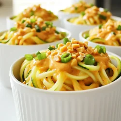 - 2 medium zucchinis (for zoodles) - 1 cup cooked rice noodles or any noodles of your choice - 1/4 cup creamy peanut butter - 2 tablespoons soy sauce or tamari - 1 tablespoon sesame oil - 1 tablespoon sriracha (for spice) - 1 tablespoon rice vinegar - 1 clove garlic, minced - 1 inch piece of ginger, grated - 1/4 cup green onions, chopped (plus more for garnish) - 1/4 cup crushed peanuts (for garnish) - Salt and pepper to taste Gathering the right ingredients makes cooking fun and easy. I love using fresh zucchinis for zoodles. They add a nice crunch and are low in carbs. You can swap rice noodles for any type you prefer, like whole wheat or even gluten-free. The creamy peanut butter gives the dish its rich flavor. For those needing gluten-free options, tamari works perfectly. To kick up the taste, sesame oil adds a nutty aroma. Sriracha brings the heat, so you can adjust it to fit your spice level. Rice vinegar adds a little tang, while garlic and ginger give depth. These flavor enhancers mix well with the noodles and zoodles. Don’t forget the garnishes! Chopped green onions and crushed peanuts add color and crunch. A pinch of salt and pepper is all you need to finish it off. With all these ingredients, you will create a bowl of deliciousness in no time! First, grab your spiralizer or vegetable peeler. You will spiralize the zucchinis. This turns them into zoodles, which are fun and healthy. Aim for long, thin strands. Once you spiralize, set the zoodles aside. This helps keep them fresh and ready for the next step. In a small mixing bowl, mix the creamy peanut butter with soy sauce. Use a whisk to blend well. Next, add minced garlic, grated ginger, sesame oil, sriracha, and rice vinegar. Whisk until the sauce is smooth. You want a nice balance of flavors. The sauce should be creamy and a bit spicy. Cook the rice noodles according to the package's directions. Drain them and rinse with cold water to stop cooking. This keeps them from getting mushy. In a large pan, heat over medium heat. Add the zoodles and sauté for about 2 minutes. You want them slightly tender but still crisp. Next, add the cooked noodles to the zoodles in the pan. Pour the peanut sauce over everything. Toss the noodles and zoodles together. Make sure they are well coated with sauce. Heat through for about 2-3 minutes. Taste and season with salt and pepper. Serve your spicy peanut noodles right away. Top with crushed peanuts and chopped green onions for a fresh crunch. Enjoy this quick and flavorful meal! To get the best zoodles, cook them for only 2 minutes. This keeps them crunchy yet tender. Overcooking makes them soggy, which you want to avoid. For the peanut sauce, whisk together the peanut butter, soy sauce, and other ingredients until smooth. If it feels too thick, add a splash of water. This will help you reach the perfect consistency. Sriracha is key for heat, but you can adjust it! Start with one tablespoon and taste. If you want more spice, add more sriracha. You can also try cayenne pepper or red pepper flakes for extra flavor. Just remember, it’s easy to add spice, but hard to take it away! Pair your spicy peanut noodles with a fresh side salad or steamed veggies. This adds color and crunch. For presentation, serve in a large bowl and top with extra green onions and crushed peanuts. A sprinkle of sesame seeds also looks nice. Enjoy your meal with a smile! {{image_2}} You can change the noodles to fit your needs. Try whole wheat noodles for a healthy twist. Gluten-free noodles work well too. Zucchini noodles, or zoodles, are a great low-carb choice. They add a fun texture and flavor. For a heartier meal, use soba or udon noodles. You can even mix different types for a unique dish. Adding veggies can boost your meal. Bell peppers add crunch and color. Carrots provide sweetness and a pop of nutrients. You can also toss in snap peas or broccoli for extra fiber. If you want more protein, try chicken, tofu, or shrimp. Each option brings its own flavor and makes the dish more filling. If you need a peanut substitute, sunflower butter works great. It has a similar creamy texture and taste. For gluten-free meals, use tamari instead of soy sauce. Always check labels for hidden gluten. You can also try almond butter if allergies allow. This ensures everyone can enjoy the dish without worry. To keep your Minute Spicy Peanut Noodles fresh, store them in airtight containers. This helps lock in moisture and flavor. Always let the noodles cool before sealing them up. For zoodles, wrap them in a damp paper towel before placing them in the container. This keeps them crisp and prevents them from drying out. You can reheat your noodles in two ways: the microwave or stovetop. For the microwave, place your noodles in a bowl and cover them with a damp paper towel. Heat them in short bursts to avoid overcooking. On the stovetop, warm them in a pan over low heat. Add a splash of water or broth to keep them moist. This will help maintain the texture of the zoodles and noodles. Yes, you can freeze spicy peanut noodles! However, zoodles do not freeze well. They become mushy when thawed. Instead, freeze just the sauce and cooked noodles. When you want to eat them, thaw the sauce in the fridge overnight. Reheat in a pan while cooking fresh zoodles. This way, you get that perfect crunch every time. Spicy peanut noodles stay fresh for about 3 to 4 days. Store them in an airtight container. This keeps them tasty and safe to eat. If you notice any strange smells or colors, it's best to toss them out. Yes, you can use other nut butters! Almond butter or cashew butter work well. Just keep in mind that they will change the flavor a bit. If you have a nut allergy, try sunflower seed butter for a similar texture. Yes, this recipe can be gluten-free! Use tamari instead of soy sauce to avoid gluten. Make sure your noodles are also labeled gluten-free. Many rice noodles are a safe option. If you don't want zoodles, try using spaghetti squash or regular pasta. You can also use other veggies like carrots or bell peppers. Just spiralize or slice them thinly for a fun twist. To tone down the spice, reduce the sriracha in the sauce. You can also add more peanut butter to balance the heat. A little sugar or honey can help mellow the flavors too. In this blog post, we explored making delicious spicy peanut noodles. We discussed key ingredients like zoodles, rice noodles, and creamy peanut butter. You learned how to prepare each component and mix them for great flavor. My final thought? This dish is versatile and fun to make. You can customize it to fit your taste. Enjoy experimenting with different ingredients and serving suggestions!