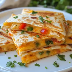 To make tasty chicken ranch quesadillas, you need these ingredients: - 2 cups cooked chicken, shredded - 1/2 cup ranch dressing - 1 cup shredded cheddar cheese - 1 cup shredded mozzarella cheese - 1 small red bell pepper, diced - 1 small green bell pepper, diced - 1/4 cup red onion, finely chopped - 4 large flour tortillas - 2 tablespoons olive oil - Salt and pepper to taste - Optional: fresh cilantro, for garnish You can swap some ingredients if needed. Here are some easy changes: - Use leftover rotisserie chicken instead of cooked chicken. - Greek yogurt can replace ranch dressing for a healthier option. - Any type of cheese works well, like pepper jack or gouda. - Try using corn or black beans instead of peppers for a twist. - Whole wheat or corn tortillas are great gluten-free options. Each serving is packed with flavor and nutrients. Here is a rough estimate per serving: - Calories: 450 - Protein: 30g - Carbohydrates: 35g - Fat: 20g - Fiber: 2g - Sodium: 600mg Knowing the nutritional info helps you enjoy these quesadillas while keeping an eye on your diet. Adjust the ingredients to fit your needs and enjoy! {{ingredient_image_1}} First, gather all your ingredients. You will need cooked chicken, ranch dressing, and cheese. Chop the bell peppers and onion. Mix the chicken, ranch, peppers, and half of each cheese in a bowl. This mix will be the star of your quesadilla. 1. Heat a skillet on medium heat and add olive oil. 2. Place one tortilla in the skillet. 3. Spread half of the chicken mix over one side of the tortilla. 4. Top with the remaining cheese. 5. Fold the tortilla in half, making a half-moon shape. 6. Cook for 3-4 minutes until golden brown. 7. Flip the quesadilla and cook for another 3-4 minutes. 8. Repeat for the second tortilla. 9. Let them rest for a minute before cutting into wedges. Serve the quesadillas warm. You can garnish them with fresh cilantro for a pop of color. Offer extra ranch dressing on the side for dipping. This adds a nice touch and boosts flavor. Enjoy your delicious chicken ranch quesadillas with friends or family! When making chicken ranch quesadillas, avoid these common mistakes: - Too much filling: Adding too much can lead to messy quesadillas. Stick to a moderate amount. - Not preheating the skillet: A hot skillet helps achieve that perfect crispy texture. - Skipping the cheese: Cheese not only adds flavor but also helps hold the quesadilla together. - Not letting them rest: Letting cooked quesadillas sit for a minute allows the cheese to set. To get crispy quesadillas, follow these steps: - Use enough oil: Coat the skillet lightly with olive oil before cooking. This helps in browning. - Cook on medium heat: Too high heat can burn the tortilla before the cheese melts. - Press down gently: Use a spatula to press the quesadilla slightly when cooking. This helps it crisp up evenly. - Cook in batches: Don’t crowd the skillet. Cook one or two at a time for the best results. Having the right tools makes cooking easier: - Large skillet: Use a non-stick skillet for easy flipping. - Spatula: A wide spatula helps flip the quesadilla without breaking it. - Mixing bowl: A large bowl is essential for mixing all your ingredients well. - Knife or pizza cutter: Use a sharp knife or pizza cutter to slice the quesadillas into wedges. Pro Tips Use Fresh Ingredients: Fresh bell peppers and onions will enhance the flavor and texture of your quesadillas, making them more vibrant and delicious. Don’t Overstuff: Be careful not to overload your tortillas with the filling. This will help in keeping them crispy and easier to flip without spilling. Experiment with Cheeses: Feel free to mix in other types of cheese like pepper jack or gouda for a unique flavor twist in your quesadillas. Serve with Dips: Besides ranch dressing, try serving with salsa, guacamole, or sour cream for added flavor and variety. {{image_2}} You can mix and match fillings for your quesadillas. Instead of chicken, try beef or shrimp. You can even use beans for a veggie option. Add some corn or cooked spinach for extra flavor. For a spicy kick, include jalapeños or hot sauce. Don't hesitate to get creative! While flour tortillas work great, you can use corn tortillas for a gluten-free choice. Whole wheat tortillas add a nutty flavor and extra fiber. If you want a fun twist, try using spinach or tomato tortillas. Each type of tortilla brings its own taste to your quesadillas. Ranch dressing is classic, but try other dips too. Salsa adds a fresh and zesty flavor. Guacamole brings creaminess and healthy fat. You can also mix sour cream with lime juice for a tangy dip. Experiment with different dips to find your favorite! To store leftover chicken ranch quesadillas, first, let them cool. Then, wrap each quesadilla in plastic wrap or foil. Place them in an airtight container. This keeps them fresh for up to three days in the fridge. If you want to enjoy them later, storing them properly is key. Reheat your quesadillas in a skillet for best results. Heat the skillet over medium heat. Place the quesadilla in the skillet and cook for about 3-4 minutes per side. This method warms them through and keeps them crispy. You can also use the microwave, but they may not stay crispy that way. To freeze chicken ranch quesadillas, wrap each one tightly in plastic wrap. Place them in a freezer bag or airtight container. They can stay in the freezer for up to two months. When ready to eat, thaw in the fridge overnight before reheating. This way, they stay tasty and easy to enjoy! The best cheeses for quesadillas are cheddar and mozzarella. They melt well and add great flavor. Cheddar gives a sharp taste, while mozzarella adds a nice stretch. You can mix both for a tasty combo. Feel free to experiment with cheeses like Monterey Jack or pepper jack for a spicy kick. Yes, you can make chicken ranch quesadillas ahead of time. Prepare the filling and store it in the fridge. You can assemble the quesadillas just before cooking to keep them fresh. If you need to, you can also cook them and store them in the fridge. Just reheat them in a skillet or microwave before serving. You can serve chicken ranch quesadillas with many sides. Some great options include: - Salsa - Guacamole - Sour cream - Extra ranch dressing - A fresh salad These sides add more flavor and freshness to your meal. To make quesadillas crispy, use a hot skillet and enough oil. Heat the skillet over medium heat before adding oil. Use just enough oil to coat the pan. Cook each side for 3-4 minutes until golden brown. Don't overcrowd the skillet, as this can lower the temperature and make them soggy. Yes, you can easily make this recipe vegetarian. Simply replace the chicken with cooked veggies or beans. Some great options include: - Sautéed mushrooms - Spinach - Black beans - Zucchini This way, you can enjoy the same tasty flavors without meat. This blog post covered all you need for tasty chicken ranch quesadillas. We discussed the key ingredients and smart substitutions. You learned step-by-step instructions to cook perfect quesadillas. Tips helped you avoid common mistakes and achieve that crispy finish. Explore variations for more fun flavors and find out how to store leftovers. Enjoy making this dish your own and share it with family and friends! Happy cooking!