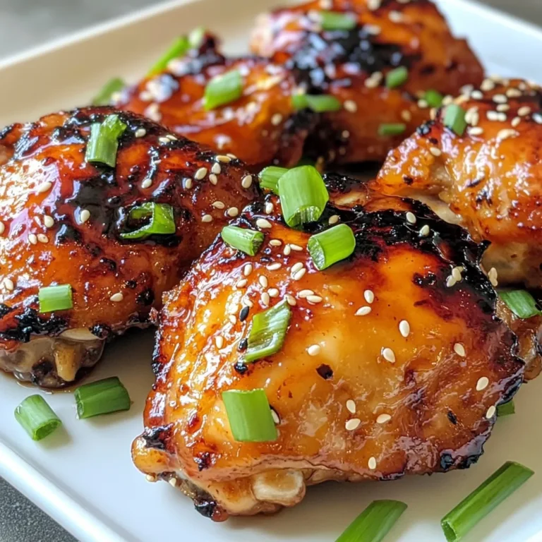 To make Honey Gochujang Chicken, gather these main ingredients: - 1 lb (450 g) chicken thighs, boneless and skinless - 3 tablespoons gochujang (Korean chili paste) - 2 tablespoons honey - 1 tablespoon soy sauce - 1 tablespoon sesame oil - 1 teaspoon minced garlic - 1 teaspoon grated ginger - Salt and pepper to taste These ingredients create a sweet and spicy blend that makes this dish shine. The chicken thighs give a juicy bite, while the gochujang adds heat. Honey balances the spice with its sweetness. Adding garnishes can enhance the dish's look and flavor. Here are some great options: - 2 green onions, chopped - Sesame seeds Green onions add a fresh crunch. Sesame seeds give a nice nutty flavor. Feel free to get creative with your garnishes! You can make this recipe your own with these substitutions: - Chicken breast instead of thighs for a leaner option - Maple syrup instead of honey for a different sweetness - Tamari instead of soy sauce for a gluten-free version These swaps can change the taste but keep the dish delicious. Enjoy experimenting with flavors you love! {{ingredient_image_1}} Start by making the marinade. In a mixing bowl, combine the gochujang, honey, soy sauce, sesame oil, minced garlic, and grated ginger. Mix these ingredients well until they blend together. This marinade gives the chicken its spicy and sweet flavor. You’ll want it to coat the chicken nicely. Next, take your chicken thighs and season them with salt and pepper. Place them in a resealable plastic bag or a shallow dish. Pour the marinade over the chicken, making sure every piece is covered. Seal the bag or cover the dish. Let the chicken marinate in the fridge for at least 30 minutes. For extra flavor, you can marinate it for up to 2 hours. Now it’s time to grill! Preheat your grill or grill pan over medium-high heat. Remove the chicken from the marinade. Shake off any extra marinade before grilling. Discard the leftover marinade to keep things safe. Grill the chicken thighs for about 6-7 minutes on each side. You want them to reach an internal temperature of 165°F (75°C) and have a nice char. Once cooked, let the chicken rest for 5 minutes. Then slice the chicken into strips. Finally, garnish with chopped green onions and sprinkle sesame seeds on top before serving. Enjoy your Honey Gochujang Chicken! To make your Honey Gochujang Chicken burst with flavor, marinate it well. After mixing the gochujang, honey, soy sauce, sesame oil, garlic, and ginger, coat the chicken thighs evenly. Use a resealable bag or dish, and make sure all pieces are covered. Let it sit for at least 30 minutes, but two hours is even better. The longer you marinate, the deeper the flavors will soak in. Grilling is key to achieving that smoky taste. Preheat your grill or grill pan to medium-high heat. Remove the chicken from the marinade and let any excess drip off. This helps avoid flare-ups while cooking. Grill each thigh for 6-7 minutes on both sides. Always check that the internal temperature reaches 165°F (75°C). This ensures your chicken is safe to eat and juicy. After grilling, let the chicken rest for 5 minutes. This step helps keep the juices inside. If you cut it too soon, the juices leak out, making the chicken dry. When ready to slice, use a sharp knife. Cut against the grain for tender strips. This technique makes each bite more enjoyable and easy to chew. Garnish with green onions and sesame seeds for a pop of color and flavor! Pro Tips Marinate Longer for More Flavor: For a deeper flavor, marinate the chicken for up to 2 hours instead of the minimum 30 minutes. This allows the flavors to penetrate the meat better. Check for Doneness: Always use a meat thermometer to ensure your chicken has reached an internal temperature of 165°F (75°C) for safe consumption. Grill Marks Matter: For beautiful grill marks, avoid moving the chicken too much while cooking. Let it sear for the suggested time before flipping. Resting is Key: Allow the grilled chicken to rest for 5 minutes before slicing. This helps the juices redistribute, keeping the meat moist and tender. {{image_2}} You can make Honey Gochujang Chicken even better by adding veggies. Try bell peppers, zucchini, or broccoli. These veggies add color and crunch. Just chop them up and toss them in the marinade with the chicken. Grill everything together for a tasty one-pan meal. The veggies soak up the flavors and make each bite more exciting. If you love wings, this recipe is for you. Use chicken wings instead of thighs. Follow the same marinade steps. Then, grill or bake the wings until crispy. These wings will have a sweet and spicy kick. Perfect for game day or a fun dinner. Serve them with a side of celery and some ranch dressing for balance. You can still enjoy the flavors of this dish without chicken. Use tofu or tempeh as a substitute. Press the tofu to remove water, then cut it into cubes. Marinate the tofu just like the chicken. Grill or sauté it until golden brown. You can also use seitan for a meatier texture. This way, everyone can enjoy the delicious taste of Honey Gochujang! To keep your Honey Gochujang Chicken fresh, place it in an airtight container. This keeps moisture in and air out. Make sure the chicken cools before storing. It lasts in the fridge for up to three days. If you want to enjoy it later, consider freezing. Reheat leftovers in a microwave or on the stove. If using a microwave, place the chicken on a plate and cover it with a damp paper towel. Heat for one to two minutes. On the stove, use a skillet over medium heat. Add a splash of water to keep it moist. Cook for about five minutes, flipping halfway. For longer storage, freeze the chicken. Wrap each piece in plastic wrap, then place them in a freezer bag. This helps prevent freezer burn. Honey Gochujang Chicken can be frozen for up to three months. When ready to eat, thaw it overnight in the fridge before reheating. Gochujang is a thick Korean chili paste. It mixes heat, sweetness, and umami. Made from red chili powder, glutinous rice, fermented soybeans, and salt, it brings depth to many dishes. You can find it in most grocery stores or online. It adds a special kick to Honey Gochujang Chicken. Yes, you can use other cuts. Chicken breasts or drumsticks work well too. Just adjust the cooking time. Breasts may cook faster, while drumsticks can take longer. Always check the internal temperature. It should be 165°F (75°C) for safety. Honey Gochujang Chicken has a mild to medium spice level. The sweetness from honey balances the heat from gochujang. If you want more heat, add extra gochujang to the marinade. If you prefer less spice, use less gochujang. Serve Honey Gochujang Chicken with rice or noodles. Steamed vegetables or a fresh salad pairs well too. You can also try it in a wrap with crunchy veggies. These sides will enhance the meal and create a lovely balance. In this blog post, we covered the key ingredients for Honey Gochujang Chicken, including main ingredients and optional garnishes. We outlined step-by-step instructions for marinating and grilling the chicken to perfection. We also shared tips for flavor, cooking, and how to store leftovers. Lastly, we explored exciting variations and answered common questions. Keep these ideas in mind as you enjoy making this dish. With practice, you will create meals that delight your taste buds and impress others.