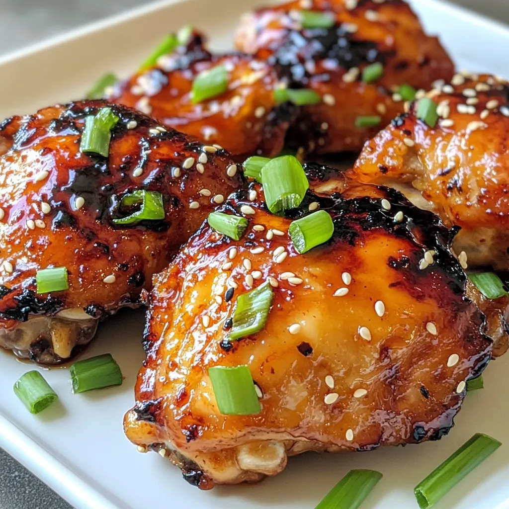 To make Honey Gochujang Chicken, gather these main ingredients: - 1 lb (450 g) chicken thighs, boneless and skinless - 3 tablespoons gochujang (Korean chili paste) - 2 tablespoons honey - 1 tablespoon soy sauce - 1 tablespoon sesame oil - 1 teaspoon minced garlic - 1 teaspoon grated ginger - Salt and pepper to taste These ingredients create a sweet and spicy blend that makes this dish shine. The chicken thighs give a juicy bite, while the gochujang adds heat. Honey balances the spice with its sweetness. Adding garnishes can enhance the dish's look and flavor. Here are some great options: - 2 green onions, chopped - Sesame seeds Green onions add a fresh crunch. Sesame seeds give a nice nutty flavor. Feel free to get creative with your garnishes! You can make this recipe your own with these substitutions: - Chicken breast instead of thighs for a leaner option - Maple syrup instead of honey for a different sweetness - Tamari instead of soy sauce for a gluten-free version These swaps can change the taste but keep the dish delicious. Enjoy experimenting with flavors you love! {{ingredient_image_1}} Start by making the marinade. In a mixing bowl, combine the gochujang, honey, soy sauce, sesame oil, minced garlic, and grated ginger. Mix these ingredients well until they blend together. This marinade gives the chicken its spicy and sweet flavor. You’ll want it to coat the chicken nicely. Next, take your chicken thighs and season them with salt and pepper. Place them in a resealable plastic bag or a shallow dish. Pour the marinade over the chicken, making sure every piece is covered. Seal the bag or cover the dish. Let the chicken marinate in the fridge for at least 30 minutes. For extra flavor, you can marinate it for up to 2 hours. Now it’s time to grill! Preheat your grill or grill pan over medium-high heat. Remove the chicken from the marinade. Shake off any extra marinade before grilling. Discard the leftover marinade to keep things safe. Grill the chicken thighs for about 6-7 minutes on each side. You want them to reach an internal temperature of 165°F (75°C) and have a nice char. Once cooked, let the chicken rest for 5 minutes. Then slice the chicken into strips. Finally, garnish with chopped green onions and sprinkle sesame seeds on top before serving. Enjoy your Honey Gochujang Chicken! To make your Honey Gochujang Chicken burst with flavor, marinate it well. After mixing the gochujang, honey, soy sauce, sesame oil, garlic, and ginger, coat the chicken thighs evenly. Use a resealable bag or dish, and make sure all pieces are covered. Let it sit for at least 30 minutes, but two hours is even better. The longer you marinate, the deeper the flavors will soak in. Grilling is key to achieving that smoky taste. Preheat your grill or grill pan to medium-high heat. Remove the chicken from the marinade and let any excess drip off. This helps avoid flare-ups while cooking. Grill each thigh for 6-7 minutes on both sides. Always check that the internal temperature reaches 165°F (75°C). This ensures your chicken is safe to eat and juicy. After grilling, let the chicken rest for 5 minutes. This step helps keep the juices inside. If you cut it too soon, the juices leak out, making the chicken dry. When ready to slice, use a sharp knife. Cut against the grain for tender strips. This technique makes each bite more enjoyable and easy to chew. Garnish with green onions and sesame seeds for a pop of color and flavor! Pro Tips Marinate Longer for More Flavor: For a deeper flavor, marinate the chicken for up to 2 hours instead of the minimum 30 minutes. This allows the flavors to penetrate the meat better. Check for Doneness: Always use a meat thermometer to ensure your chicken has reached an internal temperature of 165°F (75°C) for safe consumption. Grill Marks Matter: For beautiful grill marks, avoid moving the chicken too much while cooking. Let it sear for the suggested time before flipping. Resting is Key: Allow the grilled chicken to rest for 5 minutes before slicing. This helps the juices redistribute, keeping the meat moist and tender. {{image_2}} You can make Honey Gochujang Chicken even better by adding veggies. Try bell peppers, zucchini, or broccoli. These veggies add color and crunch. Just chop them up and toss them in the marinade with the chicken. Grill everything together for a tasty one-pan meal. The veggies soak up the flavors and make each bite more exciting. If you love wings, this recipe is for you. Use chicken wings instead of thighs. Follow the same marinade steps. Then, grill or bake the wings until crispy. These wings will have a sweet and spicy kick. Perfect for game day or a fun dinner. Serve them with a side of celery and some ranch dressing for balance. You can still enjoy the flavors of this dish without chicken. Use tofu or tempeh as a substitute. Press the tofu to remove water, then cut it into cubes. Marinate the tofu just like the chicken. Grill or sauté it until golden brown. You can also use seitan for a meatier texture. This way, everyone can enjoy the delicious taste of Honey Gochujang! To keep your Honey Gochujang Chicken fresh, place it in an airtight container. This keeps moisture in and air out. Make sure the chicken cools before storing. It lasts in the fridge for up to three days. If you want to enjoy it later, consider freezing. Reheat leftovers in a microwave or on the stove. If using a microwave, place the chicken on a plate and cover it with a damp paper towel. Heat for one to two minutes. On the stove, use a skillet over medium heat. Add a splash of water to keep it moist. Cook for about five minutes, flipping halfway. For longer storage, freeze the chicken. Wrap each piece in plastic wrap, then place them in a freezer bag. This helps prevent freezer burn. Honey Gochujang Chicken can be frozen for up to three months. When ready to eat, thaw it overnight in the fridge before reheating. Gochujang is a thick Korean chili paste. It mixes heat, sweetness, and umami. Made from red chili powder, glutinous rice, fermented soybeans, and salt, it brings depth to many dishes. You can find it in most grocery stores or online. It adds a special kick to Honey Gochujang Chicken. Yes, you can use other cuts. Chicken breasts or drumsticks work well too. Just adjust the cooking time. Breasts may cook faster, while drumsticks can take longer. Always check the internal temperature. It should be 165°F (75°C) for safety. Honey Gochujang Chicken has a mild to medium spice level. The sweetness from honey balances the heat from gochujang. If you want more heat, add extra gochujang to the marinade. If you prefer less spice, use less gochujang. Serve Honey Gochujang Chicken with rice or noodles. Steamed vegetables or a fresh salad pairs well too. You can also try it in a wrap with crunchy veggies. These sides will enhance the meal and create a lovely balance. In this blog post, we covered the key ingredients for Honey Gochujang Chicken, including main ingredients and optional garnishes. We outlined step-by-step instructions for marinating and grilling the chicken to perfection. We also shared tips for flavor, cooking, and how to store leftovers. Lastly, we explored exciting variations and answered common questions. Keep these ideas in mind as you enjoy making this dish. With practice, you will create meals that delight your taste buds and impress others.