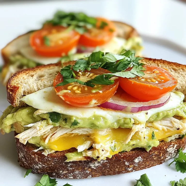 - 2 chicken breasts, cooked and shredded - 1 ripe avocado, mashed - 1 cup shredded mozzarella cheese - 1/2 cup cherry tomatoes, halved - 1/4 cup red onion, finely chopped - 1 tablespoon lime juice - 1 teaspoon garlic powder - Salt and pepper to taste - 4 slices of whole grain bread - 1 tablespoon olive oil - Fresh cilantro for garnish Gather these ingredients to make your Chicken Avocado Melt. The chicken adds protein, while the avocado gives a creamy texture. Shredded mozzarella melts beautifully and adds a tasty flavor. Cherry tomatoes and red onion bring freshness and crunch. Lime juice adds a nice zing, and garlic powder gives depth. Whole grain bread is perfect for a hearty base. Olive oil helps crisp up the bread, and cilantro is a lovely garnish. Make sure your chicken is cooked and shredded ahead of time. You can use leftover chicken or even rotisserie chicken for ease. The avocado should be ripe but not overripe for the best flavor and texture. Enjoy gathering these ingredients; they set the stage for a delicious meal! {{ingredient_image_1}} To start, take a mixing bowl. Add the following ingredients: - 2 chicken breasts, cooked and shredded - 1 ripe avocado, mashed - 1 tablespoon lime juice - 1 teaspoon garlic powder - Salt and pepper to taste Mix them well. Ensure everything blends into a creamy, tasty mixture. This step is key. The lime juice adds zest and keeps the avocado fresh. Next, grab a large skillet. Preheat it over medium heat. While it heats, take four slices of whole grain bread. Brush one side of each slice with 1 tablespoon of olive oil. Once the skillet is ready, lay two slices of bread oil-side down. Spread the chicken and avocado mixture evenly over the bread. Now, sprinkle 1 cup of shredded mozzarella cheese on top. Add 1/2 cup of halved cherry tomatoes and 1/4 cup of finely chopped red onion. Top off each with another slice of bread, oil-side up. This creates a sandwich that will be warm and crispy. Cook the sandwiches for about 4-5 minutes. Look for a golden brown crust. Carefully flip them over and cook for another 4-5 minutes. Check to make sure the cheese melts well. When both sides are golden, youβre done! Remove the sandwiches from heat. Let them cool for a minute before cutting them in half. Serve warm and add fresh cilantro on top. Enjoy your delicious Chicken Avocado Melt! To make the best Chicken Avocado Melt, keep your bread from getting soggy. Here are some tips: - Use dry bread: Start with fresh, dry whole grain bread. The drier it is, the less chance it has to soak up moisture. - Oil both sides: Brush olive oil on both sides of the bread. This helps create a barrier against moisture. - Don't overload: Keep the chicken and avocado mix light. A thick layer can make the bread soggy. Now, letβs talk about getting that golden crust: - Preheat the skillet: Always preheat your pan. A hot skillet helps the bread brown nicely. - Cook slowly: Cook on medium heat. This allows the cheese to melt while the bread crisps up. - Flip carefully: Use a spatula to flip the sandwich. This helps keep all the fillings inside. Pair your Chicken Avocado Melt with some great side dishes. Here are some ideas: - Fresh salad: A simple side salad adds freshness. Try a mix of greens with a light vinaigrette. - Sweet potato fries: These fries add a fun crunch and a slight sweetness that goes well with the melt. For dips or sauces, consider: - Salsa: A bit of salsa adds a zesty kick. It pairs well with the creamy avocado. - Garlic aioli: This sauce adds a rich flavor. It complements the chicken and cheese perfectly. Pro Tips Choose Ripe Avocado: Make sure your avocado is perfectly ripe for the best flavor and creaminess. It should yield slightly when gently pressed. Grill for Extra Flavor: For a smoky taste, consider grilling the sandwiches instead of using a skillet. This adds a delicious char to the bread. Mix Up the Cheese: While mozzarella is great, feel free to experiment with other cheeses like cheddar or pepper jack for a different flavor profile. Add Some Heat: If you like a little spice, add sliced jalapeΓ±os or a dash of hot sauce to the chicken and avocado mixture. {{image_2}} You can easily switch ingredients in the Chicken Avocado Melt to match your taste. Here are some great ideas: - Alternative cheeses or spreads: If you want a different cheese, try cheddar or pepper jack. Cream cheese also makes a rich spread. - Using different types of bread: Whole grain bread is great, but you can use sourdough or ciabatta for a nice crunch. Gluten-free bread works too! Adding extra flavors can really make your melt shine. Here are some suggestions: - Adding spices or herbs: A pinch of cumin or chili powder can add a nice kick. Fresh herbs like basil or parsley can brighten the dish. - Incorporating additional vegetables: Feel free to toss in spinach, bell peppers, or zucchini. They add color and nutrients to your melt. These swaps and additions can transform your Chicken Avocado Melt into something new and exciting. Enjoy experimenting! To keep your Chicken Avocado Melt fresh, store it properly. Use an airtight container. Place the sandwich in the container and cover it tightly. This helps prevent air from getting in, which can make it soggy. You can store it in the fridge for up to three days. After that, the quality will start to fade. If you notice any change in smell or texture, itβs better to throw it away. When reheating, you want to keep the crispy texture. The best method is to use a skillet. Preheat the skillet on medium heat. Place the sandwich in the skillet and cover it with a lid. Heat for about 3-4 minutes on each side. This method warms the inside and keeps the bread crispy. You can also adapt leftovers. Try adding more cheese or fresh veggies to elevate the flavor. If you want a twist, consider making a quesadilla with the filling. Just put it between two tortillas and cook until golden. This adds a fun change to your meal! You can try several great options if you want a meatless version. Here are some ideas: - Tofu: Use firm tofu. Press it to remove water, then cube it. - Chickpeas: Mash canned chickpeas for a similar texture and protein. - Tempeh: This fermented soy product adds a nutty flavor when cooked. - Mushrooms: SautΓ©ed mushrooms can give a savory taste and a meaty feel. These options keep the dish tasty and satisfying. Yes, you can freeze it! Hereβs how to do it right: 1. Assemble but donβt cook: Prepare the sandwiches without cooking them. Wrap each one tightly in plastic wrap. 2. Store in a container: Put the wrapped sandwiches in a freezer-safe bag or container. 3. Label and date: Write the date on the bag. They can stay frozen for about three months. When ready to eat, thaw in the fridge overnight. Cook as directed until hot and crispy. Serving this melt at a party is fun and easy! Here are some tips: - Cut into smaller pieces: Slice the sandwiches into quarters for easy bites. - Use toothpicks: Stick toothpicks in each piece to keep them together and make serving easy. - Create a platter: Arrange the melts on a large platter with dips like salsa or guacamole. - Pair with sides: Serve with chips, fresh veggies, or a light salad for extra color and crunch. These ideas will impress your guests and make your gathering memorable. This blog post shared a tasty Chicken Avocado Melt recipe. You learned about the key ingredients and cooking steps. I included helpful tips to perfect your sandwich. You also found creative variations to try. Storing leftovers and reheating them correctly keeps your meal fresh. With this guide, making a delicious Chicken Avocado Melt is simple. Enjoy your cooking journey!