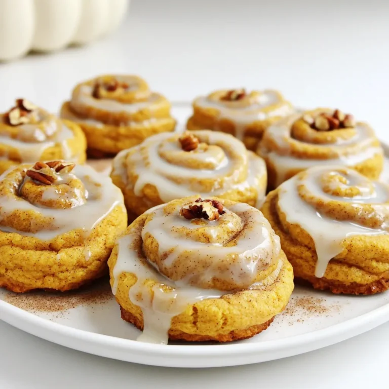 - 1 cup unsalted butter, softened - 1 cup brown sugar, packed - 1/2 cup granulated sugar - 1 large egg - 1 teaspoon vanilla extract - 2 cups all-purpose flour - 1 teaspoon baking powder - 1/2 teaspoon baking soda - 1 teaspoon pumpkin spice - 1/2 teaspoon salt - 1 cup canned pumpkin puree - Optional ingredients: - 1/2 cup chopped pecans or walnuts - 1/2 cup chocolate chips When making Pumpkin Spice Cinnamon Roll Cookies, you need a mix of rich and flavorful ingredients. Each one plays a key role in making these cookies taste amazing. First, the unsalted butter adds a creamy texture. It also helps the cookies rise nicely. Brown sugar gives a deep, caramel-like flavor. It keeps the cookies moist too. Granulated sugar balances sweetness well. Next, you’ll want a large egg. It binds the dough and adds more richness. Vanilla extract brightens the flavor and makes them smell great. Now let's talk about the dry ingredients. All-purpose flour is the main base. It gives structure to your cookies. Baking powder and baking soda help them rise. Pumpkin spice brings in that warm, fall flavor we love. Salt enhances all the other tastes. The star of the show is canned pumpkin puree. It adds moisture and a soft texture. If you want to mix things up, consider adding chopped nuts or chocolate chips. They add extra crunch and flavor. Gather these ingredients, and you'll be ready to bake some delicious cookies that everyone will love! 1. Preheat your oven to 350°F (175°C). Line two baking sheets with parchment paper. 2. In a large bowl, cream together 1 cup of softened butter, 1 cup of brown sugar, and 1/2 cup of granulated sugar. Mix until it is light and fluffy. 3. Add 1 large egg and 1 teaspoon of vanilla extract to the mix. Beat this until well combined. 1. In a separate bowl, sift together 2 cups of all-purpose flour, 1 teaspoon of baking powder, 1/2 teaspoon of baking soda, 1 teaspoon of pumpkin spice, and 1/2 teaspoon of salt. 2. Gradually add this dry mix to the wet mixture. Alternate with 1 cup of canned pumpkin puree until just combined. 1. In a small bowl, mix 1/2 cup of brown sugar and 2 tablespoons of ground cinnamon. This will be your cinnamon-sugar swirl. 2. On a lightly floured surface, roll out the dough into a rectangle, about 1/2 inch thick. Sprinkle the cinnamon-sugar mix evenly over the dough. 3. From one long edge, carefully roll the dough into a log. Seal the edges as you go. Cut the log into 1-inch thick slices. 4. Place these slices on the prepared baking sheets. Bake for 12-15 minutes, or until the edges are lightly golden. To get the best texture for your cookies, start with the butter. Use softened butter. It helps create a light and fluffy base. Cold butter can make your cookies dense. Let it sit at room temperature for about 30 minutes. Measuring flour can be tricky. Use a spoon to scoop flour into your measuring cup. Avoid scooping directly from the bag. This method prevents packing too much flour, which can lead to hard cookies. Level off the top with a knife for accuracy. Spices can make a big difference in your cookies. Besides pumpkin spice, try adding a pinch of nutmeg or allspice. Both give a warm flavor. You can also add vanilla extract for a sweet note. Using high-quality pumpkin puree is key. Look for 100% pumpkin without additives. This ensures your cookies taste rich and full of pumpkin flavor. Canned is fine, just make sure it's pure pumpkin. Drizzling cream cheese glaze can be an art. Transfer the glaze to a zip-top bag and cut a small tip off one corner. This lets you create pretty patterns over the cookies. Serve your cookies warm for the best taste. Warm cookies melt in your mouth. You can place them on a decorative plate or a cake stand. Add a sprinkle of extra cinnamon on top for flair. This makes them look even more inviting. {{image_2}} You can make these cookies even more fun! Try adding different nuts, like pecans or walnuts. They add a nice crunch. You can also toss in chocolate chips for a sweet surprise. Each bite will be a mix of flavors! Another idea is to experiment with spices. Cinnamon is great, but you can add nutmeg or ginger for a twist. These changes can make the cookies unique! If you need gluten-free cookies, swap all-purpose flour for a gluten-free blend. Many brands work well in baking. This way, everyone can enjoy these treats! For a vegan version, replace the egg with a flax egg. Mix one tablespoon of ground flaxseed with three tablespoons of water. Let it sit for a few minutes to thicken. Use coconut oil instead of butter for a creamy texture. These cookies shine during the holidays! You can mix in spices like cloves or allspice for a festive flair. Adding fruits like dried cranberries or apples can give a nice autumn taste. You can even top the cookies with chopped nuts or seasonal sprinkles. Each of these ideas makes the cookies perfect for any gathering! To keep your Pumpkin Spice Cinnamon Roll Cookies fresh, store them at room temperature. Use an airtight container to lock in moisture and flavor. This will help them stay soft and tasty for a few days. You can layer the cookies with parchment paper to prevent sticking. If you want to enjoy these cookies later, freezing is a great option. Place the cooled cookies in a single layer on a baking sheet. Freeze for about an hour. Once firm, transfer them to a freezer bag or container. This way, you can enjoy them for up to three months. To thaw, simply leave them at room temperature for about 30 minutes. For a warm treat, pop them in the microwave for a few seconds. These cookies will stay fresh for about five days at room temperature. If stored in the fridge, they can last a week longer. However, they taste best when fresh. So, plan to share or enjoy them quickly! Yes, you can make these cookies without nuts. Just leave out the pecans or walnuts. The cookies will still taste great. If you want some crunch, try adding extra chocolate chips or oats. These options keep the texture nice. If you don't have pumpkin puree, use sweet potato puree. It gives a similar flavor and texture. You can also use butternut squash puree. Both options work well in this recipe. Just make sure they are smooth and not chunky. To check if the cookies are done, look for golden edges. They should be set in the middle, not too soft. You can also insert a toothpick in the center. If it comes out clean, your cookies are ready. This blog post details how to make delicious pumpkin cookies. We covered the key ingredients, from butter to pumpkin puree, and shared step-by-step instructions. You learned tips for the perfect texture and flavor, along with fun variations and storage options. These cookies bring warmth and joy to any season. Whether you stick to the classic recipe or try new twists, you’ll enjoy every bite. Happy baking!