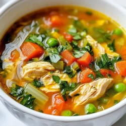 - 1 lb chicken thighs, boneless and skinless, diced - 1 large onion, diced - 3 cloves garlic, minced - 2 medium carrots, diced - 2 celery stalks, diced - 1 can (14 oz) diced tomatoes with their juice - 4 cups low-sodium chicken broth - 1 teaspoon dried oregano - 1 teaspoon dried basil - 1/2 teaspoon red pepper flakes (optional for heat) - 1 cup chickpeas, rinsed and drained - 1 cup frozen green peas - 2 cups fresh spinach or kale - Salt and pepper to taste - 2 tablespoons olive oil - Fresh parsley, chopped (for garnish) In Sicilian chicken soup, each ingredient plays a key role. The chicken thighs bring a rich flavor. They are juicy and tender. I prefer boneless and skinless for easy cooking. The onion and garlic add depth. They form the base of the soup. Carrots and celery give a lovely crunch and sweetness. The canned tomatoes provide acidity and brightness. Low-sodium chicken broth keeps the dish light and healthy. - Chicken alternatives: Use turkey or tofu for a different protein. - Vegetable options: You can swap in zucchini or bell peppers. - Gluten-free considerations: This recipe is naturally gluten-free, so no worries here! If you want a lighter soup, try using chicken breast instead. It cooks faster and has less fat. For a vegetarian option, chickpeas can be the main protein. They add fiber and keep the soup hearty. You can adjust the veggies too. Use what you have on hand for a personal touch. - Calories per serving: About 300 calories - Macronutrient breakdown: 25g protein, 30g carbs, 10g fat - Health benefits of ingredients: Chicken provides protein. Spinach and peas add vitamins. This soup is not just tasty; it is also good for you. The chicken gives you energy, while the veggies boost your immune system. Each serving is filling. You get protein, fiber, and essential nutrients. Enjoying this soup can also help you stay warm on chilly days. {{ingredient_image_1}} 1. Start with the chicken. You need 1 pound of boneless, skinless chicken thighs. Dice them into small pieces. This helps them cook evenly. 2. Next, chop your veggies. Dice 1 large onion, 2 medium carrots, and 2 celery stalks. 3. Mince 3 cloves of garlic. This will add great flavor to your soup. 1. In a large pot, heat 2 tablespoons of olive oil over medium heat. 2. Add the diced onion. Sauté for 3 to 4 minutes until it turns translucent. 3. Now, add the minced garlic, diced carrots, and celery. Cook for another 5 to 7 minutes. You want the veggies to soften. 4. Stir in the diced chicken. Cook until the pieces are browned, about 5 minutes. 5. Pour in 1 can of diced tomatoes and 4 cups of low-sodium chicken broth. Bring it all to a boil. 6. Reduce the heat and let it simmer. Add 1 teaspoon of dried oregano, 1 teaspoon of dried basil, and some salt and pepper to taste. 7. Add 1 cup of chickpeas. Let the soup simmer for about 20 minutes. This melds the flavors nicely. 1. In the last 5 minutes, stir in 1 cup of frozen green peas and 2 cups of fresh spinach or kale. Let them wilt in the heat. 2. Taste your soup. Adjust the seasoning if needed. 3. Serve hot. Garnish with fresh parsley for a nice touch. Enjoy your warm bowl of Sicilian chicken soup! To make your Sicilian chicken soup pop, use fresh spices. Herbs like oregano and basil bring out the best flavors. They give your soup that classic Italian taste. If you like heat, sprinkle in some red pepper flakes. Just a little adds a nice kick. Simmering is key to a great soup. After boiling, reduce the heat and let it simmer. This lets the flavors blend and deepen. I usually simmer my soup for 20 minutes. It makes every bite taste better. This soup pairs well with crusty bread. A slice of garlic bread is a favorite. It soaks up the broth and adds flavor. A fresh salad is also a great side. It balances the warm soup and adds crunch. For garnishes, sprinkle fresh parsley on top. It adds a nice color and fresh taste. You can also add a squeeze of lemon. It brightens the dish and lifts the flavors. Want a low-sodium option? Use low-sodium chicken broth. You can also skip the added salt. This keeps the soup tasty without too much sodium. If you prefer a vegan option, swap the chicken for chickpeas. You can use vegetable broth instead of chicken broth. Add more veggies like zucchini or bell peppers. This creates a hearty and tasty soup that everyone will enjoy. Pro Tips Use Fresh Herbs: Fresh herbs can elevate the flavor of your soup. Consider adding fresh oregano or basil at the end of cooking for a burst of freshness. Adjust the Heat: If you prefer a spicier soup, feel free to add more red pepper flakes or even some diced jalapeños for a kick. Make it Ahead: This soup tastes even better the next day! Make a big batch and store it in the fridge for easy lunches throughout the week. Customize Your Veggies: Feel free to swap in your favorite vegetables. Zucchini, bell peppers, or even potatoes can add variety and nutrition to your soup. {{image_2}} You can change up Sicilian chicken soup with new flavors. Adding different legumes makes a great twist. Try lentils or black beans for added protein and texture. They also give a hearty feel. You can swap chickpeas for cannellini beans too. Each legume brings its own taste. If you want to explore alternative protein sources, think about using turkey or tofu. Turkey gives a lighter flavor, while tofu adds a plant-based option. Both can make the soup just as tasty. Sicily is known for its vibrant produce. You can incorporate local vegetables to give your soup a fresh spin. Zucchini, bell peppers, or eggplant add color and taste. They also highlight the essence of Sicilian cooking. Adding Italian regional flavors can elevate your dish. Consider using fresh basil from the garden. Or, try sundried tomatoes for a burst of flavor. Each region in Italy has unique tastes that can enhance your soup. You can craft seasonal versions of Sicilian chicken soup to match the weather. In winter, add hearty ingredients like root vegetables. Carrots, potatoes, or parsnips create warmth and comfort. They make the soup filling on cold days. For summer, keep it light. Use fresh herbs like basil and mint. Add cherry tomatoes for a burst of sweetness. This fresh version is perfect for hot days when you want something light yet satisfying. To keep your Sicilian Chicken Soup fresh, store it in the fridge. Use an airtight container. It's best to cool the soup to room temperature first. Then, seal it tightly and place it in the fridge. If you want to freeze it, use freezer-safe containers. Leave some space at the top for expansion. This keeps the soup safe and tasty. To reheat your soup, use a pot on the stove. Heat it on medium-low. Stir often to keep it from sticking. You can also use the microwave. Place it in a bowl, cover it, and heat in short bursts. Stir in between to warm evenly. When reheating, taste and adjust the flavors. Sometimes, a dash of salt or fresh herbs makes it better. In the fridge, your soup lasts for up to four days. Make sure to check for any signs of spoilage before eating. In the freezer, it can last up to three months. Just remember to label it with the date. This way, you can enjoy your soup later without worry. Can I use frozen chicken? Yes, you can! Frozen chicken works well in this soup. Just add it when you start cooking the onions. Make sure to cook it longer until it’s fully done. What other vegetables can I add? You can add many veggies! Zucchini, bell peppers, or even potatoes fit nicely. Just chop them to the same size as your carrots and celery for even cooking. How can I make it spicier? Add more red pepper flakes! You can also include sliced jalapeños or hot sauce. Start with a little, and taste as you go. What to do if it’s too salty? If it tastes salty, add more water or low-sodium broth. This will help balance the flavors. You can also add some chopped potatoes to absorb salt. How to thicken the soup? To thicken the soup, mix in a little cornstarch or flour mixed with water. Stir it in and let it cook for a few minutes until it thickens. Can I substitute fresh herbs for dried? Yes, you can! Use three times the amount of fresh herbs. Fresh herbs have a bolder taste, so adjust to your liking. What type of chickpeas should I use? Canned chickpeas work best! Rinse them well before adding to the soup. If you prefer dried chickpeas, soak and cook them first before adding. This blog post guides you through making a delicious soup. We covered important ingredients, tasty cooking steps, and helpful tips. Remember, you can easily switch ingredients to fit your diet or taste. Don’t hesitate to explore variations for seasonal flavors. Proper storage and reheating will keep your soup enjoyable for days. Making a great soup shouldn’t be hard or boring. With these steps, you're set to create a meal that warms the soul. Enjoy your cooking and savor every bite!