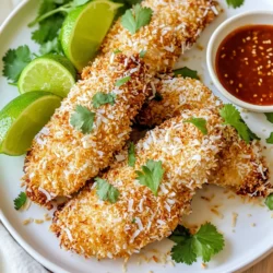 - 1 lb chicken tenders - 1 cup shredded coconut (unsweetened) - 1 cup panko breadcrumbs - 1/2 cup all-purpose flour - 1 teaspoon garlic powder - 1 teaspoon onion powder - 1 teaspoon paprika - Salt and pepper to taste - 2 large eggs - Cooking spray I love how simple and fun this recipe is! The main ingredients set the stage for a crunchy and tasty dish. You will use fresh chicken tenders, which are juicy and tender. The unsweetened shredded coconut gives a nice tropical twist. Panko breadcrumbs add an extra crunch, making every bite satisfying. All-purpose flour acts as a base coat, helping the egg and coconut stick well. The additional seasonings are key to enhancing the flavor. Garlic powder brings in a nice warmth. Onion powder adds depth, while paprika gives a subtle smokiness. Don’t forget the salt and pepper; they help balance all the flavors. You will need eggs for the coating process. They act as a glue, binding everything together. A light spray of cooking spray is crucial for achieving that golden crispiness in the air fryer. Together, these ingredients create a dish you’ll crave again and again. Start by preheating your air fryer to 400°F (200°C). This step is key. A hot fryer ensures your chicken tenders cook evenly and get crispy. In a shallow bowl, combine the panko breadcrumbs, shredded coconut, garlic powder, onion powder, paprika, salt, and pepper. Mix everything well. This coating gives your chicken tenders a tasty crunch. Set up three shallow dishes. Put flour in one, whisked eggs in the second, and your coating mixture in the third. First, take a chicken tender and dredge it in the flour. Shake off any extra flour. Next, dip it in the egg mixture, letting any excess drip off. Finally, coat the tender in the coconut and panko mix. Press down to help the coating stick. Repeat this for all chicken tenders. Spray the basket of your air fryer with cooking spray. This helps the tenders not stick. Place the coated chicken tenders in a single layer. Make sure they don’t touch. Lightly spray the tops of the tenders with more cooking spray. Air fry the chicken tenders for 10-12 minutes. Flip them halfway through. They should turn golden brown and reach an internal temperature of 165°F (74°C). Once done, let them rest for a few minutes before serving. Using cooking spray is key for crispiness. It helps the coating turn golden brown. Without it, your chicken can turn soggy. I spray the basket before adding the tenders. Then, I spray the tops lightly. This extra step makes a big difference in texture. Arrange the chicken tenders in a single layer. Make sure they do not touch each other. This allows hot air to circulate freely. If they overlap, they may cook unevenly. I always check the basket and adjust if needed. This helps each tender cook to perfection. Letting the tenders rest is important. Resting allows juices to settle. If you cut them right away, juices run out. This can make them dry. I usually wait for a few minutes after cooking. This step ensures a tender bite every time. {{image_2}} You can easily boost the flavor of your coconut chicken tenders. Just add spices or herbs to the coating. Try cayenne pepper for heat or dried basil for a fresh taste. You can mix in some grated lime zest for a citrus twist. Experiment with your favorite flavors to make this dish your own. If you're looking to switch things up, you can use different proteins. Shrimp works great in this recipe. Just coat them the same way as the chicken. Tofu is another excellent choice for a plant-based option. Make sure to press the tofu to remove extra moisture. This helps it absorb more flavor and get crispy. The right dips can make your meal even better. Serve these tenders with sweet chili sauce or a mango dipping sauce for a tasty contrast. You can also pair them with a tangy yogurt dip for a creamy touch. For sides, consider fresh salads or rice dishes. They complement the coconut tenders well. To keep your coconut chicken tenders fresh, store them in the fridge. Use an airtight container to prevent moisture loss. Place a paper towel in the container to absorb any extra moisture. This helps maintain texture and flavor. Your leftovers will stay good for up to three days. To reheat and keep the tenders crispy, use the air fryer. Preheat your air fryer to 375°F (190°C). Place the chicken tenders in a single layer. Heat them for about 5 minutes. Check if they are warm and crispy. You can also use an oven if you don’t have an air fryer. Set it to 375°F (190°C) and bake for about 10-12 minutes. Yes, you can freeze coconut chicken tenders. After cooking, let them cool completely. Place them in a freezer-safe bag or container. Seal it tightly to avoid freezer burn. They can last for up to three months in the freezer. To reheat, follow the same steps as for leftovers, adjusting the time as needed for frozen tenders. You can use sweetened coconut, but it changes the taste. Sweetened coconut adds a sugary flavor. This may make the tenders taste more dessert-like. The texture may also be a bit softer. Unsweetened coconut gives a more balanced flavor. It pairs well with the savory chicken. To make gluten-free coconut chicken tenders, substitute flour and breadcrumbs. Use almond flour or coconut flour instead of all-purpose flour. For breadcrumbs, try gluten-free panko or crushed cornflakes. These swaps keep the same crunchy texture. Your tenders will still be delicious and crispy. Many sauces go great with coconut chicken tenders. Sweet chili sauce offers a nice kick. Mango dipping sauce adds a fruity touch. You can also try a tangy yogurt sauce or a spicy sriracha mayo. These sauces make your meal even better! This article covered how to make delicious coconut chicken tenders. You learned about the key ingredients, from chicken tenders to shredded coconut and panko breadcrumbs. I shared step-by-step instructions for preparation and cooking in an air fryer. We explored tips for crispiness, variations you can try, and best storage methods. Remember, a little seasoning goes a long way. Enjoy experimenting with different flavors and sides. Now, you can make tasty coconut chicken tenders at home!