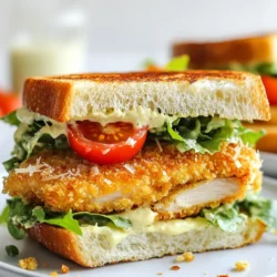 - 2 boneless, skinless chicken breasts - 1 cup buttermilk - 1 cup breadcrumbs (preferably panko) - 1/2 cup grated Parmesan cheese - 1 teaspoon garlic powder - 1 teaspoon onion powder - Salt and pepper to taste - 1/2 cup Caesar dressing - 4 slices of your favorite bread (ciabatta, sourdough, brioche) - Romaine lettuce, roughly chopped - Cherry tomatoes, halved - Extra Parmesan cheese shavings To make this crispy chicken Caesar sandwich, you'll need fresh and simple ingredients. First, grab two boneless, skinless chicken breasts. These will be the stars of your dish. The buttermilk is key for marinating. It helps tenderize the chicken and adds flavor. Next, you'll want to use panko breadcrumbs for that extra crunch. They give a delightful crispness that makes every bite exciting. Combine them with grated Parmesan cheese for a savory touch. For seasoning, garlic powder and onion powder add depth. Don't forget to add salt and pepper to taste. Caesar dressing ties everything together, giving that classic flavor we all love. For assembly, choose your favorite bread. Ciabatta, sourdough, or brioche all work well. Romaine lettuce adds freshness and crunch. Cherry tomatoes add a pop of color and sweetness. Finally, some extra Parmesan cheese shavings make it look fancy and delicious. Gather these ingredients, and you're ready to create a tasty sandwich that is sure to impress! {{ingredient_image_1}} - Marinate the Chicken in buttermilk: Start by soaking the chicken breasts in buttermilk. Let them sit for at least 30 minutes. This step helps make the chicken tender and juicy. You can let it soak for up to 2 hours for more flavor. - Prepare the Coating with breadcrumbs and seasonings: In a shallow dish, mix 1 cup of panko breadcrumbs, 1/2 cup of grated Parmesan cheese, 1 teaspoon of garlic powder, 1 teaspoon of onion powder, salt, and pepper. Stir it well to combine. - Coat the Chicken in breadcrumb mixture: Remove the chicken from the buttermilk. Let the excess drip off before dredging it in the breadcrumb mix. Press the breadcrumbs onto the chicken to ensure a good coating. - Preheat the oven: Set your oven to 400°F (200°C). This temperature helps the chicken cook evenly and get crispy. - Bake the coated chicken breasts: Place the chicken on a baking sheet lined with parchment paper. Bake for 20 to 25 minutes. The chicken is done when it's golden brown and reaches an internal temperature of 165°F (75°C). - Broil for extra crispiness (optional): If you want an extra crispy layer, broil the chicken for the last 2 to 3 minutes. Keep an eye on it to prevent burning. - Toast the bread slices: Toast your bread slices until they reach your desired crispiness. Ciabatta, sourdough, or brioche work well for this sandwich. - Layer with Romaine lettuce and crispy chicken: Start with a slice of toasted bread. Add a layer of roughly chopped Romaine lettuce. Top it with a crispy chicken breast. - Drizzle with Caesar dressing and add garnishes: Pour a generous drizzle of Caesar dressing over the chicken. You can add halved cherry tomatoes for a pop of color. - Choosing the right type of breadcrumbs: I recommend using panko breadcrumbs. They are lighter and create a better crunch. Regular breadcrumbs can work, but panko gives that extra crispiness. - Broiling for additional crispiness: After baking, broil the chicken for 2-3 minutes. This quick step makes the coating even crispier. Watch closely so it doesn’t burn. - Proper marination time: Marinate the chicken in buttermilk for at least 30 minutes. For better flavor, let it soak for up to 2 hours. This helps keep the meat juicy and tender. - Pairing with sides like fries or salads: Serve your sandwich with crispy fries or a fresh salad. They balance the meal and add more flavor. A Caesar salad pairs nicely too! - Optional toppings to enhance flavor: Consider adding avocado slices or crispy bacon. These toppings add richness and depth to the sandwich. - Best drinks to serve alongside: A cold lemonade or iced tea works great. If you enjoy wine, a light white wine complements the dish well. - Creative plating for special occasions: Use a large plate for a nice look. Cut the sandwich in half and stand it up for an inviting display. - Garnishing tips with cherry tomatoes and cheese: Add halved cherry tomatoes around the sandwich. Sprinkle extra Parmesan on top for a pretty finish. - Serving style for family gatherings: Stack the sandwiches on a wooden board. This makes it easy for guests to grab their own. Add some pickles or chips on the side for fun! Pro Tips Brine for Flavor: Consider brining the chicken in a solution of salt and water for an hour before marinating in buttermilk. This enhances moisture and flavor. Choose the Right Breadcrumbs: Panko breadcrumbs yield a much crispier coating than traditional breadcrumbs. Don't skip this for that extra crunch! Let the Chicken Rest: After baking, let the chicken rest for a few minutes before slicing. This helps retain juices and keeps the meat tender. Experiment with Dressings: While Caesar dressing is classic, try different dressings like ranch or a homemade garlic aioli for a unique twist on flavor. {{image_2}} You can switch the chicken for shrimp or tofu. Shrimp cooks fast and adds a sweet taste. Just marinate and coat like chicken. Tofu offers a great plant-based option. Use firm tofu for the best results. Press it to remove water, then marinate it in buttermilk for flavor. This makes a tasty vegetarian sandwich. Try different dressings to mix things up. Ranch dressing gives a creamy twist. Balsamic dressing brings a tangy flavor. You can even make a homemade Caesar dressing. Just blend garlic, lemon juice, Dijon mustard, Worcestershire sauce, and olive oil. Add some Parmesan cheese for extra flavor. This will be a hit on your sandwich! Add local ingredients to create unique flavors. For example, use spicy peppers or local cheeses. This brings your culture into the dish. You could also explore cultural influences on sandwiches. Think about how different countries put their spin on this classic. Each twist makes your chicken Caesar sandwich special and fun! To keep your crispy chicken Caesar sandwich fresh, store it properly. For the best taste, do not store the whole sandwich. Instead, keep the chicken, bread, and toppings separate. This way, the bread stays crisp. Place the chicken in an airtight container. Wrap the bread in foil or plastic wrap. Store the lettuce and dressing in separate containers too. When you want to eat leftovers, reheating is key. The oven works best to keep the chicken crispy. Preheat your oven to 350°F (175°C). Place the chicken on a baking sheet and heat for about 10 minutes. This will make it crunchy again. If you use a microwave, the chicken may get soggy. If you must use it, heat on low for a short time. Freezing the sandwich is not the best idea. The bread will become soggy when thawed. However, you can freeze the cooked chicken. To do this, let it cool completely. Wrap each piece in plastic wrap and place in a freezer bag. When you want to eat it, thaw in the fridge overnight. Then reheat using the oven for the best results. To make your chicken extra crispy, use panko breadcrumbs. Panko is lighter and crunchier. You can also add Parmesan cheese for flavor and texture. Marinating the chicken in buttermilk helps too. It keeps the meat moist and tender. Press the breadcrumbs firmly onto the chicken. This helps the coating stick better. Lastly, broiling it for the last few minutes adds even more crunch. Yes, you can use other types of lettuce. Romaine is crisp and holds up well. You might like using kale for a sturdy bite. Butter lettuce gives a soft and sweet flavor. Spinach adds a nice green color and taste. Each type adds a unique twist to your sandwich. This sandwich has roughly 500 calories per serving. It contains protein from the chicken and healthy fats from the dressing. You can estimate about 30 grams of protein and 25 grams of carbs. To make it healthier, use whole grain bread. You could also cut back on the dressing. Adding more veggies boosts the vitamins and fiber too. In this blog post, we explored how to make a delicious crispy chicken sandwich. We covered key ingredients like chicken, buttermilk, and seasonings. You learned step-by-step preparation and cooking methods to achieve that perfect crunch. We also shared tips on serving, variations, and storing leftovers. This tasty sandwich is easy to make and can be tweaked to suit your taste. Whether you enjoy it with fries or a salad, this meal is a winner. Enjoy your cooking journey and have fun experimenting!