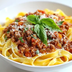 - Ground meat options: I use 300g of ground beef and 150g of ground pork. You can swap the pork for more beef if you like. Both meats add rich flavors to the sauce. - Essential vegetables: Chop 1 onion finely. Mince 2 cloves of garlic. Dice 1 medium carrot and 1 celery stalk finely. These vegetables create a tasty base for the sauce. - Key seasonings and sauces: Use 2 teaspoons of dried oregano and 1 teaspoon of dried basil. These herbs boost the flavor. Add 400g of canned chopped tomatoes and 2 tablespoons of tomato paste for a deep, rich taste. You also need 150ml of beef or vegetable broth. This helps to make the sauce smooth and flavorful. - Extras: Don’t forget salt and pepper to taste. Use 3 tablespoons of olive oil for cooking. Fresh basil leaves and grated Parmesan cheese make perfect garnishes for serving. With these ingredients, you will create a classic Pasta Bolognese that is full of flavor in every bite. {{ingredient_image_1}} To start, heat 3 tablespoons of olive oil in a large pot over medium heat. Add 1 finely chopped onion, 2 minced garlic cloves, 1 finely diced carrot, and 1 finely diced celery stalk. Sauté these vegetables for about 5 to 7 minutes. You want them to soften and release their flavors. This step builds a great base for your sauce. Next, raise the heat to medium-high. Add 300g of ground beef and 150g of ground pork. Cook until the meat is nicely browned. Use a wooden spoon to break up the meat as it cooks. This browning adds depth to the final dish. Now, stir in 400g of canned chopped tomatoes and 2 tablespoons of tomato paste. These ingredients bring a rich flavor to your sauce. Then pour in 150ml of beef or vegetable broth. This helps to create a nice consistency. Add 2 teaspoons of dried oregano and 1 teaspoon of dried basil. Season with salt and pepper to taste. Bring the mixture to a simmer. Reduce the heat to low, cover the pot, and let it simmer for about 30 to 40 minutes. Stir occasionally to prevent sticking. If the sauce thickens too much, add a bit more broth or water. This simmering allows the flavors to meld beautifully. While the sauce simmers, cook 400g of spaghetti or tagliatelle. Boil a large pot of salted water and follow the package instructions. Aim for that perfect al dente texture. This means the pasta should be firm to the bite. Once the pasta is done, drain and set it aside. When your Bolognese sauce is ready, taste it and adjust the seasoning if needed. Serve the sauce over the pasta. For a lovely finish, garnish with fresh basil leaves and a sprinkle of grated Parmesan cheese. Enjoy every rich bite! To make a rich Pasta Bolognese, slow cooking is key. This method allows the flavors to meld. When you simmer the sauce, it deepens and becomes more complex. Aim for at least 30-40 minutes of cooking time. Stir occasionally to keep everything from sticking. Balancing acidity in your sauce is important too. The canned tomatoes bring acidity, so we need to balance it. Adding a pinch of sugar can help. You might also try adding a splash of broth. This helps round out the flavors and makes the sauce taste delicious. When serving Pasta Bolognese, think about what to add. Fresh basil leaves on top add color and flavor. Grated Parmesan cheese is a must for a tasty finish. You can also drizzle some olive oil on top for extra richness. For presentation, serve in warmed bowls. This simple step makes your dish feel special. Make the meal inviting and fun to eat. Enjoy the process, and your guests will love it! Pro Tips Use Fresh Herbs: Incorporating fresh basil into your Bolognese sauce at the end of cooking enhances the flavor and adds a burst of freshness. Don't Rush the Simmer: Allow your sauce to simmer slowly for a deeper flavor. The longer it cooks, the more the flavors meld together. Perfect Pasta Cooking: Always cook your pasta in well-salted water. This is the only chance to season the pasta itself, enhancing the overall dish. Adjust Consistency: If your sauce becomes too thick, don't hesitate to add a splash of broth or water to achieve the desired consistency. {{image_2}} Looking for a twist on classic Pasta Bolognese? You can easily swap ingredients to fit your taste. For a vegetarian option, use lentils or mushrooms in place of meat. These add great texture and flavor. If you're vegan, replace beef broth with vegetable broth, and skip the cheese. When sourcing ingredients, check local markets for fresh produce. Farmers' markets often have great options. If you have allergies, read labels carefully. Many brands offer gluten-free pasta or sauces. Bolognese sauce varies by region in Italy. In Bologna, the sauce often has more meat and cream. In other areas, cooks might add red wine or milk for richness. Each region has its own special touch. Pasta pairings also differ. Tagliatelle is popular in Emilia-Romagna, while other parts of Italy might use farfalle or pappardelle. Experiment with different shapes to find your favorite! To keep your Pasta Bolognese fresh, follow these tips: - Refrigeration: Place any leftover Bolognese sauce in an airtight container. It lasts up to three days in the fridge. Make sure it cools down before sealing. This prevents moisture, which can lead to spoilage. - Freezing: For longer storage, freeze your Bolognese sauce. Use a freezer-safe container or freezer bags. It stays good for about three months. Label the bags with the date, so you know when to use them. Thaw overnight in the fridge before reheating. To enjoy your Bolognese again, here are the best reheating methods: - Stovetop: Heat the sauce in a pan over low heat. Stir often to avoid burning. Add a splash of broth or water to keep it moist. - Microwave: Place the sauce in a microwave-safe bowl. Cover it loosely and heat in short bursts, stirring in between. This helps heat it evenly. These methods help keep the rich flavor and texture intact, so each bite tastes just as good as the first. Bolognese sauce comes from the city of Bologna in Italy. It has a rich history that dates back to the 18th century. Originally, it was made with meat, vegetables, and wine. Each family had its own recipe, making it a beloved dish in many homes. The sauce is known for its deep, hearty taste. It reflects the Italian love for fresh, local ingredients. Over time, it has become popular worldwide, especially with pasta. Yes, you can make Bolognese sauce ahead of time. This sauce actually tastes better the next day. To prepare, cook the sauce fully and let it cool. Then, store it in an airtight container. You can keep it in the fridge for up to three days. For longer storage, freeze it. Use a freezer-safe container and it can last up to three months. When ready to use, thaw it in the fridge overnight and reheat gently. The best pasta for Bolognese sauce is spaghetti or tagliatelle. Both types hold the sauce well. Spaghetti is classic and easy to find. Tagliatelle adds a nice touch with its wide, flat shape. You can also try pappardelle or fettuccine for a twist. If you want a gluten-free option, use rice or lentil pasta. These choices will still let the rich sauce shine through. Classic Pasta Bolognese combines simple ingredients for rich taste. We explored each step: sautéing veggies and browning meats. The right balance of seasonings makes the sauce sing. Remember, slow cooking enhances flavors, while pasta should be al dente. Variations allow for creativity, from vegetarian options to regional styles. Store leftovers properly and reheat for the best flavor. Enjoy making this dish that is both comforting and versatile. Bolognese is a dish loved by many, and with practice, you can make it shine.