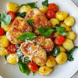 - 2 boneless, skinless chicken breasts - 1 package (16 oz) gnocchi (potato dumplings) - 1 cup cherry tomatoes, halved - 2 cups fresh spinach - 1 cup all-purpose flour - 1 teaspoon garlic powder - 1 teaspoon paprika - 1/2 teaspoon salt - 1/2 teaspoon black pepper - 2 large eggs - 1 cup panko breadcrumbs - 1/4 cup grated Parmesan cheese - Fresh basil leaves for garnish When I create this dish, I love using fresh ingredients. The chicken breasts are juicy and tender, making them perfect for frying. Gnocchi adds a fun twist and a nice texture. I always choose cherry tomatoes and spinach for their bright colors and flavors. For the coating, I mix flour, garlic powder, paprika, salt, and black pepper. This blend gives the chicken a tasty crust. I use panko breadcrumbs for extra crunch. Finally, I garnish the dish with fresh basil and Parmesan cheese. This adds a creamy finish and a burst of flavor. Trust me, the combination of these ingredients makes a meal you will crave! {{ingredient_image_1}} - First, preheat your oven to 400°F (200°C). This step is key for later. - In a shallow bowl, mix 1 cup of flour, 1 teaspoon of garlic powder, 1 teaspoon of paprika, 1/2 teaspoon of salt, and 1/2 teaspoon of black pepper. This mixture gives the chicken flavor. - In another bowl, beat 2 large eggs until well mixed. This will help the coating stick. - Dip each chicken breast into the flour mixture. Make sure it coats evenly for the best crunch. - Next, dunk the chicken into the beaten eggs. This creates a wet layer. - Finally, coat the chicken with 1 cup of panko breadcrumbs. This adds the crispy texture you want. - Heat 2 tablespoons of olive oil in a large skillet over medium heat. This prepares the pan for frying. - Add the breaded chicken breasts. Cook for about 5-6 minutes on each side. Look for a golden brown color. - Once crispy, transfer the chicken to a baking sheet. Bake for an extra 10-12 minutes. Check that the internal temp reaches 165°F (75°C). - While the chicken cooks, prepare the gnocchi. Boil them in water until they float, about 2-3 minutes. - In the same skillet, add more olive oil and 4 minced garlic cloves. Sauté for 30 seconds until it smells great. - Toss in 1 cup of halved cherry tomatoes and 2 cups of fresh spinach. Sauté until the spinach wilts and the tomatoes soften, about 3-4 minutes. - Drain the cooked gnocchi and add them to the skillet. - Gently toss everything together, mixing the gnocchi with the garlic, spinach, and tomatoes. - Slice the crispy chicken breasts and place them on plates. - Serve the gnocchi mixture on the side or underneath the chicken. - Sprinkle grated Parmesan cheese on top and add fresh basil leaves for a nice touch. To get that perfect crispy chicken, you need the right frying techniques. I recommend using a deep skillet. This allows the chicken to cook evenly. Heat 2 tablespoons of olive oil over medium heat. The choice of panko breadcrumbs is crucial. Panko is lighter and flakier than regular breadcrumbs. This gives your chicken a crunch that’s hard to beat. Make sure to coat the chicken well with panko. It creates a wonderful texture. Cooking gnocchi is simple, but watch for the signs of doneness. Boil the gnocchi until they float, which takes about 2-3 minutes. This is when they are perfectly cooked. To enhance the flavor, sauté the gnocchi with garlic, cherry tomatoes, and spinach. This adds depth and makes every bite pop with flavor. Pair your crispy garlic chicken and gnocchi with fresh basil leaves. They add a nice touch and a burst of freshness. You can also sprinkle grated Parmesan cheese on top. For sauce options, consider a light garlic butter sauce. It complements the meal without overpowering it. Enjoy your dish with a side salad for a balanced meal. Pro Tips Tip Title: Let the Chicken Rest: After cooking, allow the chicken to rest for a few minutes before slicing. This helps retain the juices for a more tender bite. Tip Title: Gnocchi Cooking Time: Keep an eye on the gnocchi while boiling; they are done when they float to the surface. Overcooking can make them mushy. Tip Title: Panko for Extra Crunch: Using panko breadcrumbs instead of regular breadcrumbs gives the chicken a much crunchier texture, enhancing the overall dish. Tip Title: Customize with Vegetables: Feel free to add other vegetables like zucchini or bell peppers to the gnocchi mixture for added flavor and nutrition. {{image_2}} You can use different cuts of chicken for this recipe. Chicken thighs add extra flavor and moisture. They are also more forgiving if you cook them a bit longer. If you prefer a leaner option, try chicken tenders. They cook quickly and still remain juicy. For vegetarian options, you can replace the chicken with firm tofu or tempeh. Both can soak up flavors well and have a nice texture. Simply coat them like the chicken and follow the same cooking steps. If you want to make homemade gnocchi, it's simple! Use mashed potatoes and flour to create your dough. Roll it out, cut it into pieces, and shape them with a fork. It’s fun and adds a personal touch to your meal. You can also swap gnocchi for other pasta types. Penne or farfalle work well and cook quickly. Just remember to adjust the cooking time based on the pasta you choose. Spicing it up is easy! You can add red pepper flakes for heat or smoked paprika for a smoky flavor. Experiment with herbs like thyme or oregano to bring new tastes to the dish. Adding different vegetables makes this meal versatile. Bell peppers, zucchini, or mushrooms can enhance the dish. Just sauté them along with the garlic for added flavor. Each variation lets you create a new favorite! To store your crispy garlic chicken and gnocchi, let them cool to room temp. This helps prevent moisture build-up in the container. Use airtight containers to keep them fresh. Glass or BPA-free plastic containers are best. They won’t absorb smells or flavors. Store the chicken and gnocchi separately to keep textures intact. You can keep them in the fridge for up to three days. If you want to freeze the chicken, it’s best to do it right after cooking. Make sure it cools down first. Wrap each piece in plastic wrap, then place it in a freezer bag. This helps keep the chicken juicy. For gnocchi, you can freeze them before cooking. Spread them out on a baking sheet, freeze until solid, then transfer to a bag. This method prevents sticking. Frozen chicken lasts about three months, while gnocchi can stay good for six months. When it’s time to eat, reheat the chicken in the oven for the best texture. Set the oven to 350°F (175°C). Place the chicken on a baking sheet and heat for about 15 minutes. This keeps it crispy. For gnocchi, you can sauté them in a pan with a little olive oil. Heat them until they are warm and slightly crisp. This way, you ensure they taste fresh, just like when you first made them. You can serve this dish with a fresh salad. A light green salad with lemon dressing works well. Roasted vegetables also pair nicely. Try serving it with steamed broccoli or green beans. These sides balance the rich flavors of the chicken and gnocchi. Yes, you can easily make this dish gluten-free. Use gluten-free all-purpose flour instead of regular flour. For the breadcrumbs, swap panko with gluten-free breadcrumbs. Check labels to ensure all products are gluten-free. Leftovers will last about three days in the fridge. Store them in an airtight container. To keep the chicken crispy, reheat it in the oven. This method helps maintain its texture. Yes, you can use frozen gnocchi. Just boil them directly from frozen. Cook them until they float, which takes about 3-4 minutes. Drain and proceed with the recipe as usual. This recipe for Crispy Garlic Chicken and Gnocchi is both simple and delicious. We covered the main ingredients, from chicken to vegetables. You learned how to prepare, cook, and serve the dish. I shared tips for achieving crispiness and perfect gnocchi. Try different proteins and flavor tweaks for variety. Store leftovers properly to enjoy later. Remember, cooking is fun, so experiment and make this dish your own!
