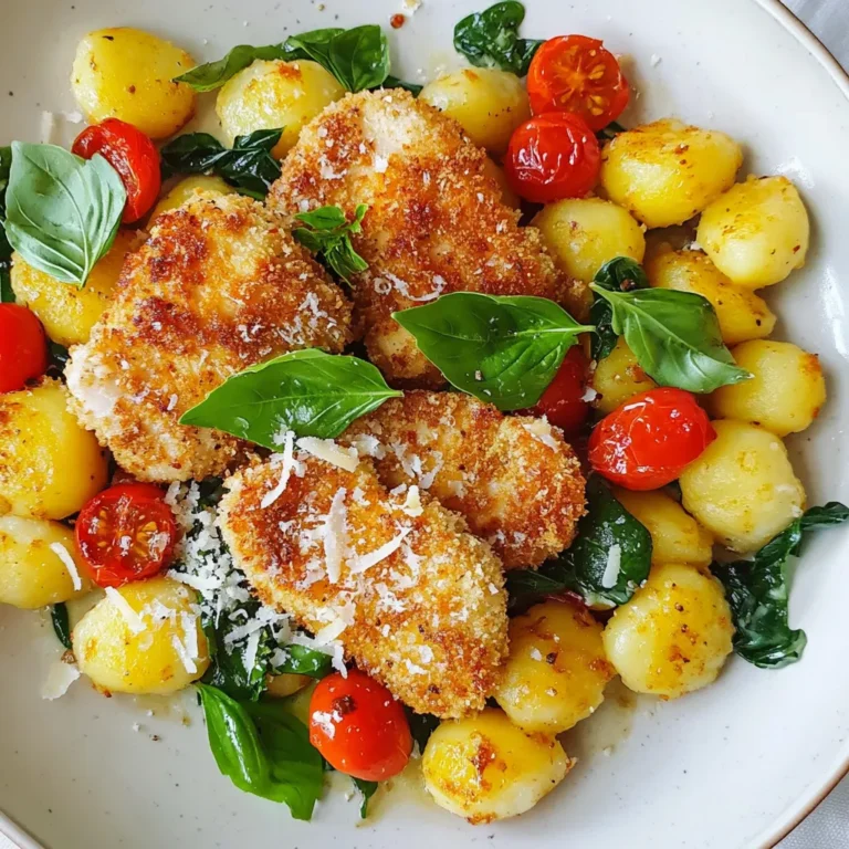 - 2 boneless, skinless chicken breasts - 1 package (16 oz) gnocchi (potato dumplings) - 1 cup cherry tomatoes, halved - 2 cups fresh spinach - 1 cup all-purpose flour - 1 teaspoon garlic powder - 1 teaspoon paprika - 1/2 teaspoon salt - 1/2 teaspoon black pepper - 2 large eggs - 1 cup panko breadcrumbs - 1/4 cup grated Parmesan cheese - Fresh basil leaves for garnish When I create this dish, I love using fresh ingredients. The chicken breasts are juicy and tender, making them perfect for frying. Gnocchi adds a fun twist and a nice texture. I always choose cherry tomatoes and spinach for their bright colors and flavors. For the coating, I mix flour, garlic powder, paprika, salt, and black pepper. This blend gives the chicken a tasty crust. I use panko breadcrumbs for extra crunch. Finally, I garnish the dish with fresh basil and Parmesan cheese. This adds a creamy finish and a burst of flavor. Trust me, the combination of these ingredients makes a meal you will crave! {{ingredient_image_1}} - First, preheat your oven to 400°F (200°C). This step is key for later. - In a shallow bowl, mix 1 cup of flour, 1 teaspoon of garlic powder, 1 teaspoon of paprika, 1/2 teaspoon of salt, and 1/2 teaspoon of black pepper. This mixture gives the chicken flavor. - In another bowl, beat 2 large eggs until well mixed. This will help the coating stick. - Dip each chicken breast into the flour mixture. Make sure it coats evenly for the best crunch. - Next, dunk the chicken into the beaten eggs. This creates a wet layer. - Finally, coat the chicken with 1 cup of panko breadcrumbs. This adds the crispy texture you want. - Heat 2 tablespoons of olive oil in a large skillet over medium heat. This prepares the pan for frying. - Add the breaded chicken breasts. Cook for about 5-6 minutes on each side. Look for a golden brown color. - Once crispy, transfer the chicken to a baking sheet. Bake for an extra 10-12 minutes. Check that the internal temp reaches 165°F (75°C). - While the chicken cooks, prepare the gnocchi. Boil them in water until they float, about 2-3 minutes. - In the same skillet, add more olive oil and 4 minced garlic cloves. Sauté for 30 seconds until it smells great. - Toss in 1 cup of halved cherry tomatoes and 2 cups of fresh spinach. Sauté until the spinach wilts and the tomatoes soften, about 3-4 minutes. - Drain the cooked gnocchi and add them to the skillet. - Gently toss everything together, mixing the gnocchi with the garlic, spinach, and tomatoes. - Slice the crispy chicken breasts and place them on plates. - Serve the gnocchi mixture on the side or underneath the chicken. - Sprinkle grated Parmesan cheese on top and add fresh basil leaves for a nice touch. To get that perfect crispy chicken, you need the right frying techniques. I recommend using a deep skillet. This allows the chicken to cook evenly. Heat 2 tablespoons of olive oil over medium heat. The choice of panko breadcrumbs is crucial. Panko is lighter and flakier than regular breadcrumbs. This gives your chicken a crunch that’s hard to beat. Make sure to coat the chicken well with panko. It creates a wonderful texture. Cooking gnocchi is simple, but watch for the signs of doneness. Boil the gnocchi until they float, which takes about 2-3 minutes. This is when they are perfectly cooked. To enhance the flavor, sauté the gnocchi with garlic, cherry tomatoes, and spinach. This adds depth and makes every bite pop with flavor. Pair your crispy garlic chicken and gnocchi with fresh basil leaves. They add a nice touch and a burst of freshness. You can also sprinkle grated Parmesan cheese on top. For sauce options, consider a light garlic butter sauce. It complements the meal without overpowering it. Enjoy your dish with a side salad for a balanced meal. Pro Tips Tip Title: Let the Chicken Rest: After cooking, allow the chicken to rest for a few minutes before slicing. This helps retain the juices for a more tender bite. Tip Title: Gnocchi Cooking Time: Keep an eye on the gnocchi while boiling; they are done when they float to the surface. Overcooking can make them mushy. Tip Title: Panko for Extra Crunch: Using panko breadcrumbs instead of regular breadcrumbs gives the chicken a much crunchier texture, enhancing the overall dish. Tip Title: Customize with Vegetables: Feel free to add other vegetables like zucchini or bell peppers to the gnocchi mixture for added flavor and nutrition. {{image_2}} You can use different cuts of chicken for this recipe. Chicken thighs add extra flavor and moisture. They are also more forgiving if you cook them a bit longer. If you prefer a leaner option, try chicken tenders. They cook quickly and still remain juicy. For vegetarian options, you can replace the chicken with firm tofu or tempeh. Both can soak up flavors well and have a nice texture. Simply coat them like the chicken and follow the same cooking steps. If you want to make homemade gnocchi, it's simple! Use mashed potatoes and flour to create your dough. Roll it out, cut it into pieces, and shape them with a fork. It’s fun and adds a personal touch to your meal. You can also swap gnocchi for other pasta types. Penne or farfalle work well and cook quickly. Just remember to adjust the cooking time based on the pasta you choose. Spicing it up is easy! You can add red pepper flakes for heat or smoked paprika for a smoky flavor. Experiment with herbs like thyme or oregano to bring new tastes to the dish. Adding different vegetables makes this meal versatile. Bell peppers, zucchini, or mushrooms can enhance the dish. Just sauté them along with the garlic for added flavor. Each variation lets you create a new favorite! To store your crispy garlic chicken and gnocchi, let them cool to room temp. This helps prevent moisture build-up in the container. Use airtight containers to keep them fresh. Glass or BPA-free plastic containers are best. They won’t absorb smells or flavors. Store the chicken and gnocchi separately to keep textures intact. You can keep them in the fridge for up to three days. If you want to freeze the chicken, it’s best to do it right after cooking. Make sure it cools down first. Wrap each piece in plastic wrap, then place it in a freezer bag. This helps keep the chicken juicy. For gnocchi, you can freeze them before cooking. Spread them out on a baking sheet, freeze until solid, then transfer to a bag. This method prevents sticking. Frozen chicken lasts about three months, while gnocchi can stay good for six months. When it’s time to eat, reheat the chicken in the oven for the best texture. Set the oven to 350°F (175°C). Place the chicken on a baking sheet and heat for about 15 minutes. This keeps it crispy. For gnocchi, you can sauté them in a pan with a little olive oil. Heat them until they are warm and slightly crisp. This way, you ensure they taste fresh, just like when you first made them. You can serve this dish with a fresh salad. A light green salad with lemon dressing works well. Roasted vegetables also pair nicely. Try serving it with steamed broccoli or green beans. These sides balance the rich flavors of the chicken and gnocchi. Yes, you can easily make this dish gluten-free. Use gluten-free all-purpose flour instead of regular flour. For the breadcrumbs, swap panko with gluten-free breadcrumbs. Check labels to ensure all products are gluten-free. Leftovers will last about three days in the fridge. Store them in an airtight container. To keep the chicken crispy, reheat it in the oven. This method helps maintain its texture. Yes, you can use frozen gnocchi. Just boil them directly from frozen. Cook them until they float, which takes about 3-4 minutes. Drain and proceed with the recipe as usual. This recipe for Crispy Garlic Chicken and Gnocchi is both simple and delicious. We covered the main ingredients, from chicken to vegetables. You learned how to prepare, cook, and serve the dish. I shared tips for achieving crispiness and perfect gnocchi. Try different proteins and flavor tweaks for variety. Store leftovers properly to enjoy later. Remember, cooking is fun, so experiment and make this dish your own!