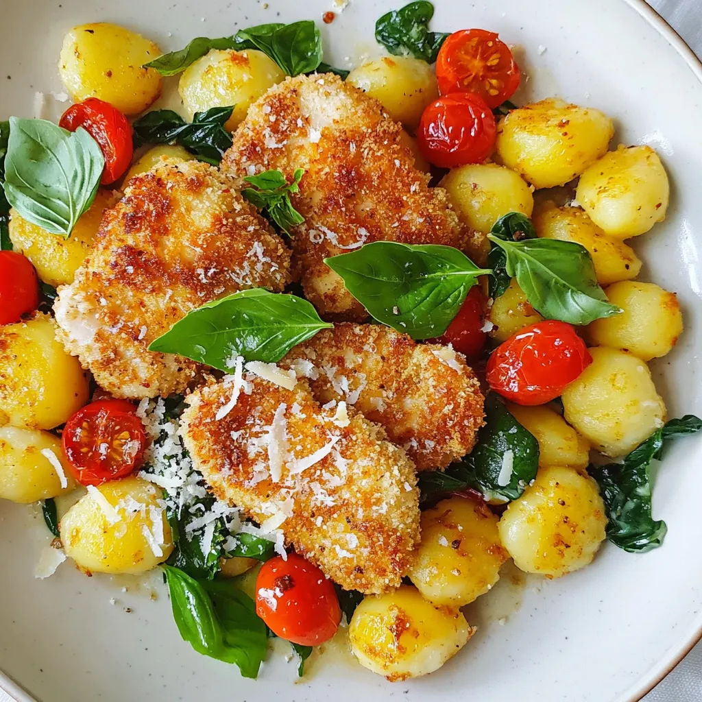 - 2 boneless, skinless chicken breasts - 1 package (16 oz) gnocchi (potato dumplings) - 1 cup cherry tomatoes, halved - 2 cups fresh spinach - 1 cup all-purpose flour - 1 teaspoon garlic powder - 1 teaspoon paprika - 1/2 teaspoon salt - 1/2 teaspoon black pepper - 2 large eggs - 1 cup panko breadcrumbs - 1/4 cup grated Parmesan cheese - Fresh basil leaves for garnish When I create this dish, I love using fresh ingredients. The chicken breasts are juicy and tender, making them perfect for frying. Gnocchi adds a fun twist and a nice texture. I always choose cherry tomatoes and spinach for their bright colors and flavors. For the coating, I mix flour, garlic powder, paprika, salt, and black pepper. This blend gives the chicken a tasty crust. I use panko breadcrumbs for extra crunch. Finally, I garnish the dish with fresh basil and Parmesan cheese. This adds a creamy finish and a burst of flavor. Trust me, the combination of these ingredients makes a meal you will crave! {{ingredient_image_1}} - First, preheat your oven to 400°F (200°C). This step is key for later. - In a shallow bowl, mix 1 cup of flour, 1 teaspoon of garlic powder, 1 teaspoon of paprika, 1/2 teaspoon of salt, and 1/2 teaspoon of black pepper. This mixture gives the chicken flavor. - In another bowl, beat 2 large eggs until well mixed. This will help the coating stick. - Dip each chicken breast into the flour mixture. Make sure it coats evenly for the best crunch. - Next, dunk the chicken into the beaten eggs. This creates a wet layer. - Finally, coat the chicken with 1 cup of panko breadcrumbs. This adds the crispy texture you want. - Heat 2 tablespoons of olive oil in a large skillet over medium heat. This prepares the pan for frying. - Add the breaded chicken breasts. Cook for about 5-6 minutes on each side. Look for a golden brown color. - Once crispy, transfer the chicken to a baking sheet. Bake for an extra 10-12 minutes. Check that the internal temp reaches 165°F (75°C). - While the chicken cooks, prepare the gnocchi. Boil them in water until they float, about 2-3 minutes. - In the same skillet, add more olive oil and 4 minced garlic cloves. Sauté for 30 seconds until it smells great. - Toss in 1 cup of halved cherry tomatoes and 2 cups of fresh spinach. Sauté until the spinach wilts and the tomatoes soften, about 3-4 minutes. - Drain the cooked gnocchi and add them to the skillet. - Gently toss everything together, mixing the gnocchi with the garlic, spinach, and tomatoes. - Slice the crispy chicken breasts and place them on plates. - Serve the gnocchi mixture on the side or underneath the chicken. - Sprinkle grated Parmesan cheese on top and add fresh basil leaves for a nice touch. To get that perfect crispy chicken, you need the right frying techniques. I recommend using a deep skillet. This allows the chicken to cook evenly. Heat 2 tablespoons of olive oil over medium heat. The choice of panko breadcrumbs is crucial. Panko is lighter and flakier than regular breadcrumbs. This gives your chicken a crunch that’s hard to beat. Make sure to coat the chicken well with panko. It creates a wonderful texture. Cooking gnocchi is simple, but watch for the signs of doneness. Boil the gnocchi until they float, which takes about 2-3 minutes. This is when they are perfectly cooked. To enhance the flavor, sauté the gnocchi with garlic, cherry tomatoes, and spinach. This adds depth and makes every bite pop with flavor. Pair your crispy garlic chicken and gnocchi with fresh basil leaves. They add a nice touch and a burst of freshness. You can also sprinkle grated Parmesan cheese on top. For sauce options, consider a light garlic butter sauce. It complements the meal without overpowering it. Enjoy your dish with a side salad for a balanced meal. Pro Tips Tip Title: Let the Chicken Rest: After cooking, allow the chicken to rest for a few minutes before slicing. This helps retain the juices for a more tender bite. Tip Title: Gnocchi Cooking Time: Keep an eye on the gnocchi while boiling; they are done when they float to the surface. Overcooking can make them mushy. Tip Title: Panko for Extra Crunch: Using panko breadcrumbs instead of regular breadcrumbs gives the chicken a much crunchier texture, enhancing the overall dish. Tip Title: Customize with Vegetables: Feel free to add other vegetables like zucchini or bell peppers to the gnocchi mixture for added flavor and nutrition. {{image_2}} You can use different cuts of chicken for this recipe. Chicken thighs add extra flavor and moisture. They are also more forgiving if you cook them a bit longer. If you prefer a leaner option, try chicken tenders. They cook quickly and still remain juicy. For vegetarian options, you can replace the chicken with firm tofu or tempeh. Both can soak up flavors well and have a nice texture. Simply coat them like the chicken and follow the same cooking steps. If you want to make homemade gnocchi, it's simple! Use mashed potatoes and flour to create your dough. Roll it out, cut it into pieces, and shape them with a fork. It’s fun and adds a personal touch to your meal. You can also swap gnocchi for other pasta types. Penne or farfalle work well and cook quickly. Just remember to adjust the cooking time based on the pasta you choose. Spicing it up is easy! You can add red pepper flakes for heat or smoked paprika for a smoky flavor. Experiment with herbs like thyme or oregano to bring new tastes to the dish. Adding different vegetables makes this meal versatile. Bell peppers, zucchini, or mushrooms can enhance the dish. Just sauté them along with the garlic for added flavor. Each variation lets you create a new favorite! To store your crispy garlic chicken and gnocchi, let them cool to room temp. This helps prevent moisture build-up in the container. Use airtight containers to keep them fresh. Glass or BPA-free plastic containers are best. They won’t absorb smells or flavors. Store the chicken and gnocchi separately to keep textures intact. You can keep them in the fridge for up to three days. If you want to freeze the chicken, it’s best to do it right after cooking. Make sure it cools down first. Wrap each piece in plastic wrap, then place it in a freezer bag. This helps keep the chicken juicy. For gnocchi, you can freeze them before cooking. Spread them out on a baking sheet, freeze until solid, then transfer to a bag. This method prevents sticking. Frozen chicken lasts about three months, while gnocchi can stay good for six months. When it’s time to eat, reheat the chicken in the oven for the best texture. Set the oven to 350°F (175°C). Place the chicken on a baking sheet and heat for about 15 minutes. This keeps it crispy. For gnocchi, you can sauté them in a pan with a little olive oil. Heat them until they are warm and slightly crisp. This way, you ensure they taste fresh, just like when you first made them. You can serve this dish with a fresh salad. A light green salad with lemon dressing works well. Roasted vegetables also pair nicely. Try serving it with steamed broccoli or green beans. These sides balance the rich flavors of the chicken and gnocchi. Yes, you can easily make this dish gluten-free. Use gluten-free all-purpose flour instead of regular flour. For the breadcrumbs, swap panko with gluten-free breadcrumbs. Check labels to ensure all products are gluten-free. Leftovers will last about three days in the fridge. Store them in an airtight container. To keep the chicken crispy, reheat it in the oven. This method helps maintain its texture. Yes, you can use frozen gnocchi. Just boil them directly from frozen. Cook them until they float, which takes about 3-4 minutes. Drain and proceed with the recipe as usual. This recipe for Crispy Garlic Chicken and Gnocchi is both simple and delicious. We covered the main ingredients, from chicken to vegetables. You learned how to prepare, cook, and serve the dish. I shared tips for achieving crispiness and perfect gnocchi. Try different proteins and flavor tweaks for variety. Store leftovers properly to enjoy later. Remember, cooking is fun, so experiment and make this dish your own!