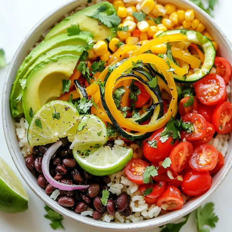 - 1 cup cooked brown rice - 1 can black beans, rinsed and drained - 1 red bell pepper, diced - 1 green bell pepper, diced - 1 zucchini, diced - 1 cup corn, frozen or fresh - 1 avocado, sliced - 1 cup cherry tomatoes, halved - 1/4 cup red onion, finely chopped - 2 tablespoons olive oil - 1 teaspoon cumin - 1 teaspoon paprika - Salt and pepper, to taste For these veggie loaded burrito bowls, the ingredients shine. First, the brown rice serves as a hearty base. It gives a warm, nutty flavor. Next, black beans add protein. They are creamy and filling. The vegetables add color and crunch. You can use red and green bell peppers for sweetness. Zucchini brings a tender bite, while corn adds a sweet pop. Cherry tomatoes give a juicy burst, balancing the dish. Each veggie brings its own taste and texture. Toppings make the bowls even better. Sliced avocado brings creaminess. Red onion adds a sharp crunch. Fresh cilantro gives a bright note. Finally, the lime wedges bring a zesty kick. Squeezing lime over the bowl adds freshness. Seasoning is simple but key. Olive oil keeps the veggies moist. Cumin and paprika add warmth and depth. Salt and pepper enhance all the flavors. Together, these ingredients create a healthy and satisfying meal. {{ingredient_image_1}} Start by heating olive oil in a large skillet over medium heat. Add the diced red and green bell peppers, zucchini, and corn. Sauté for about 5 to 7 minutes until the veggies become tender yet still bright. You want to keep their color and crunch. Season the mixture with cumin, paprika, salt, and pepper. Stir everything well to coat the veggies with the spices. Next, take a small saucepan and place it on low heat. Add the rinsed black beans. Warm them up for about 3 to 5 minutes, stirring occasionally. This step makes sure your beans are nice and hot when you add them to the bowl. To build your burrito bowls, start with a base layer of cooked brown rice in each bowl. This rice adds a nice texture and heartiness to the meal. Then, layer on your sautéed veggie mix. Top this with the warmed black beans, making sure to distribute them evenly. Now comes the fun part! Top each bowl with sliced avocado, halved cherry tomatoes, and finely chopped red onion. These fresh toppings add flavor and color. Finally, sprinkle some fresh cilantro on top for a burst of flavor and a pop of green. Don’t forget to add a wedge of lime on the side. Squeezing lime over the bowls before you dig in gives a bright, zesty flavor that ties everything together. Enjoy your veggie-loaded burrito bowls! To keep the veggies crisp, cook them for just a few minutes. I like to sauté them over medium heat. This way, they stay bright and colorful. Use a mix of red and green bell peppers, zucchini, and corn. For seasoning, I recommend using cumin and paprika. They add warmth and depth. A pinch of salt and pepper will enhance all the flavors. Stir the veggies well to coat them evenly. If you want to try something different, consider using quinoa or cauliflower rice. Quinoa offers a nutty flavor and extra protein. Cauliflower rice is a great low-carb option. Both pair well with the veggies and beans. Prep your ingredients in advance for quick meals. Chop the veggies and store them in the fridge. You can cook the brown rice ahead and keep it in an airtight container. This makes assembling your burrito bowls a breeze. Just warm everything up before serving and enjoy! Pro Tips Balance Your Flavors: Ensure you taste as you go. Adjust the seasoning with salt, pepper, and lime to achieve a perfect balance of flavors. Customize Your Veggies: Feel free to swap out any of the vegetables for your favorites, such as adding spinach or mushrooms for extra nutrition and flavor. Make it Spicy: Add diced jalapeños or a sprinkle of chili powder to the veggie mixture for a spicy kick that complements the dish. Meal Prep Friendly: Prepare extra servings of the veggie mixture and beans to store in the fridge for quick lunches or dinners throughout the week. {{image_2}} You can add protein to your veggie loaded burrito bowls. Grilled chicken is a great choice. Shrimp adds a nice touch too. If you prefer plant-based options, tofu works well. Simply grill or sauté the protein of your choice. This boosts the flavor and nutrition. Keeping this meal plant-based is easy. The base of brown rice and black beans is already vegan. All veggies are plant-based too. Just skip any animal products like cheese or sour cream. You can enjoy this dish guilt-free and still feel satisfied. Spice blends can change the flavor of your burrito bowls. Try adding taco seasoning for a zesty twist. A dash of chili powder gives it a kick. For a creamy touch, drizzle with a dressing of lime and olive oil. Experiment with different spices to find your favorite mix. Each variation can create a new taste adventure. To keep your veggie loaded burrito bowls fresh, store leftovers in an airtight container. Place them in the fridge within two hours of cooking. They will stay good for about three to four days. If you want to keep them longer, consider freezing them. When it's time to enjoy your leftovers, use the microwave for quick reheating. Place the bowl in the microwave and cover it with a damp paper towel. Heat for about one to two minutes. Stir halfway through to ensure even warming. You can also reheat in a skillet over low heat. This method helps keep the veggies crisp. To freeze your burrito bowls, separate the components. Store cooked brown rice, beans, and veggies in separate bags. Use freezer-safe bags and remove as much air as possible. They can last up to three months in the freezer. When you're ready to eat, thaw overnight in the fridge. Reheat as mentioned earlier for the best results. Yes, you can make these burrito bowls ahead of time. Prepare the veggies and rice in advance. Store them in separate containers. Keep the toppings, like avocado and tomatoes, fresh until serving. This way, you can enjoy a quick and easy meal later. The flavors will still be great! You can use many veggies in burrito bowls. Some great options are: - Red and green bell peppers - Zucchini - Corn - Cherry tomatoes - Red onion Other veggies like spinach, kale, or mushrooms also work well. Get creative and use what you love! To make this recipe gluten-free, use gluten-free grains like quinoa instead of brown rice. Check that the canned beans are gluten-free. Most are, but it’s always good to verify. Avoid any sauces or toppings that may contain gluten. This way, you can enjoy a safe and tasty meal. If you want to substitute brown rice, try these options: - Quinoa - Cauliflower rice - Couscous (look for gluten-free if needed) - Barley Each of these options adds a different flavor and texture. They all make your burrito bowls delicious and satisfying! This blog covered how to make tasty burrito bowls with simple steps. You learned the key ingredients, such as brown rice, black beans, and fresh veggies. We went through each step, from prepping veggies to adding delicious toppings. I shared tips for perfecting your bowls and suggested fun variations. In conclusion, burrito bowls are not only healthy but also easy to customize. I encourage you to try new flavors and share your tasty creations!