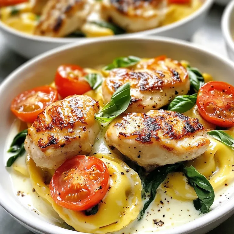 - 2 boneless, skinless chicken breasts - 1 tablespoon olive oil - 1 teaspoon garlic powder - 1 teaspoon Italian seasoning - Salt and pepper to taste - 1 cup cherry tomatoes, halved - 2 cups fresh spinach - 1 cup heavy cream - 1 cup grated Parmesan cheese - 1 package (9 oz) cheese tortellini - Fresh basil leaves for garnish This recipe serves four people. You can easily adjust the portions for larger groups. If you make extra, you can store leftovers for later. Each serving has juicy chicken, creamy sauce, and tasty tortellini. This dish is perfect for family dinners or date nights. You can swap ingredients based on your taste. Try chicken thighs instead of breasts for more flavor. Use vegetable oil if you don’t have olive oil. For a lighter option, choose half-and-half instead of heavy cream. If you want a vegan version, use tofu and almond milk. For the cheese, you can use nutritional yeast for a non-dairy option. Each swap can change the flavor, so feel free to experiment! {{ingredient_image_1}} First, gather your ingredients. You’ll need: - 2 boneless, skinless chicken breasts - 1 tablespoon olive oil - 1 teaspoon garlic powder - 1 teaspoon Italian seasoning - Salt and pepper to taste - 1 cup cherry tomatoes, halved - 2 cups fresh spinach - 1 cup heavy cream - 1 cup grated Parmesan cheese - 1 package (9 oz) cheese tortellini - Fresh basil leaves for garnish Now, season the chicken breasts with garlic powder, Italian seasoning, salt, and pepper. This mix adds great flavor. Next, heat the olive oil in a large skillet over medium-high heat. Add the chicken breasts. Cook for about 6-7 minutes on each side. Look for a golden brown color. Ensure the chicken is cooked through. Remove it from the skillet and let it rest for a few minutes. Slice the chicken into strips. In the same skillet, add the halved cherry tomatoes. Sauté them for 2-3 minutes until they soften. Then, add the fresh spinach. Cook it until it wilts, which takes about another minute. Pour in the heavy cream and stir well. This helps mix in all the tasty bits from the skillet. Add the grated Parmesan cheese and stir until it melts and becomes smooth. Meanwhile, cook the tortellini per the package instructions. Drain and set aside. Now, add the cooked tortellini to the skillet with the creamy sauce. Add the sliced chicken too. Gently toss everything together. Make sure all the ingredients mix well in the sauce. Adjust the seasoning to your taste. Serve the dish right away, garnished with fresh basil leaves. This gives a nice pop of color and aroma. Enjoy your Marry Me Chicken Tortellini! To get juicy chicken, start with even pieces. Cut your chicken breasts into similar sizes. Season well with garlic powder, Italian seasoning, salt, and pepper. Heat olive oil in a skillet on medium-high heat. Place the chicken in the hot oil and let it sear. Cook for 6-7 minutes on each side. You want a nice golden color. Use a meat thermometer to check for doneness; it should read 165°F. Let the chicken rest before slicing. This keeps it juicy and tasty. When making the cream sauce, use heavy cream for richness. This gives a nice, thick texture. After adding the cream, scrape the pan to mix in any tasty bits. Stir in grated Parmesan cheese slowly. This helps the cheese melt evenly and prevents clumping. If the sauce is too thick, add a splash of pasta water. This adds flavor and keeps the sauce creamy. Taste your sauce and adjust seasoning with salt and pepper as needed. Cook the tortellini in boiling water. Follow the package instructions for timing. Fresh tortellini usually cooks in 3-5 minutes. Stir gently to prevent sticking. Once cooked, drain the tortellini but save some pasta water. This water is great for adjusting your sauce later. Combine the tortellini with the creamy sauce and chicken. Toss gently to coat everything evenly. Enjoy your delicious meal! Pro Tips Rest the Chicken: Allow the seared chicken to rest for a few minutes before slicing. This helps retain its juices, making it more tender and flavorful. Use Fresh Ingredients: Whenever possible, opt for fresh spinach and tomatoes. They add vibrant flavor and nutrition compared to their canned or frozen counterparts. Adjust Creaminess: If you prefer a lighter sauce, you can substitute half of the heavy cream with chicken broth or a low-fat alternative. Garnish for Flavor: Don’t skip the fresh basil garnish! It adds a burst of flavor and a beautiful touch to your dish. {{image_2}} You can change the protein in Marry Me Chicken Tortellini for fun. Shrimp makes a great choice. It cooks quickly and adds a nice flavor. Just sauté the shrimp until they turn pink, then follow the same steps. Tofu is another option. Use firm tofu, cut into cubes, and sauté until golden. This gives you a tasty vegetarian dish. If you want a meatless version, skip the chicken entirely. You can add more veggies instead. Try bell peppers, zucchini, or mushrooms. Sauté these before adding the cream. This version keeps the dish rich and creamy. You won't miss the meat! While heavy cream is delicious, you can switch it up. For a lighter sauce, use half-and-half or milk. This will change the texture a bit, but it still tastes good. You can also try a tomato-based sauce for a different flavor. Simply replace the cream with crushed tomatoes and simmer. Each option gives you a unique twist on this classic dish. To keep your Marry Me Chicken Tortellini fresh, store it in an airtight container. Make sure to let it cool to room temperature before sealing. It can stay in the fridge for up to three days. If you have a larger batch, consider dividing it into smaller portions. This makes it easier to reheat later. When you’re ready to enjoy those tasty leftovers, heat them on the stove. Use a medium heat setting and add a splash of cream or water. This helps keep the sauce creamy. Stir gently until it’s warm all the way through. You can also use a microwave. Place it in a microwave-safe dish and cover it. Heat in 30-second intervals, stirring in between. If you want to save your Marry Me Chicken Tortellini for later, freezing works well. First, let it cool completely. Then, place it in a freezer-safe container or bag. Squeeze out excess air to prevent freezer burn. It can last for up to three months in the freezer. When you’re ready to eat it, thaw it overnight in the fridge. Reheat as mentioned above for the best taste. Yes, you can make Marry Me Chicken Tortellini in advance. Prepare the chicken, sauce, and tortellini. Store each part in separate containers. When ready to serve, reheat the sauce and chicken together. Cook the tortellini fresh for the best texture. This helps keep the dish creamy and delicious. Marry Me Chicken Tortellini pairs well with simple sides. Here are some ideas: - Garlic bread for a crunchy bite. - A fresh green salad for a light touch. - Steamed vegetables like broccoli or green beans for color. These options balance the rich flavors of the dish. You can adjust this recipe for dietary needs. Here are some easy swaps: - Use gluten-free tortellini for a gluten-free meal. - Swap chicken for tofu or shrimp for a different protein. - Use coconut cream instead of heavy cream for a dairy-free version. These changes keep the dish tasty while meeting dietary needs. You now know how to make Marry Me Chicken Tortellini from start to finish. We covered the key ingredients, how to cook, and tips for the best flavor and texture. Remember, you can swap proteins or sauces to suit your taste. Store leftovers properly to enjoy them later. This dish will impress anyone who tries it. Enjoy your cooking and make it your own!